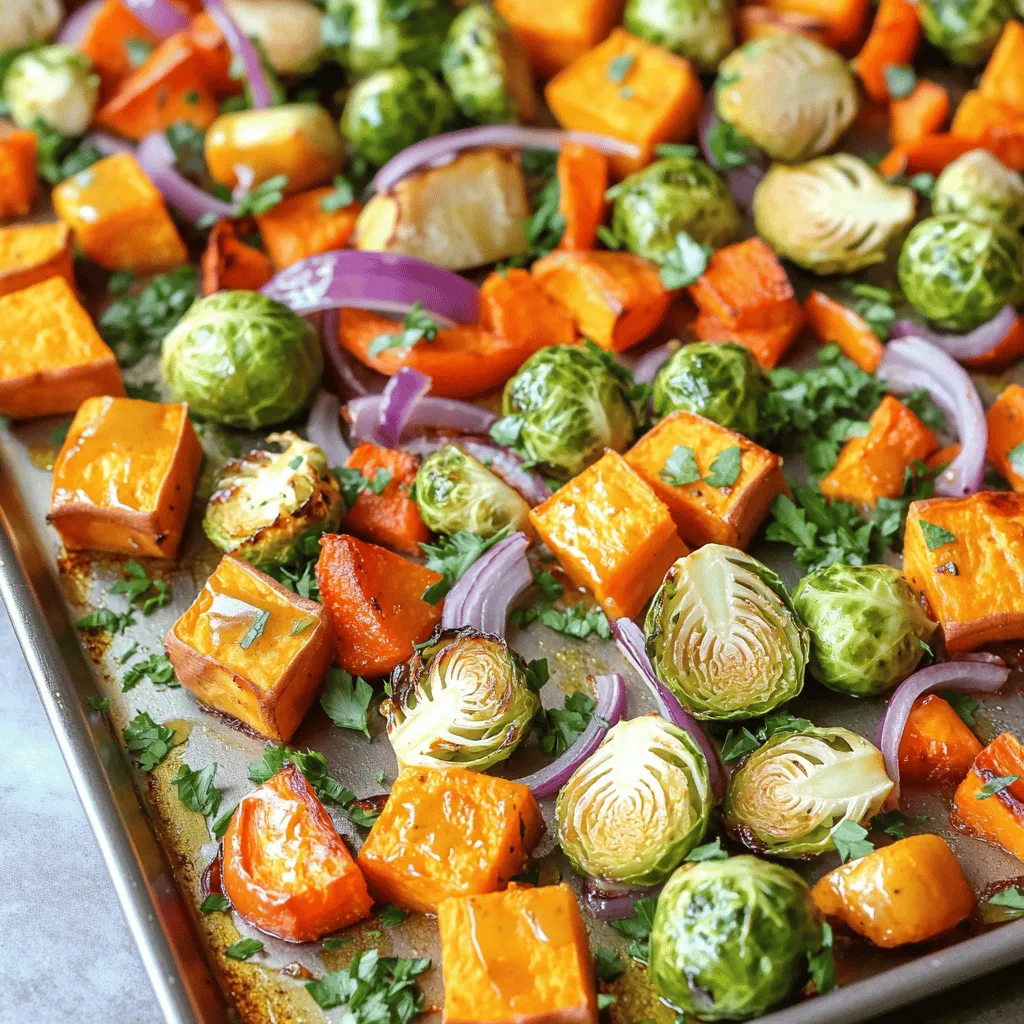 For this tasty dish, you will need: - 1 medium sweet potato, peeled and cubed - 1 cup Brussels sprouts, trimmed and halved - 1 red bell pepper, diced - 1 cup carrots, sliced - 1 red onion, cut into wedges These vegetables bring great flavors and colors to your meal. Sweet potatoes give a nice sweetness while Brussels sprouts add a bit of crunch. The bell pepper and carrots add brightness, and the red onion brings a bold taste. To make the maple Dijon dressing, gather these items: - 3 tablespoons olive oil - 2 tablespoons pure maple syrup - 1 tablespoon Dijon mustard - 1 teaspoon garlic powder - 1 teaspoon smoked paprika - Salt and pepper to taste This dressing is the star of the dish! The maple syrup adds sweetness and the Dijon mustard gives a nice tang. Garlic powder and smoked paprika add depth to the flavor. For seasoning, use: - Salt and pepper to taste - Fresh parsley, chopped for garnish These simple seasonings help enhance the natural flavors of the veggies. The parsley adds a pop of color and fresh taste when you serve the dish. You can be creative with your toppings, but this keeps it fresh and simple! Start by washing all your veggies. For the sweet potato, peel it and cut it into small cubes. This helps it cook evenly. Take the Brussels sprouts and trim the ends. Slice them in half. Next, dice the red bell pepper and slice the carrots. Finally, cut the red onion into wedges. Place all these veggies in a large mixing bowl. In a small bowl, combine 3 tablespoons of olive oil, 2 tablespoons of pure maple syrup, and 1 tablespoon of Dijon mustard. Add 1 teaspoon of garlic powder and 1 teaspoon of smoked paprika to the mix. Season with salt and pepper. Whisk everything together until it’s smooth. This dressing gives your veggies a sweet and tangy flavor. Preheat your oven to 425°F (220°C). Line a large baking sheet with parchment paper. This step makes cleaning easier. Pour the dressing over the veggies in the bowl. Toss them well so everything is coated. Spread the veggies on the baking sheet in a single layer. Make sure they aren't too close together. Roast them in the oven for about 25 to 30 minutes. Stir the veggies halfway through to help them cook evenly. When they are tender and golden brown, they are ready. Let them cool slightly and garnish with fresh parsley before serving. For the best results, set your oven to 425°F (220°C). This high heat helps the veggies caramelize. Roast them for about 25 to 30 minutes. Stir halfway through to ensure even cooking. You want them tender and golden. To roast veggies well, spread them out in a single layer. Avoid crowding the pan. If they are too close, they will steam instead of roast. Use a large baking sheet for this recipe. Parchment paper helps with cleanup and prevents sticking. These veggies shine as a side dish. Serve them with grilled chicken or fish. You can also enjoy them on a bed of quinoa or rice. For extra flavor, add a squeeze of lemon juice before serving. Garnish with fresh parsley for a pop of color. {{image_2}} You can switch up the veggies to suit your taste. Try using cauliflower or zucchini. Broccoli and asparagus also work well. These veggies roast nicely and soak up the maple Dijon flavor. If you want a twist, change the dressing. Try balsamic vinegar for a tangy kick. You can also use a lemon-garlic mix for a fresh taste. Each dressing adds its own unique style to the dish. To make this dish a full meal, add protein. Chicken breast or tofu can blend well. Shrimp also cooks quickly and adds a nice flavor. Just make sure to adjust cooking time for the protein you choose. After cooking, let the veggies cool down. Store them in an airtight container. They stay fresh in the fridge for up to four days. Make sure to label the container with the date. This helps you keep track of freshness. To reheat, use the oven for best results. Preheat your oven to 350°F (175°C). Spread the veggies on a baking sheet. Heat them for about 10-15 minutes, or until warm. You can also use the microwave. Heat in short bursts of 30 seconds. Stir between each burst to ensure even heating. You can freeze the veggies for later use. Allow them to cool completely, then place in a freezer-safe bag. Remove as much air as possible before sealing. These roasted veggies can last for up to three months in the freezer. When you're ready to eat, thaw them in the fridge overnight. Reheat as mentioned above. Yes, you can use other vegetables. Some great options include zucchini, cauliflower, or butternut squash. Just make sure to cut them into similar sizes. This helps them cook evenly. Mixing colors also makes the dish more fun. Try yellow squash or green beans for added variety. You can tell if the veggies are done by checking their color and texture. They should be golden brown and tender. Use a fork to poke them. If they feel soft, they are ready. You can also check for slight caramelization on the edges. This adds flavor. Yes, this recipe is easy to make vegan. The ingredients are mostly plant-based already. Just make sure the maple syrup is pure and not mixed with any animal products. You can also swap olive oil for another plant oil if you prefer. Enjoy your tasty vegan dish! We explored how to create great roasted veggies. You learned about the key ingredients, like vegetables, dressing, and seasonings. I walked you through the steps, from prepping to roasting, and shared tips to ensure perfect results. We also discussed fun variations, storage options, and answered common questions. Now you can enjoy delicious and healthy roasted vegetables every time. Get creative with your favorites and share them with others. Happy cooking!