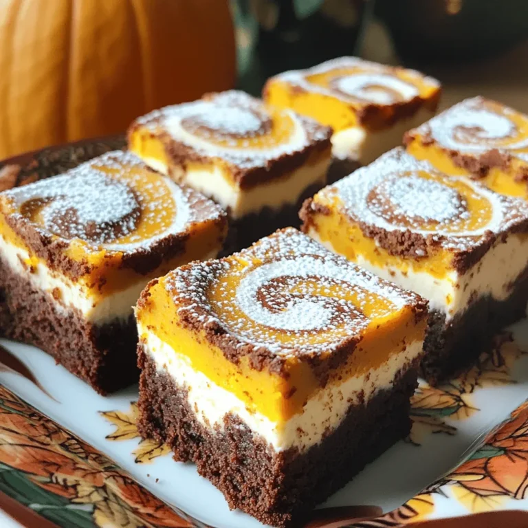 To make these delightful pumpkin brownie bites, gather these key ingredients: - 1 cup pumpkin puree - 1/2 cup unsweetened cocoa powder - 1 cup granulated sugar - 1/2 cup brown sugar, packed - 1/2 cup vegetable oil - 3 large eggs - 1 teaspoon vanilla extract - 1 cup all-purpose flour - 1 teaspoon baking powder - 1/2 teaspoon salt - 1 teaspoon ground cinnamon - 1/2 teaspoon ground nutmeg - 1/2 cup cream cheese, softened - 1/4 cup powdered sugar - 1 tablespoon milk These ingredients blend to create a rich and moist brownie that shines with pumpkin flavor. You can add a twist to your pumpkin brownie bites with some optional ingredients: - Chopped nuts (like walnuts or pecans) for crunch - Chocolate chips for extra sweetness - Dried cranberries or raisins for a fruity touch - A sprinkle of sea salt for a savory bite Feel free to mix and match based on your taste! If you need to swap out any ingredients, here are some great options: - Use applesauce instead of oil for a healthier brownie. - Substitute coconut sugar for granulated sugar for a lower glycemic index. - Replace all-purpose flour with almond flour for a gluten-free option. - Cream cheese can be swapped with Greek yogurt for a lighter swirl. These substitutions can help you adjust the recipe to fit your dietary needs while keeping the delicious flavors intact. To start, preheat your oven to 350°F (175°C). Line a mini muffin pan with mini cupcake liners. In a large bowl, mix together the pumpkin puree, unsweetened cocoa powder, granulated sugar, brown sugar, and vegetable oil. Stir until smooth. Add three large eggs one at a time, mixing well after each. Then, add the vanilla extract. In another bowl, whisk the all-purpose flour, baking powder, salt, cinnamon, and nutmeg. Gradually add this to the pumpkin mixture. Stir until just combined; don't overmix. This step makes your batter rich and flavorful. For the cream cheese swirl, take a separate bowl. Beat the softened cream cheese, powdered sugar, and milk together until smooth. This mixture adds a nice contrast to the brownie bites. It will be creamy and sweet. Now, fill each muffin liner about 2/3 full with the brownie batter. Then, use a small spoon or piping bag to add a dollop of the cream cheese mixture on top. With a toothpick or skewer, gently swirl the cream cheese into the brownie batter. This creates a beautiful marbled effect. Bake in the preheated oven for 15 to 18 minutes. Insert a toothpick into the center to check if they are done. If it comes out clean, they are ready. Let the brownie bites cool in the pan for about 10 minutes. After that, transfer them to a wire rack to cool completely. Enjoy your delicious pumpkin brownie bites! To get that perfect brownie texture, focus on mixing. Combine the wet and dry ingredients just enough. Over-mixing can lead to tough bites. Use a light touch when folding the flour mixture into the wet mix. This keeps your brownie bites soft and chewy. Bake them until a toothpick comes out clean, but not too dry. The center should feel slightly soft. For an amazing cream cheese swirl, ensure your cream cheese is softened. This helps it mix smoothly. Beat it with powdered sugar and milk until it's creamy. Use a piping bag or a small spoon to add the cream cheese on top of the batter. Swirl gently with a toothpick. Don’t overdo the swirling; you want a marbled look, not a mixed one. Serve these brownie bites on a pretty platter. A decorative touch makes them more inviting. Dust with powdered sugar for a sweet finish. A sprinkle of ground nutmeg adds a nice autumn flavor. Let them cool completely before serving. This keeps them from falling apart. Pair with coffee or tea for a delightful treat. {{image_2}} You can make this treat gluten-free with a simple swap. Use a gluten-free flour blend instead of all-purpose flour. This blend works well in most recipes. Just measure it the same way as regular flour. The taste and texture stay close to the original. You still get that rich chocolate flavor with pumpkin goodness! Want a vegan version? You can make an easy swap for the cream cheese. Use a plant-based cream cheese instead. Look for brands that taste good and have a smooth texture. Mix it with powdered sugar and plant-based milk. This keeps the swirl creamy without using animal products. Enjoy the same marbled effect with a vegan twist! Make your brownie bites even better by adding fun mix-ins. Try adding chocolate chips for extra sweetness. Nuts like walnuts or pecans add a nice crunch. If you want a spice kick, add a dash of cayenne pepper or a sprinkle of ginger. You can even fold in dried fruits like cranberries or cherries. These add a fruity burst to every bite! To store your leftover pumpkin brownie bites, place them in an airtight container. Keep them at room temperature for up to three days. If you want them to last longer, store them in the fridge. They will stay fresh for about a week when chilled. You can freeze these brownie bites for later. First, let them cool completely. Then, wrap each bite in plastic wrap. Place the wrapped bites in a freezer-safe bag or container. They can last for up to three months in the freezer. When you’re ready to enjoy them, just thaw them overnight in the fridge. To reheat your brownie bites, preheat your oven to 350°F (175°C). Place the bites on a baking sheet and heat for about 5-7 minutes. You can also use the microwave for a quick warm-up. Heat them for about 10-15 seconds, but watch closely to avoid drying them out. Enjoy your warm and tasty treats! You can use mashed banana or applesauce. Both add moisture and sweetness. If you want spice, try butternut squash puree. Each of these options changes the flavor slightly but keeps the texture. Yes, you can make these brownie bites ahead. Bake them, then store in an airtight container. They stay fresh for up to three days at room temperature. For longer storage, freeze them. Just thaw before serving. Check them at 15 minutes. Insert a toothpick into the center. If it comes out clean, they are done. The edges should look firm while the center is slightly soft. Don't overbake; they stay moist inside. You learned how to make tasty brownie bites with a cream cheese swirl. We covered key ingredients, easy steps, and helpful tips. You can customize these treats for different diets and flavors. Storing them is simple, and we discussed how to reheat them well. Now, you can impress friends and family with your baking skills. Try these ideas, and make your next gathering special with my brownie bites. Enjoy your baking adventure!