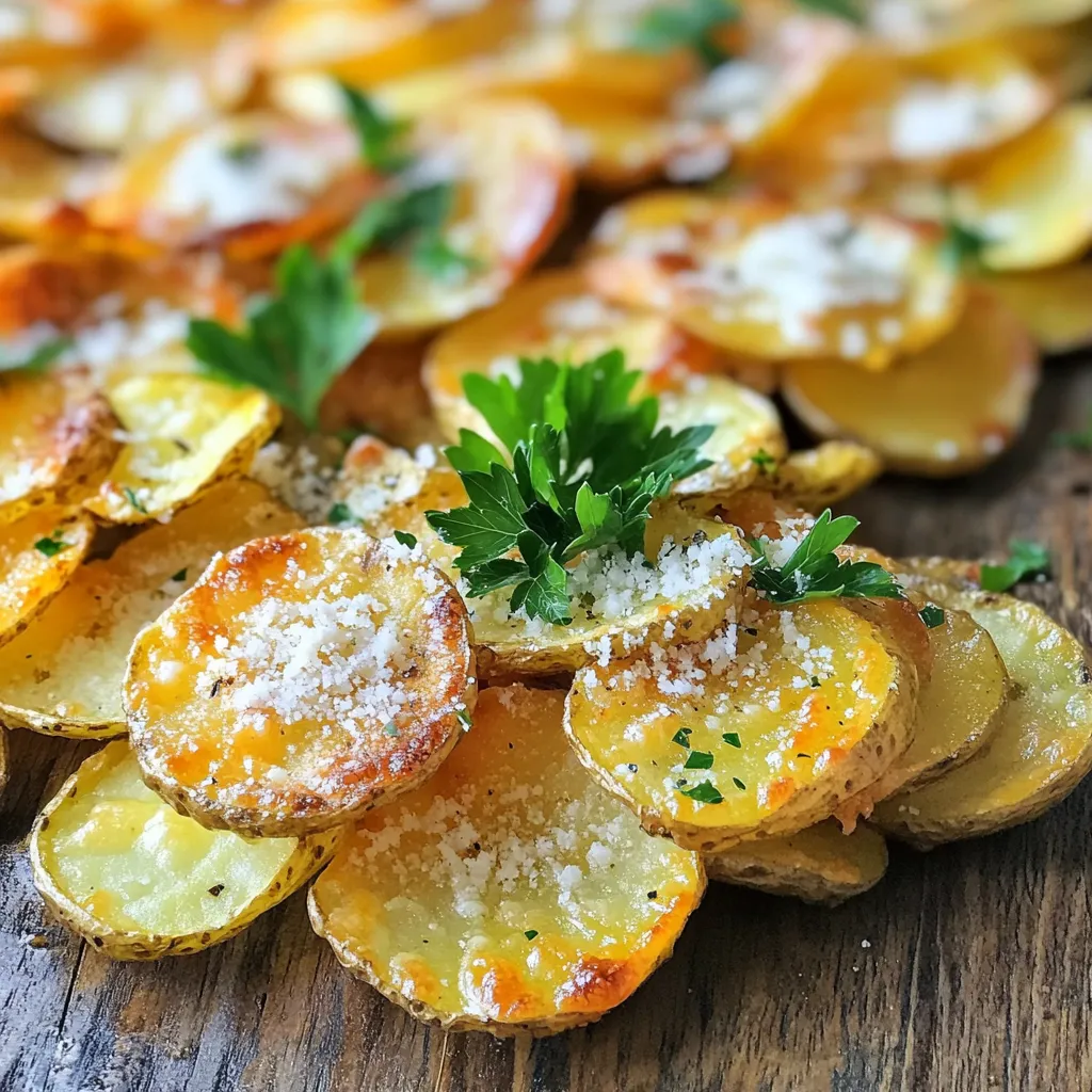 - 2 large russet potatoes - 3 tablespoons olive oil - 1 teaspoon garlic powder - 1 teaspoon onion powder - 1 teaspoon smoked paprika - ½ teaspoon sea salt - ½ cup grated Parmesan cheese - Freshly cracked black pepper, to taste - Chopped fresh parsley, for garnish (optional) Russet potatoes work best for chips. They are starchy, which makes them crispy. Olive oil helps the chips brown and adds flavor. Garlic powder gives a nice kick, while onion powder adds depth. Smoked paprika adds a rich, smoky taste. Sea salt enhances all the flavors. Grated Parmesan cheese brings a salty, nutty note that melts perfectly on hot chips. Freshly cracked black pepper adds a bit of heat, and parsley gives a fresh touch. If you want a different flavor, try sweet potatoes instead of russets. You can also use avocado oil in place of olive oil for a different taste. If you don't have garlic powder, fresh garlic works too. Just use less, as it's stronger. For a spicy kick, use cayenne pepper instead of smoked paprika. If you want a different cheese, try cheddar or nutritional yeast for a vegan option. First, wash your russet potatoes well. Scrub them under cold water to remove dirt. This step is vital to keep your chips clean and tasty. Next, thinly slice the potatoes. I recommend using a mandoline slicer for even cuts. Aim for slices about 1/8 inch thick. This thickness gives you that perfect crunch. After slicing, place the potato slices in a bowl of cold water. Let them soak for 30 minutes. This soaking helps to remove excess starch. Less starch means crispier chips. It’s a simple trick that makes a big difference in texture. Once the soaking is done, drain the slices. Pat them dry with a clean kitchen towel or paper towels. Make sure they are completely dry. Now, it’s time to season. In a large bowl, mix olive oil, garlic powder, onion powder, smoked paprika, sea salt, and black pepper. Toss the dry potato slices in this mix until fully coated. Next, preheat your air fryer to 375°F (190°C). Arrange the seasoned potato slices in a single layer in the air fryer basket. Avoid overcrowding for even cooking. Cook for 12 to 15 minutes. Be sure to shake the basket halfway through. This helps them cook evenly. When they turn golden brown and crispy, they are ready! As soon as they come out, sprinkle grated Parmesan cheese on top. The heat will slightly melt the cheese, adding flavor. Let the chips cool for a minute. If you like, you can garnish them with chopped parsley for a fresh look. Enjoy your homemade Parmesan garlic potato chips! To get that perfect crunch from your chips, slice them thin. Aim for 1/8-inch thickness. I use a mandoline slicer for even cuts. If you cut them too thick, they will not crisp well. Thin slices cook evenly and turn out nice and crunchy. Drying your potato slices is key. After soaking, make sure to drain and pat them dry. Use a clean kitchen towel or paper towels. The drier they are, the crisper they will get in the air fryer. Moisture leads to soggy chips, which we want to avoid. Seasoning makes a big difference in flavor. I mix olive oil, garlic powder, onion powder, smoked paprika, sea salt, and black pepper in a bowl. Toss the dry potato slices in this mix until they are fully coated. This step ensures every chip is flavorful and delicious. Remember to sprinkle the Parmesan while the chips are hot, so it melts beautifully. {{image_2}} You can change the flavor of the chips easily. For a ranch taste, mix in ranch seasoning with your oil and spices. It gives a creamy, zesty kick. If you like heat, add cayenne pepper or chili powder. These spices will make your chips spicy and fun. While Parmesan works great, other cheeses can shine too. Try cheddar for a sharp taste. Feta adds a tangy twist, while mozzarella offers a mild flavor. Each cheese gives the chips a unique taste, so feel free to experiment! Don't just stop at potatoes! You can slice sweet potatoes for a sweeter chip. Beets give a deep color and earthy taste. Zucchini chips are light and crispy. Just remember to adjust cooking times since different veggies have varied moisture levels. To keep your leftover chips fresh, you need to store them right. Let the chips cool completely. Place them in a single layer on a plate for a bit. This will help avoid sogginess. After cooling, transfer them to an airtight container. You can also use a resealable bag. Keep the fries in a cool, dry place. They will stay good for up to three days. When it's time to enjoy your leftover chips, you can reheat them. Preheat your air fryer to 350°F (175°C). Place the chips in the basket in a single layer. Heat them for about 3-5 minutes. This will make them crispy again. Keep an eye on them to avoid burning. The best containers for your chips are airtight. Glass jars work well. You can also use plastic containers with tight seals. Resealable bags are great, too. Just squeeze out as much air as you can. This helps keep your chips fresh longer. To make air fryer potato chips crispy, follow these steps. First, soak the slices in cold water. This removes excess starch. Then, dry the slices well. Use a clean towel or paper towels. This helps them crisp up in the air fryer. When seasoning, don’t overdo it. A light coating of oil and spices works best. Finally, air fry them in a single layer. This allows hot air to circulate, making them crunchy. Yes, you can use different potatoes. Russet potatoes are great for their starch content. They become light and crispy. Yukon golds are another good choice. They have a creamy texture and flavor. Red potatoes work too, but they may be less crispy. Experiment to find what you like best! When choosing an air fryer for chips, consider size and power. A model with at least 1500 watts cooks well. Brands like Philips and Ninja are popular. They heat evenly and have good airflow. Check for a basket that holds a single layer of chips. This ensures they fry correctly. You’ve learned how to make delicious air fryer potato chips. We covered essential ingredients, step-by-step instructions, tips, and variations. Each part helps create the perfect chips at home. Remember to soak the potatoes for extra crispiness and choose flavors you love. Whether storing leftovers or exploring new toppings, these tips will keep your chips fresh and tasty. Enjoy your cooking journey and share your tasty results!