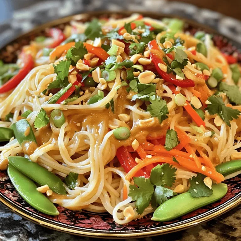 To make Spicy Peanut Dragon Noodles, you need these key items: - 8 oz. rice noodles - 1 cup peanut butter (smooth or chunky) - 3 tablespoons soy sauce - 2 tablespoons lime juice - 2 tablespoons sesame oil - 1 tablespoon honey or maple syrup - 1 tablespoon Sriracha (adjust for spice preference) - 1 red bell pepper, thinly sliced - 1 cup snap peas, trimmed - 1 carrot, julienned - 2 green onions, thinly sliced - 1/4 cup chopped fresh cilantro (for garnish) - Crushed peanuts (for garnish) These ingredients create a bold and creamy sauce that coats the noodles perfectly. You can enhance your meal with these tasty options: - Chopped peanuts for crunch - Fresh cilantro for brightness - Extra Sriracha for more heat - Lime wedges for extra zest These garnishes give your dish a nice touch and can add more flavor. If you have dietary needs, here are some easy swaps: - Use gluten-free rice noodles for a gluten-free option. - Substitute almond butter or sunflower seed butter for peanut butter. - Replace honey with agave syrup for a vegan choice. - Add tofu or chicken if you want extra protein. These alternatives make the recipe friendly to various diets while keeping it delicious. First, bring a large pot of salted water to a boil. Add 8 oz. of rice noodles. Cook them according to the package instructions until they are al dente. This usually takes about 6-8 minutes. After cooking, drain the noodles and rinse them under cold water. This stops the cooking. Set them aside to cool. In a large bowl, mix together the sauce. Add 1 cup of peanut butter, 3 tablespoons of soy sauce, and 2 tablespoons of lime juice. Then, add 2 tablespoons of sesame oil, 1 tablespoon of honey or maple syrup, and 1 tablespoon of Sriracha. Stir until the mixture is smooth and creamy. If the sauce is too thick, add a tablespoon of water to help it drizzle. Take a large pan and heat it over medium heat. Drizzle some sesame oil in the pan. Add the sliced red bell pepper, trimmed snap peas, and julienned carrot. Sauté the veggies for about 3-4 minutes. You want them to soften a little but still be crunchy. Now it's time to bring everything together. Add the drained noodles to the pan with the cooked veggies. Pour the peanut sauce over the noodles. Toss everything together gently over medium heat for about 2-3 minutes. This way, the noodles get coated in that delicious sauce and heat through. Once everything is well mixed, remove the pan from the heat. Sprinkle chopped green onions and cilantro on top. For a nice crunch, add some crushed peanuts. Serve your Spicy Peanut Dragon Noodles warm, and enjoy the burst of flavors! To get the best sauce, start with smooth peanut butter. Mix the peanut butter with soy sauce, lime juice, sesame oil, honey, and Sriracha in a bowl. If the sauce is too thick, add a tablespoon of water. This helps it drizzle nicely over the noodles. The right consistency makes a big difference. You can switch up the veggies for more taste. Try using broccoli, zucchini, or bell peppers. You can also add mushrooms or baby corn. Each choice adds a unique flavor and texture. Feel free to be creative with what you have in your fridge! If you like it spicy, add more Sriracha. Start with the tablespoon in the recipe. Taste the sauce, and add more if you want heat. To tone it down, skip the Sriracha or use less. You can also add a bit of sugar to balance the heat if needed. {{image_2}} To make a cold version, start with the same ingredients. Cook the rice noodles and rinse them in cold water. Prepare the sauce as usual, but chill it for a refreshing twist. Toss the cold noodles with the sauce and veggies. This is perfect for hot days or picnics. You can add protein to make this dish heartier. For tofu, use firm tofu. Cube it and pan-fry until golden. For chicken, grill or stir-fry bite-sized pieces. If you prefer shrimp, sauté them until pink. Mix your choice of protein in with the noodles and sauce. This adds flavor and makes the meal more filling. To make this recipe gluten-free, swap regular soy sauce for tamari. For a vegan version, use maple syrup instead of honey. Ensure your peanut butter is free from animal products. With these changes, anyone can enjoy this dish without worry. It still tastes delicious and satisfying! To keep your Spicy Peanut Dragon Noodles fresh, store them right after cooling. Place the noodles in an airtight container. This helps keep them from drying out. If you have extra sauce, store it in a separate container. Leftovers stay good for about three days in the fridge. When you're ready to eat the leftovers, you can easily reheat them. Just take the noodles out of the fridge. You can use a microwave or a pan. If using the microwave, heat for one minute, then stir. If using a pan, add a splash of water to help steam them. Heat over low heat until warm, making sure not to overcook. For storing your noodles, I recommend using glass containers. They are safe and do not hold smells. You can also use BPA-free plastic containers. Just ensure they have tight-fitting lids to keep air out. This way, your noodles will taste fresh when you’re ready to enjoy them again! I recommend rice noodles. They cook quickly and absorb the sauce well. You can also use soba or egg noodles. Just remember to adjust the cooking time based on the type of noodles. Yes, you can make the sauce ahead of time. Just store it in the fridge. It keeps well for about a week. When you’re ready, just stir it before using. You might need to add a little water to thin it out. To lower the spice, reduce the Sriracha. Start with a smaller amount, like half a tablespoon. You can also add more peanut butter or honey. This will balance the heat and add sweetness. Yes, the peanut sauce is already vegan if you use maple syrup instead of honey. All the other ingredients are plant-based. Just check your soy sauce for any non-vegan additives. You can serve these noodles with a side salad or steamed veggies. They pair well with tofu or grilled chicken for protein. You could also enjoy them with spring rolls for a fun meal. Spicy Peanut Dragon Noodles are fun and easy to make. We covered key ingredients, step-by-step instructions, and helpful tips. You can adapt the dish to fit your needs, whether vegan or gluten-free. Leftovers store well and reheat easily. Now, it’s your turn. Try making this dish, adjusting the spice, and adding your favorite veggies. Enjoy the depth of flavors and textures. Savor each bite, and share this simple recipe with friends!