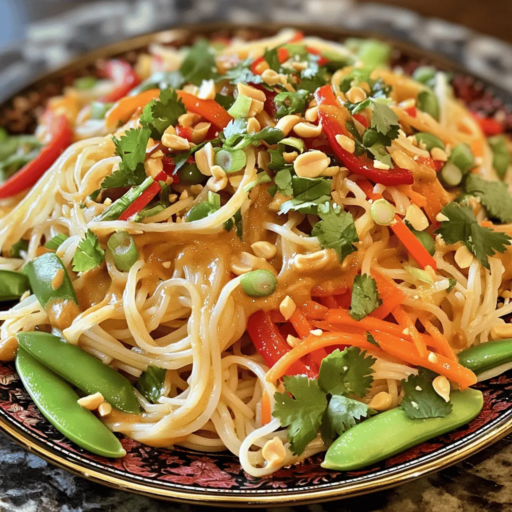 To make Spicy Peanut Dragon Noodles, you need these key items: - 8 oz. rice noodles - 1 cup peanut butter (smooth or chunky) - 3 tablespoons soy sauce - 2 tablespoons lime juice - 2 tablespoons sesame oil - 1 tablespoon honey or maple syrup - 1 tablespoon Sriracha (adjust for spice preference) - 1 red bell pepper, thinly sliced - 1 cup snap peas, trimmed - 1 carrot, julienned - 2 green onions, thinly sliced - 1/4 cup chopped fresh cilantro (for garnish) - Crushed peanuts (for garnish) These ingredients create a bold and creamy sauce that coats the noodles perfectly. You can enhance your meal with these tasty options: - Chopped peanuts for crunch - Fresh cilantro for brightness - Extra Sriracha for more heat - Lime wedges for extra zest These garnishes give your dish a nice touch and can add more flavor. If you have dietary needs, here are some easy swaps: - Use gluten-free rice noodles for a gluten-free option. - Substitute almond butter or sunflower seed butter for peanut butter. - Replace honey with agave syrup for a vegan choice. - Add tofu or chicken if you want extra protein. These alternatives make the recipe friendly to various diets while keeping it delicious. First, bring a large pot of salted water to a boil. Add 8 oz. of rice noodles. Cook them according to the package instructions until they are al dente. This usually takes about 6-8 minutes. After cooking, drain the noodles and rinse them under cold water. This stops the cooking. Set them aside to cool. In a large bowl, mix together the sauce. Add 1 cup of peanut butter, 3 tablespoons of soy sauce, and 2 tablespoons of lime juice. Then, add 2 tablespoons of sesame oil, 1 tablespoon of honey or maple syrup, and 1 tablespoon of Sriracha. Stir until the mixture is smooth and creamy. If the sauce is too thick, add a tablespoon of water to help it drizzle. Take a large pan and heat it over medium heat. Drizzle some sesame oil in the pan. Add the sliced red bell pepper, trimmed snap peas, and julienned carrot. Sauté the veggies for about 3-4 minutes. You want them to soften a little but still be crunchy. Now it's time to bring everything together. Add the drained noodles to the pan with the cooked veggies. Pour the peanut sauce over the noodles. Toss everything together gently over medium heat for about 2-3 minutes. This way, the noodles get coated in that delicious sauce and heat through. Once everything is well mixed, remove the pan from the heat. Sprinkle chopped green onions and cilantro on top. For a nice crunch, add some crushed peanuts. Serve your Spicy Peanut Dragon Noodles warm, and enjoy the burst of flavors! To get the best sauce, start with smooth peanut butter. Mix the peanut butter with soy sauce, lime juice, sesame oil, honey, and Sriracha in a bowl. If the sauce is too thick, add a tablespoon of water. This helps it drizzle nicely over the noodles. The right consistency makes a big difference. You can switch up the veggies for more taste. Try using broccoli, zucchini, or bell peppers. You can also add mushrooms or baby corn. Each choice adds a unique flavor and texture. Feel free to be creative with what you have in your fridge! If you like it spicy, add more Sriracha. Start with the tablespoon in the recipe. Taste the sauce, and add more if you want heat. To tone it down, skip the Sriracha or use less. You can also add a bit of sugar to balance the heat if needed. {{image_2}} To make a cold version, start with the same ingredients. Cook the rice noodles and rinse them in cold water. Prepare the sauce as usual, but chill it for a refreshing twist. Toss the cold noodles with the sauce and veggies. This is perfect for hot days or picnics. You can add protein to make this dish heartier. For tofu, use firm tofu. Cube it and pan-fry until golden. For chicken, grill or stir-fry bite-sized pieces. If you prefer shrimp, sauté them until pink. Mix your choice of protein in with the noodles and sauce. This adds flavor and makes the meal more filling. To make this recipe gluten-free, swap regular soy sauce for tamari. For a vegan version, use maple syrup instead of honey. Ensure your peanut butter is free from animal products. With these changes, anyone can enjoy this dish without worry. It still tastes delicious and satisfying! To keep your Spicy Peanut Dragon Noodles fresh, store them right after cooling. Place the noodles in an airtight container. This helps keep them from drying out. If you have extra sauce, store it in a separate container. Leftovers stay good for about three days in the fridge. When you're ready to eat the leftovers, you can easily reheat them. Just take the noodles out of the fridge. You can use a microwave or a pan. If using the microwave, heat for one minute, then stir. If using a pan, add a splash of water to help steam them. Heat over low heat until warm, making sure not to overcook. For storing your noodles, I recommend using glass containers. They are safe and do not hold smells. You can also use BPA-free plastic containers. Just ensure they have tight-fitting lids to keep air out. This way, your noodles will taste fresh when you’re ready to enjoy them again! I recommend rice noodles. They cook quickly and absorb the sauce well. You can also use soba or egg noodles. Just remember to adjust the cooking time based on the type of noodles. Yes, you can make the sauce ahead of time. Just store it in the fridge. It keeps well for about a week. When you’re ready, just stir it before using. You might need to add a little water to thin it out. To lower the spice, reduce the Sriracha. Start with a smaller amount, like half a tablespoon. You can also add more peanut butter or honey. This will balance the heat and add sweetness. Yes, the peanut sauce is already vegan if you use maple syrup instead of honey. All the other ingredients are plant-based. Just check your soy sauce for any non-vegan additives. You can serve these noodles with a side salad or steamed veggies. They pair well with tofu or grilled chicken for protein. You could also enjoy them with spring rolls for a fun meal. Spicy Peanut Dragon Noodles are fun and easy to make. We covered key ingredients, step-by-step instructions, and helpful tips. You can adapt the dish to fit your needs, whether vegan or gluten-free. Leftovers store well and reheat easily. Now, it’s your turn. Try making this dish, adjusting the spice, and adding your favorite veggies. Enjoy the depth of flavors and textures. Savor each bite, and share this simple recipe with friends!