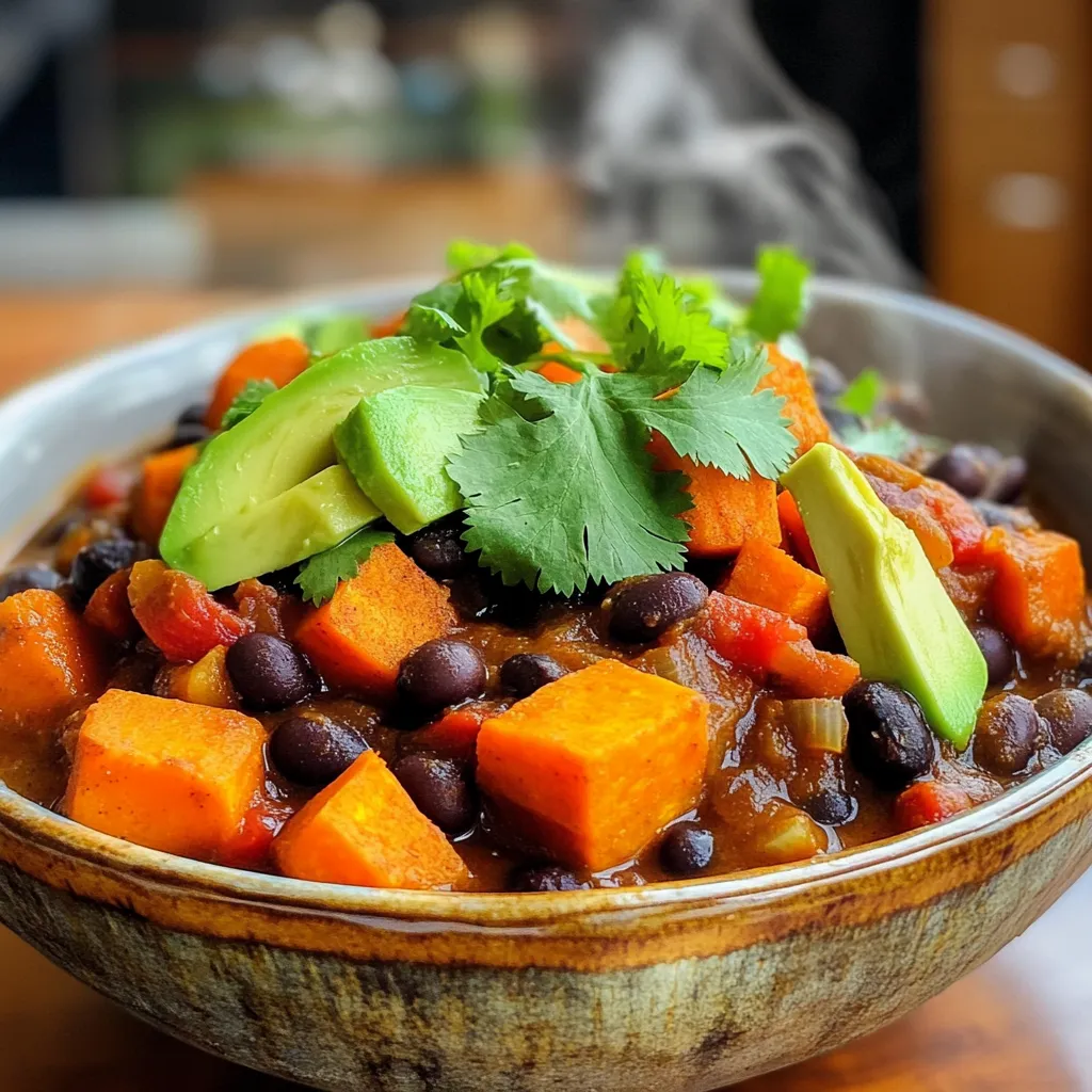 - 2 medium sweet potatoes, peeled and diced - 1 can (15 oz) black beans, drained and rinsed - 1 can (14.5 oz) diced tomatoes with green chilies - 1 medium onion, chopped - 2 cloves garlic, minced - 1 bell pepper (red or green), chopped - 1 cup vegetable broth - 1 tablespoon chili powder - 1 teaspoon cumin - 1 teaspoon paprika - 1/2 teaspoon cayenne pepper (adjust for heat preference) - Salt and pepper to taste I love using these fresh ingredients. Sweet potatoes add a hint of sweetness. Black beans bring protein and texture. Diced tomatoes with green chilies give a nice kick. Fresh onion and garlic create a rich base. Bell pepper adds color and crunch. - Fresh cilantro for garnish - Avocado slices for topping Adding garnishes makes your chili extra special. Cilantro brings a fresh taste. Avocado adds creaminess and balance. This chili is healthy and filling. It is high in fiber and vitamins. One serving has around 250 calories. It is low in fat and can fit into many diets. The black beans boost protein, while sweet potatoes offer complex carbs. Enjoy this guilt-free meal! Start by peeling the sweet potatoes. Use a sharp knife for safety. Dice them into small cubes. Aim for even sizes to help them cook well. Next, chop the onion and bell pepper. Mince the garlic cloves. These veggies add great flavor to the chili. In your slow cooker, add the diced sweet potatoes. Then, pour in the drained black beans. Next, add the chopped onion and minced garlic. Toss in the bell pepper for more color and taste. Open the can of diced tomatoes with green chilies. Pour them in, along with the vegetable broth. Stir everything well to mix it up. Next, sprinkle in the chili powder, cumin, paprika, and cayenne pepper. Add salt and pepper to taste. Mix again to ensure all spices blend with the ingredients. Cover the slow cooker with its lid. Set it to low for 6-8 hours. If you’re short on time, use the high setting for 3-4 hours. Check the sweet potatoes for tenderness before serving. If you want a thicker chili, mash some sweet potatoes with a potato masher. This gives the chili a nice texture. Taste your chili and adjust the seasonings if needed. Enjoy it hot! To make the best sweet potato black bean chili, follow these simple tips: - Cut sweet potatoes evenly. Small, even cubes cook well and stay tender. - Layer ingredients wisely. Start with sweet potatoes at the bottom. This helps them cook faster. - Don’t lift the lid. Each time you open it, you lose heat and extend cooking time. - Choose the right setting. For a busy day, use low heat for 6-8 hours. If you’re short on time, high heat for 3-4 hours works too. Spice is personal. You can easily adjust the heat in this chili: - Start with less cayenne. Use just 1/4 teaspoon if you prefer mild flavors. - Taste as you go. After cooking, taste the chili and see if it needs more spice. - Add toppings wisely. Fresh avocado or sour cream can cool down heat for those who like it mild. - Serve with hot sauce. Let everyone add their own heat to their bowl. This chili is great on its own, but here are some fun ways to serve it: - Top with fresh cilantro. It adds a nice freshness. - Add avocado slices. They give a creamy texture. - Serve with crusty bread. A warm slice pairs well to soak up the chili. - Try it over rice. This adds a nice base and makes the meal heartier. - Use as a dip. Serve it with tortilla chips for a fun party snack. {{image_2}} You can make this chili even better by adding more veggies. Try corn for sweetness. Zucchini adds a nice texture. Carrots can bring some crunch and color. Just chop them small so they cook well. You can use any veggies you love or have at home. If you want to add meat, ground turkey or beef works great. Cook the meat first, then mix it into the slow cooker. You can also use shredded chicken for a lighter taste. These additions will make the chili heartier while still keeping it delicious. To spice things up, add jalapeños or hot sauce for heat. A squeeze of lime juice brightens the flavor. You can also toss in some smoked paprika for a deeper taste. For a hint of sweetness, mix in a tablespoon of honey or maple syrup. Experiment with your favorite spices until it’s just right! After you enjoy your sweet potato black bean chili, let it cool. Transfer it to an airtight container. You can keep it in the fridge for up to five days. If you want to save it longer, consider freezing it. To reheat, scoop out the amount you want. You can use a microwave or a pot on the stove. If using a microwave, heat for two to three minutes, stirring halfway through. For the stovetop, warm it over low heat until hot, stirring often. To freeze, use freezer-safe bags or containers. Make sure to leave some space for the chili to expand. It can stay frozen for up to three months. When you’re ready to eat, thaw it overnight in the fridge. Then, reheat as mentioned above. Yes, you can make this chili on the stovetop. Simply start by sautéing the onion and garlic in a pot. Cook them until they are soft. Then, add the diced sweet potatoes, black beans, diced tomatoes, and vegetable broth. Stir in the spices and bring the mix to a boil. Reduce the heat and let it simmer for 30 to 40 minutes. Stir occasionally until the sweet potatoes are soft. This method is quick and still yields a tasty chili. Sweet potatoes are great, but they aren't the only choice. You can use other root vegetables like butternut squash or carrots. Each option gives the chili a different flavor and texture. Just make sure to cut them into small pieces, like the sweet potatoes. This way, they cook evenly and blend well with the other ingredients. To adjust the spice level, you can change the cayenne pepper amount. For milder chili, reduce it or leave it out. If you like it spicy, add more cayenne or even some diced jalapeños. You can also use hot sauce for extra heat. Taste as you go to find the perfect balance for your palate. In this blog post, we explored the key parts of making chili. We covered each ingredient, cooking steps, and tips to enhance flavor. I shared variations to fit any taste and easy storage tips for leftovers. Remember, chili is versatile and can cater to your cravings. Experiment with ingredients and have fun in the kitchen. Enjoy your delicious creation!