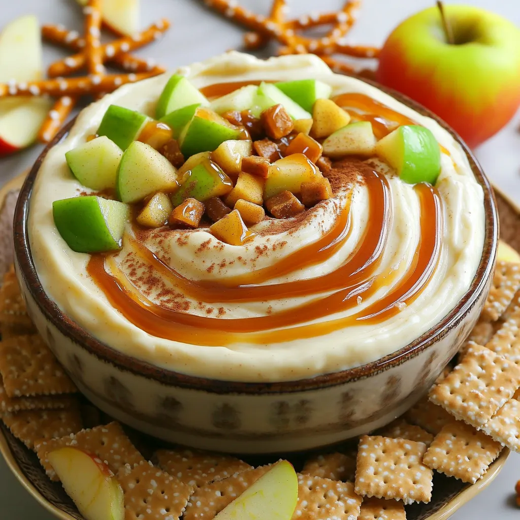To make this tasty caramel apple cheesecake dip, you will need: - 8 oz cream cheese, softened - 1 cup powdered sugar - 1 teaspoon vanilla extract - 1/2 teaspoon ground cinnamon - 1 cup sour cream - 1 cup caramel sauce (save 2 tablespoons for drizzling) - 1 large apple (like Granny Smith or Honeycrisp), diced - 1/2 cup toffee bits For dipping, I recommend trying: - Graham crackers - Pretzel sticks These additions bring a crunchy texture and enhance the flavor of the dip. When picking apples, choose ones that are firm and crisp. Look for apples that have rich color and no bruises. Granny Smith apples offer a tart taste that balances the sweet dip. Honeycrisp apples are juicy and sweet, adding a great flavor. Always wash your apples well before using them. First, grab a large mixing bowl. Put in 8 ounces of softened cream cheese. Use an electric mixer to beat it until it's smooth and creamy. This step is key for a great dip. Next, add 1 cup of powdered sugar. Mix it well until you see no lumps. Now, add 1 teaspoon of vanilla extract and 1/2 teaspoon of ground cinnamon. These add a nice flavor boost. Finally, mix in 1 cup of sour cream. Beat it all together until it looks silky and smooth. Now, it’s time to fold in the caramel. Take 3/4 cup of caramel sauce and gently mix it into the cream cheese base. Save the last 2 tablespoons for later. Then, add in your diced apple. I like to use a Granny Smith or Honeycrisp for their crunch. Stir in 1/2 cup of toffee bits, making sure they get coated in the dip. This adds a sweet crunch that pairs perfectly with the creamy base. Once everything is mixed, transfer the dip to a nice serving bowl. Drizzle the reserved caramel sauce on top. For an extra touch, sprinkle more toffee bits for extra crunch. Serve this dip right away with graham crackers or pretzel sticks. I also like to add a few apple slices around the bowl for decoration. A sprinkle of cinnamon gives it a lovely look and flavor. Enjoy this tasty treat with friends and family! To make your dip super creamy, start with soft cream cheese. Let it sit at room temperature for about 30 minutes. This helps it mix better. Use an electric mixer at medium speed to whip it. Beat until it's smooth without lumps. Finally, add the sour cream slowly and mix well. This makes the dip silky and rich. For a great look, use a fun bowl. After you place the dip inside, drizzle some caramel sauce on top. This adds a nice shine. You can also sprinkle extra toffee bits on top for crunch. Surround the dip with apple slices for color. It makes the dish pop and adds a fresh touch. If you have leftovers, store them in an airtight container. Keep it in the fridge for up to three days. When you want to eat it again, just stir it up. If it's too thick, add a splash of milk or cream. This will help it regain its creamy texture. Avoid reheating in the microwave, as it can change the taste. Enjoy your dip fresh for the best flavor! {{image_2}} You can make this dip lighter without losing flavor. Use low-fat cream cheese instead of regular. Greek yogurt is a great swap for sour cream. It adds protein and a nice tang. You can also use a sugar substitute for the powdered sugar. Look for ones that measure like regular sugar. Get creative with this dip! Add a splash of maple syrup for extra sweetness. Try using almond extract instead of vanilla for a unique taste. You might also add chopped nuts like walnuts or pecans. They give a nice crunch and flavor boost. If you love chocolate, mix in mini chocolate chips for a fun twist. This dip shines in fall, but you can adapt it for other seasons. In spring, swap apples for ripe strawberries or peaches. Summer brings fresh berries, which pair well with the creamy dip. In winter, try adding a touch of peppermint extract for a festive flair. Each season brings a new way to enjoy this tasty treat. To keep your caramel apple cheesecake dip fresh, store it in an airtight container. Place it in the fridge right after serving. Be sure to cover the dip tightly. This keeps it creamy and prevents it from drying out. If you have leftovers, use it within four days for the best taste. You can freeze this dip, but there’s a catch. Freezing may change its texture. To freeze, put it in a freezer-safe container. Leave some space at the top to allow for expansion. Seal it well and label it with the date. Use it within two months for the best flavor. Thaw it overnight in the fridge before serving. The main ingredients have different shelf lives. Cream cheese lasts about two weeks in the fridge after opening. Sour cream is good for about one to three weeks. Caramel sauce can last for months if stored well. The diced apple should be used within one day for the best crunch. Always check for signs of spoilage before use. Yes, you can make this dip ahead of time. Simply prepare the dip and store it in the fridge. It will stay fresh for up to two days. Just remember to cover it well. When you are ready to serve, drizzle the caramel on top. This way, it looks great and tastes fresh. For this recipe, I recommend using Granny Smith or Honeycrisp apples. Granny Smith apples give a nice tartness that balances the sweet dip. Honeycrisp apples add a juicy sweetness. You can also try Fuji or Gala apples for a different flavor. Just choose apples that are crisp and firm for the best texture. Making this dip gluten-free is easy. The main ingredients are already gluten-free. You just need to choose gluten-free dippers. Look for gluten-free graham crackers or use pretzel sticks made without gluten. Always check the labels to make sure they are safe. Enjoy your dip worry-free! This blog post covered how to make a delicious dip using simple ingredients. We explored the best apples, how to prepare the cream cheese base, and clever tips for creaminess. You can customize the dip with different flavors and learn how to store leftovers. Remember, this dip is easy to make and fun to share. So, gather your ingredients, invite some friends, and enjoy your tasty creation!