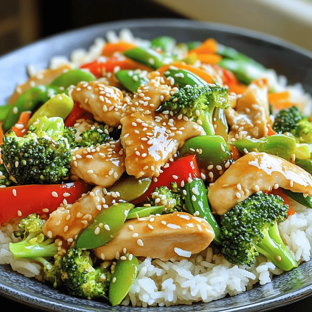 - 2 boneless, skinless chicken breasts, sliced into thin strips - 2 tablespoons sesame oil - 1 tablespoon freshly grated ginger - 3 cloves garlic, minced - 1 cup broccoli florets - 1 red bell pepper, sliced - 1 carrot, julienned - 1 cup snap peas - 3 tablespoons soy sauce - 2 tablespoons honey - 1 tablespoon rice vinegar - Salt and pepper to taste - Cooked jasmine rice or quinoa, for serving The main ingredients of this dish create a perfect balance of flavors and textures. First, the chicken serves as the protein source, giving you a satisfying bite. The veggies add crunch and color, making your meal visually appealing. The sauce components blend sweet and savory, enhancing the overall taste. - Sesame seeds - Green onions Garnishes can elevate your dish. Adding sesame seeds provides a nutty flavor and a nice crunch. Sliced green onions add freshness and a pop of color. Both garnishes make your meal look and taste even better. Feel free to adjust these based on your taste and what you have on hand. First, take your two boneless, skinless chicken breasts. Slice them into thin strips. This helps them cook faster and evenly. Next, season the chicken with salt and pepper. This simple step adds great flavor. Now, grab a large skillet or wok. Heat two tablespoons of sesame oil over medium-high heat. Once hot, add the sliced chicken. Stir-fry the chicken for about 5-7 minutes. You want it to be cooked through and lightly browned. After that, add the freshly grated ginger and minced garlic. Stir for 1-2 minutes until you smell that amazing aroma. This step really boosts the flavor. Next, toss in your broccoli florets, sliced red bell pepper, julienned carrot, and snap peas. Stir-fry these fresh veggies for about 4-5 minutes. They should be tender but still crisp. While those cook, mix your sauce. In a small bowl, combine three tablespoons of soy sauce, two tablespoons of honey, and one tablespoon of rice vinegar. Once mixed, pour the sauce over the stir-fry. Make sure all the chicken and veggies get coated. Stir well to combine everything. Cook for another 2-3 minutes. This allows the sauce to bubble and thicken slightly. Finally, remove the stir-fry from heat and sprinkle with sesame seeds. Your Sesame Ginger Chicken Stir Fry is ready to serve! Enjoy it over jasmine rice or quinoa for a complete meal. To cook chicken evenly, slice the meat into thin strips. This helps it cook fast and stay tender. Use medium-high heat for a good sear. Stir often to prevent burning. Make sure the chicken is golden brown and cooked through, about 5-7 minutes. If you overcrowd the pan, the chicken will steam instead of fry. Cook in batches if needed. To keep your vegetables crisp, add them later in the cooking process. Start with the chicken first, then add veggies after 5-7 minutes. Use fresh vegetables like broccoli, bell pepper, and snap peas. Stir-fry just until they are bright and tender-crisp. This usually takes about 4-5 minutes. Do not overcook them, or they’ll become mushy. To adjust the sauce's sweetness or saltiness, taste it as you cook. If you want more sweetness, add a bit of honey. For more saltiness, add a splash of soy sauce. Mix the soy sauce, honey, and rice vinegar in a small bowl before pouring it over the stir-fry. Stir well to coat everything evenly. Let it bubble for 2-3 minutes to thicken. {{image_2}} If you want to change up your stir fry, try using tofu or shrimp. Tofu is a great option for a plant-based meal. It soaks up flavors well and adds protein. Just press the tofu to get rid of excess water, cut it into cubes, and stir-fry it like chicken. Shrimp cooks quickly and adds a nice touch. Just peel and devein them, then add them to the skillet after the garlic and ginger. Feel free to mix in other veggies like bell peppers or zucchini. Bell peppers add sweetness and color. Zucchini is light and cooks fast, making it great for stir-frying. You can also use snap peas, carrots, or broccoli for added crunch. The best part? You can use whatever veggies you have at home! For a gluten-free stir fry, swap soy sauce with tamari. This keeps the flavor while making it safe for those with gluten allergies. Always check labels to ensure other ingredients are gluten-free too. You can enjoy a tasty meal without worry! To keep your Sesame Ginger Chicken Stir Fry fresh, store it in the fridge. Use an airtight container to prevent moisture loss. It can last up to three days. Make sure the stir fry is cool before sealing the container. This helps avoid soggy food. When you are ready to eat leftovers, reheat them on the stove. Heat a bit of sesame oil in a pan over medium heat. Add the stir fry and cook, stirring often. This keeps the chicken and veggies from getting mushy. You can also use a microwave, but the stove gives better results. If you want to save some for later, freezing is a great choice. Let the stir fry cool completely first. Then, place it in a freezer-safe bag or container. It can stay frozen for up to three months. To reheat, just thaw in the fridge overnight and follow the reheating tips above. To make this dish healthier, try these tips: - Use less sesame oil. Just one tablespoon can work. - Swap chicken for lean turkey. It has fewer calories. - Add more veggies like zucchini or spinach. They boost nutrition. - Use low-sodium soy sauce. This cuts down on salt. - Add cauliflower rice instead of jasmine rice. It lowers carbs. These changes keep the meal tasty while making it lighter. If you lack soy sauce, here are good swaps: - Coconut aminos work well. They taste similar but are sweeter. - Tamari is a great gluten-free choice. It has a rich flavor. - Worcestershire sauce can work in a pinch. It adds depth. These alternatives keep your stir fry flavorful and enjoyable. Yes, you can use frozen veggies! Here are some tips: - Thaw them first for even cooking. This helps avoid sogginess. - Cook them a bit longer. Frozen veggies may need extra time. - Choose mixed frozen stir fry blends. They add variety and color. Frozen vegetables can save time while still tasting great. This blog post covered how to make a tasty Sesame Ginger Chicken Stir Fry. We discussed key ingredients like chicken, veggies, and sauce. I shared step-by-step instructions for slicing, cooking, and mixing. You learned tips for cooking chicken evenly and keeping veggies crisp. We also explored protein and vegetable variations, plus storage methods for leftovers. Stir frying is quick and fun. With these simple steps, you can create a meal that everyone will enjoy. Remember, you can adjust flavors to your taste. Happy cooking!