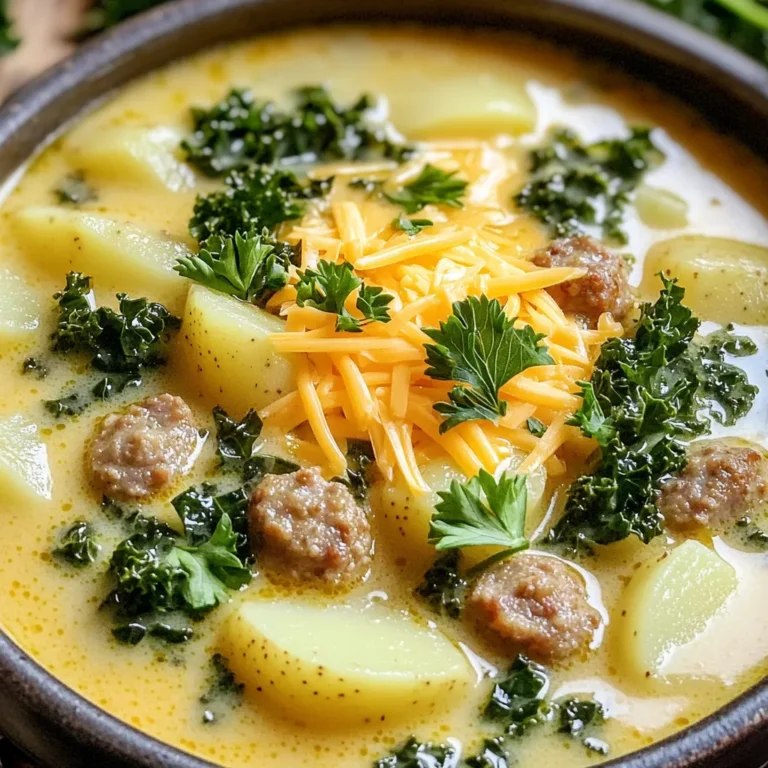 - 1 lb Italian sausage (mild or spicy, your choice), casings removed - 4 medium potatoes, peeled and diced - 1 medium onion, finely chopped - 3 cloves garlic, minced - 4 cups chicken broth - 1 cup heavy cream - 2 cups fresh kale, chopped The main ingredients in this soup create a hearty and filling meal. I love the way the sausage adds rich flavor. Potatoes make the soup creamy and filling. Onion and garlic bring a wonderful aroma while cooking. Chicken broth ties everything together and adds depth. Heavy cream gives it a nice, smooth texture. Lastly, kale adds a pop of color and nutrients. - 1 teaspoon Italian seasoning - Salt and pepper to taste - 2 tablespoons olive oil - 1 cup shredded cheddar cheese (for topping) - Fresh parsley (for garnish) Seasonings bring life to the soup. Italian seasoning adds a blend of herbs that complement the sausage. Salt and pepper enhance all the flavors. Olive oil helps brown the sausage and adds richness. Shredded cheddar cheese on top gives a creamy finish. Fresh parsley not only looks great but adds a fresh taste. - Slow cooker - Skillet - Wooden spoon For this recipe, you need a slow cooker to make it easy. A skillet helps brown the sausage perfectly. A wooden spoon is great for stirring and breaking apart the sausage. This simple equipment makes cooking smooth and fun. To start, we need to brown the sausage. Heat a skillet over medium heat. Add 2 tablespoons of olive oil. Once hot, add 1 pound of Italian sausage, with the casings removed. Cook the sausage for about 5-7 minutes. Break it apart with a wooden spoon as it cooks. You want it to be well-browned for great flavor. Next, transfer the browned sausage to the slow cooker. This is where the magic happens! Now, add the diced ingredients. Toss in 4 medium potatoes, peeled and diced. Then, add 1 finely chopped onion. Don’t forget 3 minced garlic cloves for that rich taste! Sprinkle in 1 teaspoon of Italian seasoning and pour in 4 cups of chicken broth. Give it a good stir to mix everything. Cover the slow cooker and set it to low heat. Cook for 6 hours. This slow cooking helps the flavors blend perfectly. The potatoes should be tender when done. After 6 hours, it’s time to add cream and kale. Stir in 1 cup of heavy cream and 2 cups of chopped fresh kale. Taste the soup and add salt and pepper as needed. Cover the slow cooker and cook for an additional 30 minutes on low. This step wilts the kale and warms the soup just right. When you’re ready to serve, taste the soup once more. Adjust the seasoning if needed. It’s time to enjoy! Ladle the soup into bowls and top each serving with shredded cheddar cheese. A sprinkle of fresh parsley makes it look great too! This soup is not only warm but also comforting, perfect for any meal. To make your soup shine, start by browning the sausage. This step brings out deep, rich flavors. Use a skillet over medium heat and break the sausage up as it cooks. Aim for about 5 to 7 minutes until it's nicely browned. Proper seasoning is key. Use salt and pepper generously. Italian seasoning will add a nice touch. Mix it well with the other ingredients in the slow cooker. This will help the flavors blend beautifully as it cooks. If you want to thicken your soup, there are easy ways to do this. One method is to mash some of the potatoes after cooking. This will give your soup a heartier feel. For a creamier texture, add more heavy cream. You can also stir in a bit of sour cream or cream cheese. This extra creaminess will make each spoonful feel indulgent. Prepare your ingredients ahead of time. Chop the onion, garlic, and potatoes the night before. Keep everything in the fridge so you can toss it in the slow cooker in the morning. Using frozen vegetables can save you time, too. Just toss them in straight from the bag. They will cook perfectly in the slow cooker and add more nutrition to your dish. {{image_2}} To make your soup even heartier, add more veggies. Carrots, celery, or bell peppers work great. You can also use green beans or corn for a sweet touch. Just chop them up and toss them in. Keep in mind that cooking times may change. For softer veggies, add them at the start. For crunchier ones, add them halfway through cooking. This way, they stay fresh and vibrant. If you want a lighter option, try chicken or turkey sausage. They taste great and cut down on fat. You can also use plant-based sausage if you prefer a vegetarian meal. These options keep the soup tasty while meeting different diets. Just follow the same steps as with Italian sausage, and you’re good to go. Want to spice things up? Add herbs like thyme, rosemary, or even a pinch of red pepper flakes. These will give your soup a nice kick. You can also switch the chicken broth for vegetable broth for a different taste. Each choice brings a new twist to this comforting dish. Feel free to mix and match until you find your perfect flavor! To store leftovers of your slow cooker sausage potato soup, let it cool first. This helps keep it fresh. Use airtight containers to prevent air from getting in. Glass containers work great for soup. They are easy to clean and do not stain. The best way to reheat soup is on the stove. Pour the soup into a pot over medium heat. Stir it often to heat it evenly. If you prefer the microwave, use a microwave-safe bowl. Heat in short bursts, stirring in between. This keeps the texture nice and creamy. If the soup is too thick, add a splash of broth or water. To freeze your soup, let it cool completely. Then, pour it into freezer-safe bags. Remove as much air as you can before sealing. This helps prevent freezer burn. When you are ready to eat, thaw the soup overnight in the fridge. To reheat, warm it on the stove or in the microwave. Stir well to mix any separated ingredients. Enjoy your warm, cozy soup! Yes, you can use many types of sausage. Here are some suggestions: - Chicken sausage for a lighter option. - Turkey sausage for a leaner choice. - Chorizo for a spicy kick. - Smoked sausage for a deep flavor. Each type adds its unique taste to the soup. The soup stays fresh for about 3-4 days in the fridge. Store it in an airtight container. This keeps it safe and tasty. Make sure to check for any off smells before eating. You can serve many delicious sides with this soup: - A fresh green salad for crunch. - Crusty bread for dipping. - Garlic bread to soak up the soup. - A light fruit salad for a sweet touch. These sides complement the rich flavors of the soup well. This blog post covered all you need for a tasty soup. We explored key ingredients like sausage, potatoes, and kale. I shared the best ways to cook it and tips for flavor. Remember, browning the sausage adds depth, and using a slow cooker makes it easy. You can adjust flavors or swap proteins to fit your taste. Leftovers are easy to store or freeze. Enjoy your cooking and experiment with this recipe to make it your own!
