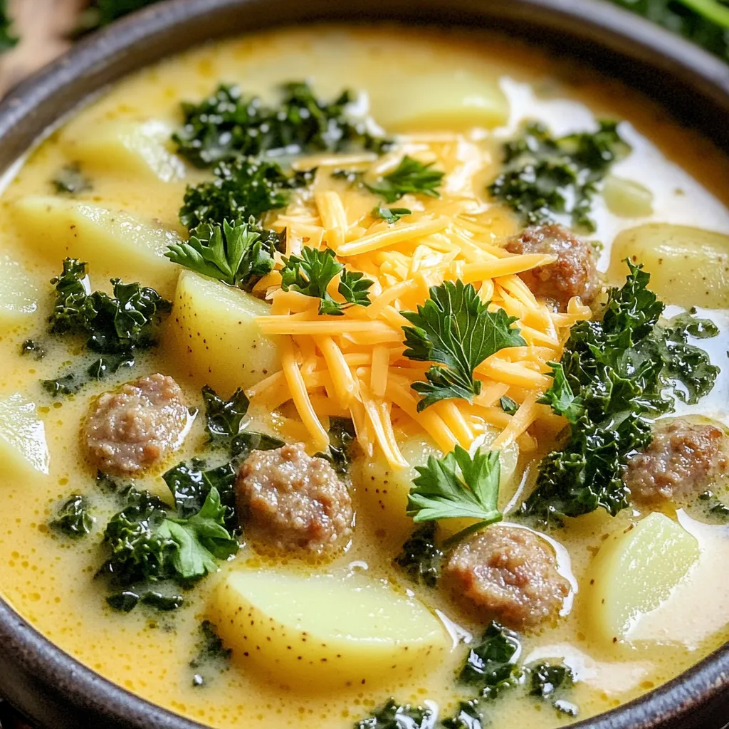 - 1 lb Italian sausage (mild or spicy, your choice), casings removed - 4 medium potatoes, peeled and diced - 1 medium onion, finely chopped - 3 cloves garlic, minced - 4 cups chicken broth - 1 cup heavy cream - 2 cups fresh kale, chopped The main ingredients in this soup create a hearty and filling meal. I love the way the sausage adds rich flavor. Potatoes make the soup creamy and filling. Onion and garlic bring a wonderful aroma while cooking. Chicken broth ties everything together and adds depth. Heavy cream gives it a nice, smooth texture. Lastly, kale adds a pop of color and nutrients. - 1 teaspoon Italian seasoning - Salt and pepper to taste - 2 tablespoons olive oil - 1 cup shredded cheddar cheese (for topping) - Fresh parsley (for garnish) Seasonings bring life to the soup. Italian seasoning adds a blend of herbs that complement the sausage. Salt and pepper enhance all the flavors. Olive oil helps brown the sausage and adds richness. Shredded cheddar cheese on top gives a creamy finish. Fresh parsley not only looks great but adds a fresh taste. - Slow cooker - Skillet - Wooden spoon For this recipe, you need a slow cooker to make it easy. A skillet helps brown the sausage perfectly. A wooden spoon is great for stirring and breaking apart the sausage. This simple equipment makes cooking smooth and fun. To start, we need to brown the sausage. Heat a skillet over medium heat. Add 2 tablespoons of olive oil. Once hot, add 1 pound of Italian sausage, with the casings removed. Cook the sausage for about 5-7 minutes. Break it apart with a wooden spoon as it cooks. You want it to be well-browned for great flavor. Next, transfer the browned sausage to the slow cooker. This is where the magic happens! Now, add the diced ingredients. Toss in 4 medium potatoes, peeled and diced. Then, add 1 finely chopped onion. Don’t forget 3 minced garlic cloves for that rich taste! Sprinkle in 1 teaspoon of Italian seasoning and pour in 4 cups of chicken broth. Give it a good stir to mix everything. Cover the slow cooker and set it to low heat. Cook for 6 hours. This slow cooking helps the flavors blend perfectly. The potatoes should be tender when done. After 6 hours, it’s time to add cream and kale. Stir in 1 cup of heavy cream and 2 cups of chopped fresh kale. Taste the soup and add salt and pepper as needed. Cover the slow cooker and cook for an additional 30 minutes on low. This step wilts the kale and warms the soup just right. When you’re ready to serve, taste the soup once more. Adjust the seasoning if needed. It’s time to enjoy! Ladle the soup into bowls and top each serving with shredded cheddar cheese. A sprinkle of fresh parsley makes it look great too! This soup is not only warm but also comforting, perfect for any meal. To make your soup shine, start by browning the sausage. This step brings out deep, rich flavors. Use a skillet over medium heat and break the sausage up as it cooks. Aim for about 5 to 7 minutes until it's nicely browned. Proper seasoning is key. Use salt and pepper generously. Italian seasoning will add a nice touch. Mix it well with the other ingredients in the slow cooker. This will help the flavors blend beautifully as it cooks. If you want to thicken your soup, there are easy ways to do this. One method is to mash some of the potatoes after cooking. This will give your soup a heartier feel. For a creamier texture, add more heavy cream. You can also stir in a bit of sour cream or cream cheese. This extra creaminess will make each spoonful feel indulgent. Prepare your ingredients ahead of time. Chop the onion, garlic, and potatoes the night before. Keep everything in the fridge so you can toss it in the slow cooker in the morning. Using frozen vegetables can save you time, too. Just toss them in straight from the bag. They will cook perfectly in the slow cooker and add more nutrition to your dish. {{image_2}} To make your soup even heartier, add more veggies. Carrots, celery, or bell peppers work great. You can also use green beans or corn for a sweet touch. Just chop them up and toss them in. Keep in mind that cooking times may change. For softer veggies, add them at the start. For crunchier ones, add them halfway through cooking. This way, they stay fresh and vibrant. If you want a lighter option, try chicken or turkey sausage. They taste great and cut down on fat. You can also use plant-based sausage if you prefer a vegetarian meal. These options keep the soup tasty while meeting different diets. Just follow the same steps as with Italian sausage, and you’re good to go. Want to spice things up? Add herbs like thyme, rosemary, or even a pinch of red pepper flakes. These will give your soup a nice kick. You can also switch the chicken broth for vegetable broth for a different taste. Each choice brings a new twist to this comforting dish. Feel free to mix and match until you find your perfect flavor! To store leftovers of your slow cooker sausage potato soup, let it cool first. This helps keep it fresh. Use airtight containers to prevent air from getting in. Glass containers work great for soup. They are easy to clean and do not stain. The best way to reheat soup is on the stove. Pour the soup into a pot over medium heat. Stir it often to heat it evenly. If you prefer the microwave, use a microwave-safe bowl. Heat in short bursts, stirring in between. This keeps the texture nice and creamy. If the soup is too thick, add a splash of broth or water. To freeze your soup, let it cool completely. Then, pour it into freezer-safe bags. Remove as much air as you can before sealing. This helps prevent freezer burn. When you are ready to eat, thaw the soup overnight in the fridge. To reheat, warm it on the stove or in the microwave. Stir well to mix any separated ingredients. Enjoy your warm, cozy soup! Yes, you can use many types of sausage. Here are some suggestions: - Chicken sausage for a lighter option. - Turkey sausage for a leaner choice. - Chorizo for a spicy kick. - Smoked sausage for a deep flavor. Each type adds its unique taste to the soup. The soup stays fresh for about 3-4 days in the fridge. Store it in an airtight container. This keeps it safe and tasty. Make sure to check for any off smells before eating. You can serve many delicious sides with this soup: - A fresh green salad for crunch. - Crusty bread for dipping. - Garlic bread to soak up the soup. - A light fruit salad for a sweet touch. These sides complement the rich flavors of the soup well. This blog post covered all you need for a tasty soup. We explored key ingredients like sausage, potatoes, and kale. I shared the best ways to cook it and tips for flavor. Remember, browning the sausage adds depth, and using a slow cooker makes it easy. You can adjust flavors or swap proteins to fit your taste. Leftovers are easy to store or freeze. Enjoy your cooking and experiment with this recipe to make it your own!
