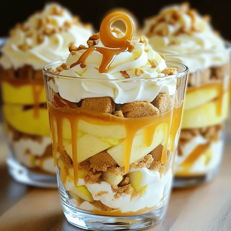 To make these trifles, you need: - 3 medium apples, peeled and diced - 1 teaspoon ground cinnamon - 2 tablespoons brown sugar - 1 cup heavy cream - 1/4 cup powdered sugar - 1 teaspoon vanilla extract - 1 cup caramel sauce (store-bought or homemade) - 1 cup crumbled ginger snap cookies - Whipped cream for topping - Extra caramel sauce for drizzling - Chopped nuts for garnish (optional) These ingredients combine to create layers of flavor and texture. The apples provide a sweet and tart base, while the cinnamon adds warmth. The heavy cream and powdered sugar make a rich whipped cream. Consider adding some fun toppings to enhance your trifles: - Drizzle more caramel sauce on top for added sweetness. - Whipped cream adds a light and airy touch. - Chopped nuts give a nice crunch. These toppings not only add taste but also make your trifles look stunning. Selecting the right apples is key to great trifles. Look for apples that are firm and crisp. Here are some good options: - Granny Smith: Tart and hold their shape well. - Honeycrisp: Sweet and crunchy, great for flavor. - Fuji: Sweet and juicy, perfect for a dessert. These apples add the right balance of flavors to your trifles. Remember, the fresher the apple, the better your dessert will taste! To start, gather your apples. You need three medium apples. Peel and dice them into small pieces. Next, take a medium saucepan. Add the diced apples, one teaspoon of ground cinnamon, and two tablespoons of brown sugar. Cook this mix over medium heat for about five to seven minutes. Stir occasionally. You want the apples to become tender but not mushy. Once done, remove the saucepan from heat and let the apples cool to room temperature. For the whipped cream, grab a mixing bowl. Add one cup of heavy cream, a quarter cup of powdered sugar, and one teaspoon of vanilla extract. Use a whisk to mix these ingredients. Whisk until soft peaks form. This step may take a few minutes. Once you see soft peaks, set the whipped cream aside. It will add a nice lightness to your trifles. Now it’s time to make the trifles! Get small glass cups or jars. Start by adding a layer of crumbled ginger snap cookies at the bottom of each cup. This adds a nice crunch. Next, take the cooled apple mixture and add it on top. Then, spoon in a layer of whipped cream. Drizzle some caramel sauce over the whipped cream. Repeat these layers until the cups are filled, usually about three layers. Finish with a final layer of whipped cream on top. After assembling, it’s important to chill the trifles. Place them in the refrigerator for at least thirty minutes. This waiting time helps the flavors blend and makes the dessert even better. Before serving, drizzle extra caramel sauce on top. If you like, sprinkle some chopped nuts for crunch. Enjoy your delicious creation! To make great whipped cream, use cold heavy cream. Start by pouring it into a bowl. Add powdered sugar and vanilla extract. Whisk it until soft peaks form. This usually takes a few minutes. Be careful not to overwhip; it can turn into butter. Perfect whipped cream is light and fluffy. Layering is key to a stunning trifle. Begin with crumbled ginger snap cookies at the bottom. This gives a nice crunch. Next, add the cooked apple mixture. Make sure to spread it evenly. Then, add whipped cream and drizzle caramel sauce. Repeat these layers until you reach the top. Finish with whipped cream, caramel, and a sprinkle of cinnamon. Use clear glasses to show off those beautiful layers. Taste is vital when making trifles. If you want more sweetness, add extra brown sugar to the apples. For a bolder flavor, try more cinnamon. If you prefer less sweetness, reduce the caramel sauce. You can even swap in different cookies for unique flavors. Always adjust to your liking. This will make your trifles truly your own. {{image_2}} You can switch up the cookies in your trifle. Ginger snap cookies give a nice spice. Try using crushed oatmeal cookies for a chewy texture. Chocolate cookies add a rich flavor that pairs well with caramel and apples. Just remember to adjust the layers to fit your cookie choice. While apples are a classic, other fruits work great too. Pears offer a soft, sweet taste. Peaches bring a juicy burst of flavor. You can even try berries for a tangy twist. Just cook them lightly with cinnamon and sugar, like you do with apples. This keeps the trifle fresh and exciting. Adding nuts gives your trifle a crunchy element. Chopped pecans or walnuts add a great texture. You can also sprinkle in spices like nutmeg or allspice for warmth. A pinch of sea salt enhances the caramel flavor. Get creative and make the trifle your own! Store any leftover trifles in the fridge. Use an airtight container to keep them fresh. This helps maintain the creamy texture and flavor. They will last for up to three days. Make sure to cover them well to avoid any drying out. If you used nuts as a topping, add them just before serving to keep them crunchy. You can freeze the layers separately for later use. Freeze the cooked apple mixture, whipped cream, and crumbled cookies in airtight containers. Use them within a month for best taste. To thaw, place them in the fridge overnight. Reassemble the trifles after everything is thawed and ready. This method lets you enjoy trifles anytime. Once you take them out of the fridge, stir the whipped cream if it has separated. Layer it again in clear cups for a fresh look. Drizzle extra caramel sauce on top for a delicious touch. If you froze the layers, assemble them just before serving. This keeps everything fresh and tasty. Enjoy the delightful layers of flavor! Yes, you can make these trifles ahead of time. Create the layers in jars and chill them in the fridge. This helps the flavors blend well. Just remember to add the whipped cream on top right before serving. This keeps it fresh and fluffy. If you need a substitute for heavy cream, use coconut cream or a dairy-free whipping cream. Both options whip up nicely. They add a different flavor but still taste great. You can also use half-and-half, but it won’t whip as thick. These trifles stay fresh for about three days in the fridge. Store them in an airtight container to keep them safe. The apples may get softer over time, but they still taste delicious. Absolutely! Homemade caramel sauce gives a rich taste. If you have a favorite recipe, it will work great in these trifles. Just make sure it’s cooled before you layer it in. For the best flavor, use sweet apples like Honeycrisp or Fuji. They hold their shape well when cooked. Granny Smith apples add a nice tartness if you want a balance of sweet and sour. In this post, we explored how to make delicious caramel apple cinnamon trifles. We discussed ingredient options, tips for making the perfect whipped cream, and the best ways to layer your dessert. I shared ideas for variations and how to store leftovers too. Remember, the right apple makes a big difference. By trying different flavors and toppings, you can make this recipe your own. Enjoy creating a sweet treat that everyone will love!