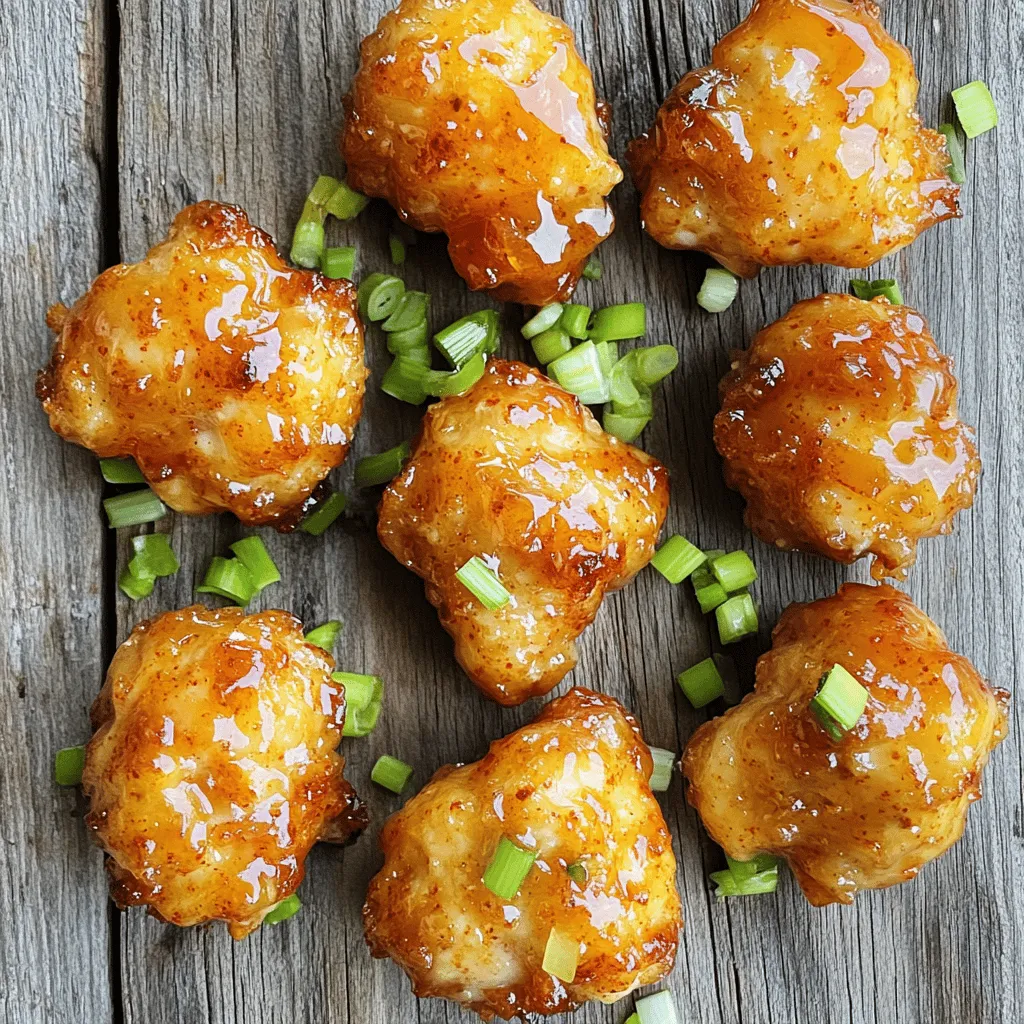 To make Air Fryer Sweet & Spicy Chicken Bites, you need fresh, tasty ingredients. Here’s what you will need: - 1 lb chicken breast, cut into bite-sized pieces - 2 tablespoons honey - 2 tablespoons soy sauce - 1 teaspoon sriracha (adjust to taste) - 1 teaspoon garlic powder - 1 teaspoon onion powder - 1/2 teaspoon smoked paprika - Salt and pepper to taste - 1 tablespoon cornstarch - Green onions, chopped (for garnish) Each ingredient plays a key role. The chicken breast serves as the main protein. Honey brings sweetness, while soy sauce adds a savory touch. Sriracha gives the heat. Garlic and onion powders enhance the flavors. Smoked paprika adds depth with a hint of smokiness. Cornstarch helps create a nice, crispy crust. Finally, green onions make a fresh garnish. Make sure to gather everything before you start. It makes cooking smoother and more enjoyable! To start, grab a medium bowl. Add 2 tablespoons of honey and 2 tablespoons of soy sauce. Next, add 1 teaspoon of sriracha. You can adjust this to make it spicier if you like. Then, mix in 1 teaspoon each of garlic powder and onion powder. Sprinkle in 1/2 teaspoon of smoked paprika, plus some salt and pepper to taste. Stir all these ingredients well. This mixture creates a sweet and spicy flavor that will coat your chicken perfectly. Now it’s time to add the chicken. Take 1 pound of chicken breast that you cut into bite-sized pieces. Toss these pieces into the bowl with your marinade. Make sure every piece is well coated. Let the chicken sit in the marinade for at least 15 minutes. If you have more time, let it marinate for up to 1 hour. This will help the flavors soak in deeper. After marinating, sprinkle 1 tablespoon of cornstarch over the chicken. Mix it again until the chicken is evenly coated. This step will help create a crispy texture when cooking. Preheat your air fryer to 400°F (200°C) for about 5 minutes. Once preheated, place the chicken bites in the air fryer basket in a single layer. Avoid crowding the basket. You may need to do this in batches. Cook the chicken for 10-12 minutes. Shake the basket halfway through to ensure even cooking. When done, the chicken should be golden and cooked through. Let it rest for a minute before serving. Don’t forget to garnish with chopped green onions for a fresh touch! To get that perfect crunch, coat your chicken bites with cornstarch. This forms a crispy layer when cooked. Make sure each piece is well-coated. Spread the chicken in a single layer in the air fryer. Avoid stacking them; this helps air circulate. Shake the basket halfway through cooking for even crisping. Marinating your chicken bites is key for great flavor. I recommend marinating for at least 15 minutes. If you have more time, let them soak for up to an hour. The longer they sit, the more they absorb the sweet and spicy flavors. This step is simple but makes a big difference. If you like heat, add more sriracha to your marinade. Start with a teaspoon and taste the mix. You can always add more later. For a milder version, use just a pinch. Balancing sweetness and heat is the goal. Remember, you can always adjust based on your taste. {{image_2}} You can swap chicken for other proteins. Try using shrimp or pork. Both work well with the sweet and spicy marinade. If you use shrimp, cook them for 8-10 minutes. For pork, cut it into small pieces like chicken. Adjust the cooking time as needed. Want to change the flavor? You can add more spices or sauces. Try adding ginger for a fresh taste. You can also use maple syrup instead of honey for a different sweetness. If sriracha is too spicy, use a milder sauce or skip it entirely. Be creative and make it your own! Serve these bites with rice or noodles for a full meal. They pair well with a fresh salad on the side. You can also serve them as appetizers. Just place them on a platter with toothpicks. Don't forget to drizzle some extra sauce on top for added flavor. To keep your sweet and spicy chicken bites fresh, store them in an airtight container. Place them in the fridge. They can last 3 to 4 days. Make sure they cool down before sealing. This helps prevent moisture build-up. If you want to keep them longer, consider freezing. Reheat the chicken bites in your air fryer for the best results. Set the air fryer to 350°F (175°C). Cook for about 5 to 7 minutes. This will help them regain their crispy texture. You can also use the microwave, but they may lose their crunch. If using the microwave, heat for 1 to 2 minutes. Check frequently to avoid overcooking. If you want to freeze the chicken bites, place them in a single layer on a baking sheet. Freeze them for about 1 hour. Once frozen, transfer them to a freezer-safe bag. This prevents them from sticking together. They can last up to 3 months in the freezer. When ready to eat, cook from frozen in the air fryer for 12 to 15 minutes at 400°F (200°C). Cook chicken bites in the air fryer for 10 to 12 minutes. At 400°F (200°C), they turn golden and crispy. Halfway through, shake the basket. This helps them cook evenly and stay juicy. Yes, you can use frozen chicken, but adjust the cooking time. Thawing the chicken first gives better results. If cooking from frozen, add 5 to 7 extra minutes. Always check that the internal temperature reaches 165°F (75°C) for safety. Serve these chicken bites with rice or a fresh salad. They pair well with dipping sauces like ranch or extra sriracha. Try adding some steamed veggies for color and nutrition. Enjoy them as a snack or a main dish! This blog post covered how to create tasty air fryer chicken bites. We looked at key ingredients, from chicken to marinades. I shared clear steps for preparation, marinating, and cooking. Tips for a crispy texture and spice levels enhance your dish. We explored protein variations and serving ideas. Lastly, I explained storing, reheating, and freezing leftovers. You’ll find these bites easy to make and customize. Try them out, and enjoy the delicious outcome!