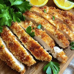 For this tasty dish, you need: - 2 large chicken breasts - ½ cup grated Parmesan cheese - 1 cup panko breadcrumbs - 1 large egg - 2 tablespoons milk These main items form the base of your chicken, giving it flavor and crunch. To make your chicken sing, include these seasonings: - 1 teaspoon garlic powder - 1 teaspoon onion powder - ½ teaspoon dried Italian herbs (oregano, basil) - Salt and pepper to taste These seasonings add depth and a savory kick. The Parmesan and panko create a golden crust that everyone will love. For a pretty plate, consider these garnishes: - Fresh parsley - Lemon wedges Serving the chicken on a wooden board looks great. Slice it into strips for easy eating. The lemon adds a bright flavor that complements the cheese. Start by preheating your air fryer to 400°F (200°C). This takes about 5 minutes. While it heats, prepare the chicken. If your chicken breasts are thick, slice them in half. This helps them cook evenly. In a shallow bowl, mix these ingredients: - ½ cup grated Parmesan cheese - 1 cup panko breadcrumbs - 1 teaspoon garlic powder - 1 teaspoon onion powder - ½ teaspoon dried Italian herbs - Salt and pepper to taste Set this mixture aside. In another bowl, whisk together 1 large egg and 2 tablespoons of milk. Dip each chicken piece into the egg mixture. Let any extra drip off. Then, coat the chicken in the Parmesan breadcrumb mix. Press gently to help the crumbs stick well. Lightly spray the air fryer basket with cooking spray or brush it with olive oil. This helps prevent sticking. Place the breaded chicken in a single layer. If you have too much chicken, cook in batches. Spray the top with a bit more cooking spray for extra crispiness. Air fry the chicken for 12-15 minutes. Flip them halfway through cooking. The chicken should turn golden brown and reach an internal temperature of 165°F (74°C). After cooking, let the chicken rest for a few minutes before slicing. Enjoy your crispy delight! To get that perfect crunch, use panko breadcrumbs. They are lighter and crispier than regular breadcrumbs. Mix the breadcrumbs with Parmesan cheese and spices to add flavor. Spray the chicken lightly with cooking spray before cooking. This helps the coating get golden and crisp. Flip the chicken halfway through to ensure even cooking and crispiness. One common mistake is overcrowding the air fryer. Give each piece space to cook well. Another error is skipping the egg wash. This step helps the breadcrumbs stick better. Ensure your chicken is dry before dipping it in the egg. A wet surface can make the coating soggy. For juicy chicken, start with thick breasts. Slice them in half to cook evenly. Brining the chicken in salt water for 30 minutes adds moisture. Use a meat thermometer to check for doneness. The chicken should reach an internal temperature of 165°F (74°C). Let it rest for a few minutes after cooking. This keeps the juices inside, making each bite tender and flavorful. {{image_2}} You can change the flavor of the breading easily. Try adding a teaspoon of smoked paprika for a smoky taste. You might also enjoy a kick of heat by mixing in cayenne pepper. For a zesty twist, add lemon zest to the breading mix. Fresh herbs like parsley or thyme can brighten up the dish too. While chicken breasts work great, you can use chicken thighs for more flavor. They stay juicy and tender while cooking. You can also try using turkey cutlets or even fish like tilapia. Each option will give you a different taste and texture. Serve your crispy chicken with a variety of dips. A classic marinara sauce pairs well and adds a nice touch. For something creamy, try ranch or garlic aioli. You can also make a fresh salsa for a zesty contrast. Don’t forget a squeeze of lemon on top for extra brightness! To keep your Air Fryer Parmesan Crusted Chicken fresh, store it in a shallow container. Use an airtight lid to seal it well. Let the chicken cool down before placing it in the fridge. It stays good for about 3 to 4 days. If you want to keep it longer, freezing is a good option. When you're ready to enjoy leftovers, reheat them in the air fryer. Set the air fryer to 350°F (175°C). Place the chicken in the basket for about 5-7 minutes. This method helps maintain the crispy texture. You can also use the microwave, but it may make the chicken softer. If you want to freeze the chicken, wrap each piece in plastic wrap. Then place them in a freezer bag. This way, they won’t stick together. You can freeze the chicken for up to 2 months. When you're ready to eat, thaw it in the fridge overnight, then reheat. This keeps the flavor and crispiness intact. Cook chicken in the air fryer for 12-15 minutes. Flip the pieces halfway through. Check the internal temperature. It should reach 165°F (74°C) for safe eating. This ensures the chicken is cooked well and stays juicy. Yes, you can use chicken thighs. They add more flavor and stay moist. Just ensure they are boneless and skinless for even cooking. Adjust the cooking time slightly if they are thicker. You can serve this chicken with many sides. Here are some good choices: - Steamed broccoli - Mashed potatoes - Caesar salad - Garlic bread - Roasted vegetables These sides complement the chicken well and add color to your plate. Yes, use gluten-free breadcrumbs instead of panko. This change keeps the dish tasty and crispy. Check that all other ingredients are gluten-free as well. Store leftovers in an airtight container. They can last for 3-4 days in the fridge. Make sure to cool them before sealing. Yes, reheat in the air fryer for about 5-7 minutes. This keeps the chicken crispy. You can also use a microwave but it may not stay as crunchy. Yes, you can bread the chicken and refrigerate it. Just cook it the next day for a quick meal. This saves time and still tastes fresh. To make it extra crispy, use panko breadcrumbs. Lightly spray the chicken with cooking oil before air frying. This helps achieve a golden brown crust. You learned how to make Air Fryer Parmesan Crusted Chicken with ease. We covered the key ingredients, seasoning, and tips for crispy, juicy results. Remember, you can try different flavors and serve with your favorite dips. Store leftovers properly for great taste later. Follow these steps and you will impress everyone with your cooking. Enjoy your tasty dish!
