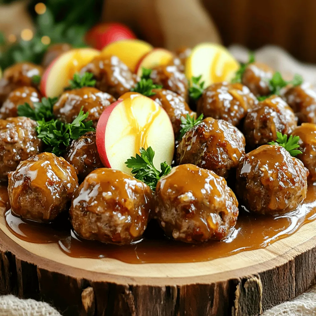 - 1 pound ground beef - 1 pound ground pork (you can use ground turkey instead) - 1/2 cup breadcrumbs - 1/4 cup grated Parmesan cheese - 1/4 cup fresh parsley, finely chopped - 1 large egg - 1 teaspoon garlic powder - 1 teaspoon onion powder - Salt and pepper to taste These ingredients form the base of our meatballs. The mix of beef and pork gives a rich flavor. You can swap pork for turkey if you prefer a lighter dish. The breadcrumbs help bind the meat, while the cheese and herbs add depth. - 1 cup apple cider - 1/2 cup apple sauce - 1/4 cup brown sugar - 2 tablespoons soy sauce (or tamari for gluten-free) - 1 teaspoon ground cinnamon - 1/2 teaspoon ground ginger This glaze brings sweetness and spice. Apple cider and apple sauce create a fruity base. Brown sugar adds a caramel touch. Soy sauce gives umami, making the glaze well-rounded. Cinnamon and ginger bring warmth and aroma. You can play with the recipe to suit your taste. Here are some ideas: - Substitute ground beef with chicken or lamb for unique flavors. - Use gluten-free breadcrumbs if needed. - Add chopped onions or bell peppers for extra veggies. - For a spicy kick, mix in some red pepper flakes. Feel free to customize to your heart's content! Each choice can change the flavor and texture. To start, grab a large mixing bowl. In this bowl, combine one pound of ground beef and one pound of ground pork. If you want a lighter option, you can use ground turkey instead. Next, add half a cup of breadcrumbs, a quarter cup of grated Parmesan cheese, and a quarter cup of chopped fresh parsley. Crack one large egg into the mixture. Then, sprinkle in one teaspoon of garlic powder, one teaspoon of onion powder, and salt and pepper to taste. Mix everything well until it’s all combined. Now, it’s time to shape your meatballs. Use your hands to scoop out small amounts of the mixture. Roll them into bite-sized balls, about one inch in diameter. Place the shaped meatballs on a baking sheet as you go. This helps keep them organized. If you want a nice golden color, you can bake the meatballs in the oven at 400°F for 15 minutes before adding them to the slow cooker. This step is optional but gives a lovely texture. For the glaze, grab a separate bowl. Whisk together one cup of apple cider, half a cup of apple sauce, and a quarter cup of brown sugar. Then add two tablespoons of soy sauce, or tamari if you need it gluten-free. Mix in one teaspoon of ground cinnamon and half a teaspoon of ground ginger. Whisk until everything is well combined. The glaze will give your meatballs a sweet and spicy flavor. Place your meatballs in the slow cooker. Pour the apple cider glaze over the meatballs, making sure they are all coated. Cover the slow cooker and cook on low for four to five hours. If you are in a hurry, you can cook them on high for two to three hours. They are done when the meatballs are cooked through and tender. When they’re ready, take them out carefully and serve them warm. You can drizzle extra glaze on top for a nice touch. To make meatballs soft and juicy, use a mix of beef and pork. The pork adds fat and flavor. Don't overwork the meat when mixing. Just blend until it's combined. Rolling the meatballs gently helps keep them tender. Aim for about 1-inch size for even cooking. The apple cider glaze brings sweet and tangy notes. To boost flavor, try adding fresh herbs like rosemary or thyme. A splash of lemon juice can add extra brightness. If you like spice, add a pinch of cayenne pepper. Adjust the sweetness by adding more brown sugar if you prefer. For best results, layer meatballs in a single layer. This helps them cook evenly. Use a slow cooker on low for a long time to deepen the flavors. Stir gently halfway through, if possible, to coat meatballs well. If you want a thicker glaze, remove the lid in the last hour to let it reduce. {{image_2}} You can swap ground beef and pork for ground turkey. Turkey is leaner and still tasty. For a vegetarian option, try using lentils or chickpeas. You can mash them and mix in the same spices. This way, you get great flavor while keeping it light. To change up the flavor, use different spices. Instead of garlic powder, try fresh garlic for a stronger taste. You can add paprika for a smoky kick or even crushed red pepper for some heat. Mixing in herbs like thyme or rosemary can add a nice twist, too. These meatballs shine at any gathering. Serve them as appetizers on toothpicks. They also work well over rice or mashed potatoes for a full meal. At a party, pair them with a side of bread for dipping. For game day, set out a big bowl for everyone to enjoy. After enjoying your slow cooker apple cider glazed meatballs, store leftovers in an airtight container. Let the meatballs cool to room temperature first. Make sure to keep the glaze with the meatballs for added flavor. You can refrigerate them for up to three days. This helps maintain their taste and texture. To reheat, use the microwave or stove. If using a microwave, place the meatballs in a bowl with a splash of glaze. Heat in short intervals, stirring often until warm. On the stove, warm them in a pan over low heat, adding a bit of glaze to keep them moist. This helps revive their delicious flavor. You can freeze both the meatballs and the glaze. For best results, place them in separate, freezer-safe bags or containers. Remember to label them with the date. They can last up to three months in the freezer. When ready to use, thaw them overnight in the fridge. Reheat as mentioned above for a tasty meal later. Yes, you can! Ground turkey works well. You can also try ground chicken or lamb. Just remember that different meats may change the flavor a bit. Leftovers last about three to four days in the fridge. Store them in an airtight container. This keeps the meatballs fresh and tasty. Absolutely! You can mix and shape the meatballs a day before. Just store them in the fridge. This saves time when you’re ready to cook. Serve the meatballs warm on a platter. You can drizzle more glaze on top for extra flavor. Toothpicks make them easy to grab at parties. They also taste great over rice or mashed potatoes. Yes, you can make the glaze a day ahead. Just store it in the fridge. When ready, warm it up before pouring it over the meatballs. This makes the process smoother on cooking day. You’ve learned how to make delicious meatballs with apple cider glaze. We covered key ingredients and the easy steps to prepare them. You also discovered tips to make them tender and flavorful. Don’t forget the fun variations for health and spice. Plus, I shared storage tips for leftovers. Now, you can enjoy these meatballs any time. Happy cooking!