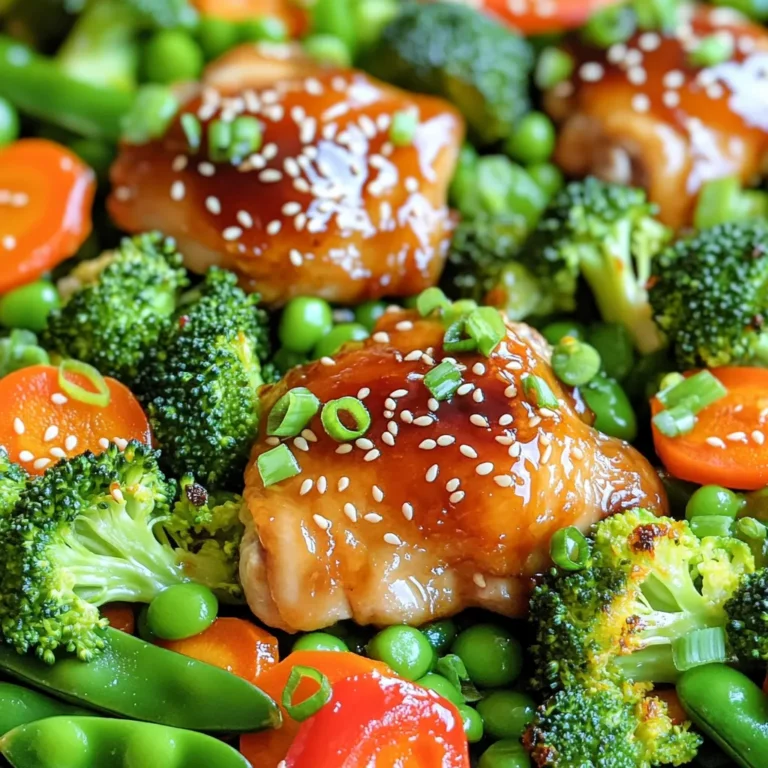 - 1 pound boneless chicken thighs, cut into bite-sized pieces - 2 cups broccoli florets - 1 red bell pepper, sliced - 1 cup snap peas - 1 carrot, thinly sliced - 1/2 cup teriyaki sauce - 2 tablespoons olive oil - Salt and pepper to taste - 1 tablespoon sesame seeds - 2 green onions, chopped First, you need to get your oven ready. Preheat it to 400°F (200°C). This is the perfect heat for roasting. Next, grab a large baking sheet and line it with parchment paper. This makes cleanup easy. In a big bowl, mix the chicken thighs with 1/4 cup of teriyaki sauce and 2 tablespoons of olive oil. Toss the chicken well to coat it evenly. This step adds a ton of flavor. Don't forget to sprinkle in some salt and pepper to taste. Now, take the marinated chicken and spread it out on the baking sheet in a single layer. This helps it cook evenly. In the same bowl, add your fresh veggies: broccoli, red bell pepper, snap peas, and carrot. Pour the rest of the teriyaki sauce over these veggies and toss them to coat. Finally, add the veggies around the chicken on the sheet pan. Place the sheet pan in your preheated oven. Roast everything for about 20-25 minutes. You want the chicken to be cooked through, and the veggies should stay tender-crisp. Halfway through, give everything a good stir. This ensures even roasting and helps all the flavors mix well. To cook chicken just right, set your oven to 400°F (200°C). Spread the chicken pieces in a single layer on the baking sheet. Roast for 20 to 25 minutes. You will know the chicken is done when it reaches an internal temperature of 165°F. Use a meat thermometer for best results. This method keeps the chicken juicy and tender. To keep veggies crunchy, add them halfway through cooking. Start roasting the chicken alone for about 10 minutes before adding the vegetables. This way, the broccoli, bell pepper, snap peas, and carrots will stay crisp yet tender. Stir the pan halfway to ensure even cooking and flavor. Want a flavor boost? Try adding garlic powder, ginger, or red pepper flakes. Mix these spices in with the teriyaki sauce for extra depth. You can also use a marinade overnight for more flavor. For a fresh touch, add a squeeze of lime or lemon before serving. These simple tweaks can elevate your dish! {{image_2}} You can switch up the protein in this dish. If you want a plant-based option, use tofu. Just press it to remove extra water, then cut it into cubes. Marinate it like chicken. Shrimp is another great choice. It cooks quickly and absorbs the teriyaki sauce well. Chicken breast is also a lean option. Cut it into bite-sized pieces, just like the thighs. Feel free to get creative with your veggies. Zucchini adds a nice texture and absorbs flavors well. You could also try mushrooms for an earthy taste. Bell peppers come in many colors, so mix them up for a rainbow effect. Cauliflower florets can replace broccoli, adding similar crunch. The key is to choose veggies you enjoy. To make this dish gluten-free, pick a gluten-free teriyaki sauce. Many brands offer this option now. For a lower-carb meal, swap out the carrots for green beans. You could also use zucchini noodles instead of rice. This keeps your meal light and healthy while still being tasty. To keep your teriyaki chicken and veggies fresh, store leftovers in an airtight container. Make sure to cool them down before sealing. Place the container in the fridge. They will stay good for up to 3 days. Label the container with the date. This helps you know when to eat them. You have two great options for reheating: the microwave or the oven. If using the microwave, place the food in a microwave-safe dish. Cover it with a lid or microwave-safe wrap. Heat in 30-second bursts until warm. Stir in between to heat evenly. For the oven, preheat it to 350°F (175°C). Spread the leftovers on a baking sheet. Cover with foil to keep moisture. Bake for about 10-15 minutes, until hot. This method helps keep the chicken juicy and the veggies crisp. If you want to freeze your teriyaki chicken and veggies, first let them cool completely. Divide them into portions. Use freezer bags or airtight containers. Remove as much air as possible before sealing. Label with the date and contents. You can freeze them for up to 3 months. When ready to eat, thaw in the fridge overnight. Reheat as mentioned above. Yes, you can use frozen vegetables. They save time and are easy to find. However, fresh veggies will give you a better crunch and taste. Frozen vegetables may become mushy if cooked too long. If you use frozen, add them to the pan later, about 10 minutes into cooking. This helps keep them firm. To boost flavor, try marinating the chicken longer. You can add minced garlic or ginger to the teriyaki sauce. A splash of rice vinegar brightens the taste. You can also mix in some chili flakes for a bit of heat. Don't forget to sprinkle sesame seeds for a nutty crunch! Yes, this dish is perfect for meal prep! Cook a batch and divide it into containers. It stays good in the fridge for up to four days. To reheat, use a microwave or oven. Just make sure to cover it to keep it moist. This meal is easy to grab and go during busy days! This blog post shows how to make a delicious teriyaki chicken dish. You started with boneless chicken thighs and colorful veggies. I shared tips on marinating, cooking, and serving. Variations let you customize to your taste or diet. Embrace the simple steps and tasty ingredients. You can enjoy a healthy meal that satisfies you and your family. Cooking should be fun and delicious! Now, get in the kitchen and start creating your perfect teriyaki dish.
