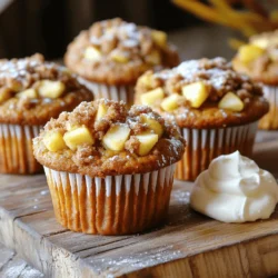 - 1 cup pumpkin puree - 1 large apple, peeled and diced (preferably Granny Smith) - 2 cups all-purpose flour - 1 cup granulated sugar - 1/2 cup brown sugar - 1 teaspoon baking soda - 1 teaspoon baking powder - 1 teaspoon ground cinnamon - 1/2 teaspoon ground nutmeg - 1/2 teaspoon salt - 1/2 cup vegetable oil - 2 large eggs - 1 teaspoon vanilla extract - 1/2 cup rolled oats - 1/2 cup chopped walnuts or pecans (optional) - 1/2 cup cold butter - 1/2 cup brown sugar for streusel - 1/2 cup all-purpose flour for streusel - 1 teaspoon ground cinnamon for streusel Gathering the right ingredients is key to making these muffins great. The pumpkin puree gives moisture and flavor, while the apple adds a nice crunch. Use a tart apple, like Granny Smith, for the best balance. The mix of sugars brings sweetness and a rich texture. You also need baking essentials like baking soda, baking powder, and spices. Cinnamon and nutmeg add warmth and depth. Salt boosts all the flavors. For the wet ingredients, vegetable oil keeps the muffins moist and tender. Eggs help bind everything together, while vanilla adds a lovely aroma. Lastly, the streusel topping is what makes these muffins special. Oats and nuts give it a nice crunch. The cold butter helps create those crumbly bits. Don’t skip this part; it’s a game changer! - Preheat your oven to 350°F (175°C). - Prepare the muffin tin with paper liners or cooking spray. - Combine flour, sugars, baking soda, baking powder, spices, and salt in a bowl. This step is key for the perfect muffin rise and flavor. - Whisk pumpkin puree, vegetable oil, eggs, and vanilla in a separate bowl. Mixing these well adds moisture and richness to your muffins. - Pour wet ingredients into dry ingredients and stir until just combined. Be gentle here! A few lumps are just fine. - Fold in diced apple, oats, and nuts. This adds texture and a burst of flavor in every bite. - Mix butter, brown sugar, flour, and cinnamon until crumbly. Use your fingers or a pastry cutter for a perfect crumbly mix. - Fill muffin cups and add streusel topping. Make sure not to overfill; 3/4 full is just right. - Bake for 18-22 minutes; check for doneness with a toothpick. When the toothpick comes out clean, your muffins are ready! To get the best texture in your muffins, avoid overmixing the batter. Mix just enough to combine the wet and dry ingredients. A few lumps are okay. This keeps your muffins light and fluffy. Use room temperature ingredients for better incorporation. When eggs and oil are at room temp, they blend more easily. This helps create a smooth batter that rises well. You can enhance the flavor by experimenting with different spice combinations. Try adding ginger or allspice for a warm kick. Each spice adds a unique taste to your muffins. Another great tip is to add cranberries or raisins for added sweetness. These fruits complement the pumpkin and apple perfectly. They also provide a nice chewiness that contrasts the muffin's soft texture. To ensure even baking, rotate the muffin tin halfway through baking. This helps all muffins cook evenly and brown nicely. Check for doneness early to prevent overbaking. Insert a toothpick into the center. If it comes out clean, your muffins are ready. If not, bake for a few more minutes. This simple tip keeps your muffins moist and delicious. {{image_2}} You can change the flavors of these muffins easily. Instead of pumpkin, try sweet potato or butternut squash. Both add a nice taste. You can also switch apple types. Use a sweeter apple like Fuji for a different flavor. This helps balance the spices and sweetness of the muffin. If you need a gluten-free option, use a gluten-free flour blend. It works well in this recipe. For a lighter muffin, replace the vegetable oil with applesauce. This change cuts down on fat while keeping the muffins moist and tasty. You can make your streusel topping even better! Add seeds or shredded coconut for a fun twist. If you want to indulge, drizzle some caramel sauce on top after baking. These small changes can create a whole new muffin experience. You can store your muffins in an airtight container. They will stay fresh for up to 2 days. This is great if you plan to enjoy them right away. Just remember to keep them sealed to avoid drying out. For longer storage, keep the muffins in the fridge. They last up to a week this way. Just make sure they are in a tight container. This helps keep them moist and tasty. If you want to save some for later, freezing is a smart choice. Wrap each muffin tightly in plastic wrap. You can freeze them for up to 3 months. When you are ready to eat one, just thaw it at room temperature. Enjoy your perfectly preserved treat! Yes, you can make these muffins ahead of time. They freeze well, too. Bake the muffins, cool them, and place them in a freezer bag. When you're ready to eat them, just thaw and warm them up. This way, you can enjoy fresh muffins anytime! You can use applesauce or other fruit purees instead of pumpkin puree. This will give your muffins a different flavor, but they will still be moist and tasty. You might want to adjust the sweetness if you use a sweeter puree. To check if the muffins are done, insert a toothpick into the center. If it comes out clean, the muffins are ready. If there is batter on the toothpick, they need more time. Keep checking every couple of minutes until they are done. Yes, you can substitute the nuts in the recipe. Try using different nuts or seeds based on your taste. If you prefer, you can skip the nuts altogether. The muffins will still be yummy without them! You learned how to make delicious muffins with our detailed ingredients and steps. From mixing the right dry and wet ingredients to creating that perfect streusel topping, every detail matters. Remember to avoid overmixing for a light texture. Feel free to customize flavors or add toppings. Whether you store them for later or enjoy them fresh, these muffins will please every palate. Enjoy the baking journey and happy eating!