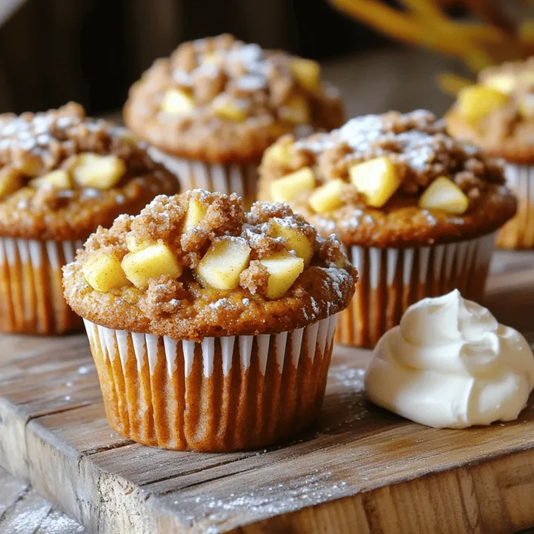 - 1 cup pumpkin puree - 1 large apple, peeled and diced (preferably Granny Smith) - 2 cups all-purpose flour - 1 cup granulated sugar - 1/2 cup brown sugar - 1 teaspoon baking soda - 1 teaspoon baking powder - 1 teaspoon ground cinnamon - 1/2 teaspoon ground nutmeg - 1/2 teaspoon salt - 1/2 cup vegetable oil - 2 large eggs - 1 teaspoon vanilla extract - 1/2 cup rolled oats - 1/2 cup chopped walnuts or pecans (optional) - 1/2 cup cold butter - 1/2 cup brown sugar for streusel - 1/2 cup all-purpose flour for streusel - 1 teaspoon ground cinnamon for streusel Gathering the right ingredients is key to making these muffins great. The pumpkin puree gives moisture and flavor, while the apple adds a nice crunch. Use a tart apple, like Granny Smith, for the best balance. The mix of sugars brings sweetness and a rich texture. You also need baking essentials like baking soda, baking powder, and spices. Cinnamon and nutmeg add warmth and depth. Salt boosts all the flavors. For the wet ingredients, vegetable oil keeps the muffins moist and tender. Eggs help bind everything together, while vanilla adds a lovely aroma. Lastly, the streusel topping is what makes these muffins special. Oats and nuts give it a nice crunch. The cold butter helps create those crumbly bits. Don’t skip this part; it’s a game changer! - Preheat your oven to 350°F (175°C). - Prepare the muffin tin with paper liners or cooking spray. - Combine flour, sugars, baking soda, baking powder, spices, and salt in a bowl. This step is key for the perfect muffin rise and flavor. - Whisk pumpkin puree, vegetable oil, eggs, and vanilla in a separate bowl. Mixing these well adds moisture and richness to your muffins. - Pour wet ingredients into dry ingredients and stir until just combined. Be gentle here! A few lumps are just fine. - Fold in diced apple, oats, and nuts. This adds texture and a burst of flavor in every bite. - Mix butter, brown sugar, flour, and cinnamon until crumbly. Use your fingers or a pastry cutter for a perfect crumbly mix. - Fill muffin cups and add streusel topping. Make sure not to overfill; 3/4 full is just right. - Bake for 18-22 minutes; check for doneness with a toothpick. When the toothpick comes out clean, your muffins are ready! To get the best texture in your muffins, avoid overmixing the batter. Mix just enough to combine the wet and dry ingredients. A few lumps are okay. This keeps your muffins light and fluffy. Use room temperature ingredients for better incorporation. When eggs and oil are at room temp, they blend more easily. This helps create a smooth batter that rises well. You can enhance the flavor by experimenting with different spice combinations. Try adding ginger or allspice for a warm kick. Each spice adds a unique taste to your muffins. Another great tip is to add cranberries or raisins for added sweetness. These fruits complement the pumpkin and apple perfectly. They also provide a nice chewiness that contrasts the muffin's soft texture. To ensure even baking, rotate the muffin tin halfway through baking. This helps all muffins cook evenly and brown nicely. Check for doneness early to prevent overbaking. Insert a toothpick into the center. If it comes out clean, your muffins are ready. If not, bake for a few more minutes. This simple tip keeps your muffins moist and delicious. {{image_2}} You can change the flavors of these muffins easily. Instead of pumpkin, try sweet potato or butternut squash. Both add a nice taste. You can also switch apple types. Use a sweeter apple like Fuji for a different flavor. This helps balance the spices and sweetness of the muffin. If you need a gluten-free option, use a gluten-free flour blend. It works well in this recipe. For a lighter muffin, replace the vegetable oil with applesauce. This change cuts down on fat while keeping the muffins moist and tasty. You can make your streusel topping even better! Add seeds or shredded coconut for a fun twist. If you want to indulge, drizzle some caramel sauce on top after baking. These small changes can create a whole new muffin experience. You can store your muffins in an airtight container. They will stay fresh for up to 2 days. This is great if you plan to enjoy them right away. Just remember to keep them sealed to avoid drying out. For longer storage, keep the muffins in the fridge. They last up to a week this way. Just make sure they are in a tight container. This helps keep them moist and tasty. If you want to save some for later, freezing is a smart choice. Wrap each muffin tightly in plastic wrap. You can freeze them for up to 3 months. When you are ready to eat one, just thaw it at room temperature. Enjoy your perfectly preserved treat! Yes, you can make these muffins ahead of time. They freeze well, too. Bake the muffins, cool them, and place them in a freezer bag. When you're ready to eat them, just thaw and warm them up. This way, you can enjoy fresh muffins anytime! You can use applesauce or other fruit purees instead of pumpkin puree. This will give your muffins a different flavor, but they will still be moist and tasty. You might want to adjust the sweetness if you use a sweeter puree. To check if the muffins are done, insert a toothpick into the center. If it comes out clean, the muffins are ready. If there is batter on the toothpick, they need more time. Keep checking every couple of minutes until they are done. Yes, you can substitute the nuts in the recipe. Try using different nuts or seeds based on your taste. If you prefer, you can skip the nuts altogether. The muffins will still be yummy without them! You learned how to make delicious muffins with our detailed ingredients and steps. From mixing the right dry and wet ingredients to creating that perfect streusel topping, every detail matters. Remember to avoid overmixing for a light texture. Feel free to customize flavors or add toppings. Whether you store them for later or enjoy them fresh, these muffins will please every palate. Enjoy the baking journey and happy eating!