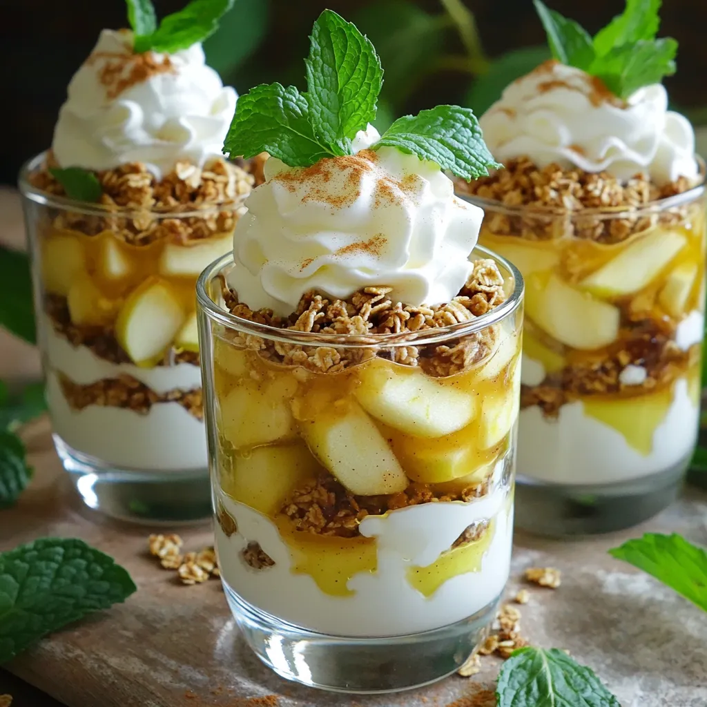 - Apples - Lemon Juice - Ground Cinnamon - Brown Sugar - Butter - Granola - Vanilla Yogurt - Whipped Cream (Optional) - Nutmeg (Optional) - Mint Leaves for Garnish To make these parfaits, you need some simple yet tasty ingredients. Start with 4 medium apples. I love using crisp varieties like Granny Smith or Honeycrisp. They bring a sweet and tart flavor. Next, squeeze in 1 tablespoon of lemon juice. This keeps the apples fresh and brightens the taste. For that warm, cozy flavor, grab 2 teaspoons of ground cinnamon. It pairs perfectly with apples. You’ll also need 1/4 cup of brown sugar. This adds sweetness and a nice caramel touch. Don’t forget 1 tablespoon of butter to help cook the apples. It adds richness to the mix. For texture, include 1 cup of granola. It gives a nice crunch in each bite. Use 2 cups of vanilla yogurt for creaminess. It balances the apple mixture beautifully. If you want a little extra sweetness, add 1/2 cup of whipped cream on top. It’s optional, but it makes things extra special! You can sprinkle a pinch of nutmeg for a warm, spicy hint. This is also optional. Finally, grab some fresh mint leaves for garnish. They add color and a fresh taste. These ingredients come together to create layers of flavor in your parfaits. When combined, they make a delightful dessert that feels like a hug in a glass! Cooking the Apples Start by melting 1 tablespoon of butter in a medium saucepan over medium heat. Once melted, add 4 medium apples that you have peeled, cored, and diced. Then, add 1 tablespoon of lemon juice, 2 teaspoons of ground cinnamon, and 1/4 cup of brown sugar. Stir the mixture well. Cook for about 5-7 minutes, or until the apples become tender but still hold their shape. Remove the pan from heat and allow the mixture to cool slightly. Adding Spices and Sweeteners The combination of cinnamon and brown sugar gives the apples a warm flavor. The lemon juice brightens the taste, making it fresh. If you like, you can add a pinch of nutmeg for extra spice. This mixture will create a sweet and fragrant base for your parfaits. Layering Yogurt Grab your serving glasses or bowls. Start by adding 1/4 cup of vanilla yogurt at the bottom of each glass. This creamy layer sets the stage for the layers to come. Adding the Apple Mixture Next, add a layer of the apple mixture on top of the yogurt. Use about 1/4 of the mixture for each glass. This layer will bring sweetness and a delightful texture. Incorporating Granola Now, sprinkle about 2 tablespoons of granola on top of the apple layer. The granola adds a crunchy element that contrasts nicely with the creamy yogurt and soft apples. Repeat the layers: yogurt, apple mixture, and granola. Finish with a final layer of yogurt on top. Garnishing Tips For the finishing touch, add a dollop of whipped cream on top if you wish. Sprinkle a pinch of nutmeg for added flavor. This is where you can make your parfaits look extra special. Serving Suggestions Garnish each parfait with fresh mint leaves for a pop of color. These parfaits make a great dessert for family meals or gatherings. They are easy to serve and look beautiful in clear glasses. Enjoy your delicious creation! Choosing the Right Apples When you make Cinnamon Apple Pie Parfaits, pick apples with a good balance of sweet and tart. Great choices include Granny Smith, Honeycrisp, or Fuji. These apples hold their shape well when cooked. This keeps your parfaits looking pretty and tasty. Ensuring the Right Consistency Cook your apples until they are tender but not mushy. This takes about 5 to 7 minutes on medium heat. Stir them often so they cook evenly. If they break down too much, your parfaits won’t have nice layers. You want a soft bite, not applesauce. Tips for Even Layers To build beautiful parfaits, use clear glasses or bowls. Start with yogurt, then add apples, and top with granola. Use about 1/4 cup of yogurt and 2 tablespoons of granola for each layer. This keeps the layers even and makes everything look nice. Variations in Layering Order Feel free to mix up the order! You can start with granola or even top it all off with whipped cream. Try different orders to find what you like best. Each layer adds a new taste and texture, making each bite exciting. Suggestions for Added Flavors Want to make your parfaits pop? Add a dash of vanilla extract to the yogurt. You can also mix in some chopped nuts for a crunch. Try using a flavored yogurt, like cinnamon or maple, for extra flavor. Using Alternative Ingredients If you need to swap ingredients, go for it! Use dairy-free yogurt if you're vegan. You can also try using oats instead of granola. This gives a chewy texture and keeps it healthy. Make it your own! {{image_2}} You can easily switch up flavors in your parfaits. Here are some ideas: - Adding Different Spices: Try adding nutmeg or allspice for more warmth. A hint of ginger can also add a nice kick. Experimenting with spices can create new tastes. - Using Flavored Yogurt: Instead of plain vanilla yogurt, use flavored options. Cinnamon or apple pie-flavored yogurt can enhance the overall taste. This small change can make a big difference. If you have dietary needs, don't worry. You can still enjoy these parfaits. - Gluten-Free Options: Use gluten-free granola for a safe and tasty choice. Check labels to ensure no hidden gluten. You can also use crushed nuts instead of granola. - Vegan Substitutes: Swap regular yogurt for plant-based yogurt. Almond or coconut yogurt works well. Use maple syrup instead of brown sugar for sweetness. You can still enjoy the same great flavor. Changing how you serve your parfaits can add fun. - Dessert vs. Breakfast Parfaits: Serve these as a dessert or a breakfast treat. Top with extra whipped cream for dessert. For breakfast, keep it simple with yogurt and granola. - Individual vs. Family-Style Presentation: Serve in individual cups for a special touch. For sharing, use a large bowl. Layer the ingredients and let everyone scoop their own. This adds a cozy feel to your meal. For best results, store your parfaits in the fridge. Use airtight containers to keep them fresh. This helps prevent drying out or absorbing other odors. You can keep them for up to three days. The apples may soften, but they will still taste great. Freezing parfaits is tricky. The yogurt and granola do not freeze well together. If you want to freeze, just store the apple mixture. It can last for about three months. When you want to serve, thaw it in the fridge overnight. Mix it with fresh yogurt and granola before serving. Got leftovers? No problem! Use extra apples in oatmeal or pancakes. Mix them into muffins for a tasty treat. You can also layer leftover yogurt and granola into smoothies. This way, you reduce waste and enjoy new dishes! Yes, you can! Feel free to swap apples with pears, peaches, or berries. Each fruit brings a unique taste. You can add a splash of lemon juice to keep them fresh. Experimenting with fruits lets you create your own twist on this recipe. To make your parfaits gluten-free, simply use gluten-free granola. Many brands offer tasty options that fit this need. Check the label to ensure it meets your dietary needs. This small change keeps your dessert delicious and safe for everyone. If you want a different crunch, try nuts or seeds. Chopped almonds, walnuts, or sunflower seeds work well. You can also use puffed rice or oats for a lighter option. Just pick what you enjoy for a fun twist. The apple mixture stays fresh for about three days in the fridge. Store it in an airtight container to keep it tasty. Just remember to check for any changes in texture or smell before using. Yes, you can prepare the parfaits a day in advance. Layer the yogurt, apple mixture, and granola in your serving glasses. Store them in the fridge for easy serving. Just add the whipped cream and mint right before serving for the best taste! This blog post outlined a tasty Cinnamon Apple Pie Parfait recipe. We explored the key ingredients, step-by-step instructions, and tips to make perfect layers. You also learned fun variations and how to store your parfaits. When you try this recipe, remember to get creative with flavors. Whether it's breakfast or dessert, these parfaits shine. Enjoy every bite and share this simple treat with friends!