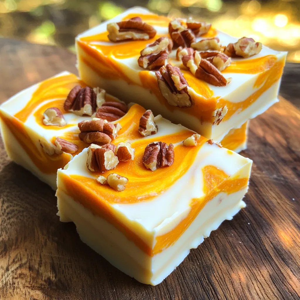 To make Pumpkin Swirl White Chocolate Fudge, you need a few simple items. Here’s the list: - 2 cups white chocolate chips - 1 (14 oz) can of sweetened condensed milk - 1 cup canned pumpkin puree - 1 teaspoon pumpkin pie spice - 1/2 teaspoon vanilla extract - 1 cup chopped pecans (optional) - Pinch of salt These ingredients blend well to create a creamy and flavorful treat. The white chocolate gives a sweet base, while the pumpkin adds warmth and spice. The optional pecans add a nice crunch. Each ingredient plays a key role in making this fudge delightful. You can easily find these items at your local grocery store. When you gather your ingredients, make sure they are fresh. Fresh pumpkin puree and quality white chocolate will give your fudge the best taste. Enjoy the process of making this treat; it’s a fun way to bring the fall flavors into your kitchen! Start by lining an 8-inch square baking dish with parchment paper. Leave some paper hanging over the sides. This makes it easy to lift the fudge out later. A well-prepped dish helps the fudge come out smoothly. In a medium saucepan, combine the white chocolate chips and sweetened condensed milk. Set the heat to low. Stir the mixture constantly until it melts and becomes smooth. This should take just a few minutes. Be careful not to burn it. Once melted, remove it from the heat. In a separate bowl, mix together the canned pumpkin puree, pumpkin pie spice, vanilla extract, and a pinch of salt. Stir until everything is well combined. This mixture adds a rich, warm flavor to your fudge. It should be smooth and creamy. Pour half of the melted white chocolate mixture into the prepared baking dish. Spread it evenly across the bottom. Next, drop spoonfuls of the pumpkin mixture over the white chocolate layer. Use a knife or toothpick to swirl the pumpkin into the fudge gently. This creates a beautiful marbled effect. Pour the remaining white chocolate mixture on top of the pumpkin layer. Smooth it out with a spatula. You can swirl again if you want a more intense marbling. If you like, sprinkle chopped pecans on top for added crunch. Now, refrigerate the fudge for at least 2-3 hours. Once firm, lift the fudge out using the parchment overhang. Place it on a cutting board and cut it into squares. Enjoy your delicious treat! To get the right fudge texture, melt the white chocolate slowly. Use low heat and stir constantly. This method prevents burning. After melting, let the chocolate cool slightly before mixing in other ingredients. A cooler mixture helps the fudge set well. The pumpkin layer should be smooth but not too watery. If it seems too runny, add a bit more pumpkin puree. To make your fudge even tastier, try adding a pinch of cinnamon or nutmeg. These spices boost the pumpkin flavor. You can also mix in some chopped pecans or walnuts for crunch. For a richer taste, use high-quality white chocolate. Good chocolate makes a big difference in flavor. One common mistake is not allowing the fudge to cool enough before cutting. Let it chill in the fridge for at least 2-3 hours. Cutting too soon can make it crumbly. Another mistake is swirling too much. You want a nice marble look, not a complete mix. Finally, make sure to measure ingredients carefully. Too much pumpkin can make the fudge too soft. {{image_2}} You can change the fudge flavor in fun ways. Try using dark chocolate instead of white chocolate. This gives a richer taste. You can also add a hint of orange zest for a citrus twist. If you want a spice kick, mix in a bit of cinnamon. If you don’t have white chocolate chips, use vanilla baking chips as a swap. For a creamier fudge, replace sweetened condensed milk with coconut milk. Want a nut-free option? Just leave out the pecans. To make this fudge vegan, use dairy-free chocolate chips and coconut cream instead of sweetened condensed milk. For a gluten-free treat, make sure all ingredients are labeled gluten-free. This fudge can fit many diets while still being tasty! To keep your pumpkin swirl white chocolate fudge fresh, follow these steps: - Wrap It Up: Use plastic wrap or foil to cover the fudge. - Airtight Container: Place the wrapped fudge into an airtight container. - Cool Place: Store it in a cool, dark area like a pantry. These methods help keep the fudge soft and tasty. The fudge keeps well for about one week in the fridge. After that, it may lose its fresh taste. If you notice any change in smell or texture, it’s best to toss it. Freezing is a great way to save the fudge for later. Here’s how: - Cut the Fudge: Slice it into squares before freezing. - Single Layer: Place the squares on a baking sheet in a single layer. - Freeze First: Freeze for about 2 hours until solid. - Store Properly: Transfer the squares to a freezer-safe container, separating layers with parchment paper. This way, the fudge stays fresh for up to three months! When you want to enjoy it, just thaw it in the fridge overnight. Yes, you can use milk chocolate instead of white chocolate. This change will make the fudge richer and sweeter. Just remember that the taste will differ. Milk chocolate has a deeper flavor than white chocolate. If you love milk chocolate, go ahead and try it! To make this recipe vegan, use dairy-free white chocolate chips. You can find these at many stores. Swap sweetened condensed milk with a plant-based version. Coconut cream or almond milk can work too. This way, you keep the creamy texture while making it vegan. The fudge lasts about two weeks in the refrigerator. Store it in an airtight container to keep it fresh. If you want to enjoy it longer, consider freezing it. Just wrap it tightly in plastic wrap before placing it in a freezer bag. Absolutely! You can add other mix-ins to the fudge. Consider mixing in chocolate chips, dried fruits, or nuts. Chopped walnuts or almonds work great too. Just be sure not to overload it. Balance is key for the best flavor and texture. This blog post covered a delicious white chocolate pumpkin fudge recipe. We went through the ingredients, instructions, and tips for the best results. You learned how to customize the flavors and store the fudge properly. Baking can be easy and fun with a few simple steps. Enjoy making this treat and share it with friends and family. Remember, the right tricks will make your fudge a hit every time!