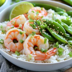 - 1 pound shrimp, peeled and deveined - 2 cups cooked jasmine rice - 4 cloves garlic, minced - 1 tablespoon fresh ginger, grated These main ingredients create a tasty base for your rice bowl. Shrimp cooks quickly and adds protein. Jasmine rice gives a subtle floral taste that pairs well with the shrimp. The garlic and ginger add warmth and depth. - 2 tablespoons soy sauce - 1 tablespoon sesame oil - 1 teaspoon honey These seasoning ingredients bring the dish to life. Soy sauce adds umami. Sesame oil gives a nutty aroma. Honey adds a hint of sweetness, balancing the savory flavors. - 1 bunch green onions, chopped - 1 cup snap peas, trimmed - 1 tablespoon sesame seeds - Lime wedges, for garnish Garnishes make your dish pop. Green onions add a fresh crunch. Snap peas provide a bright color and a slight crunch. Sesame seeds give texture and a nutty flavor. Lime wedges add a zesty kick when squeezed on top. First, we need to prep our ingredients. Start by mincing four cloves of garlic. You want them small so they mix well with the shrimp. Next, grab a piece of fresh ginger. Grate about one tablespoon. Fresh ginger adds a nice kick. Now, let’s clean the shrimp. Use one pound of shrimp that is peeled and deveined. Make sure they are ready for cooking. In a large skillet, heat two tablespoons of sesame oil over medium-high heat. Once the oil is hot, add your minced garlic and grated ginger. Sauté them for about one minute. You want them to smell nice but not burn. Now, it’s time to add the shrimp. Cook them for about two to three minutes on each side. They should turn pink and opaque. Next, stir in two tablespoons of soy sauce and one tablespoon of honey. This adds flavor and sweetness. Season with salt and pepper to your taste, and cook for another minute. Finally, toss in one cup of trimmed snap peas. Cook for an extra two to three minutes until they are bright green and tender-crisp. Now, let’s put it all together. Start by dividing two cups of cooked jasmine rice among serving bowls. This will be the base of your rice bowls. Next, top the rice with the garlic ginger shrimp and snap peas. Make it look nice and colorful. For the final touch, garnish with chopped green onions and a sprinkle of sesame seeds. Serve with lime wedges on the side. A squeeze of lime adds a zesty flavor to your dish. Enjoy your tasty and easy shrimp rice bowl! Cook shrimp quickly for the best taste. Heat your skillet to medium-high. Add the shrimp and cook for 2-3 minutes on each side. Watch for the color change; they should turn pink and opaque. If shrimp cook too long, they get rubbery. So, keep an eye on them! Use fresh ingredients for better taste. Fresh garlic and ginger bring a lot of flavor. Adjust the soy sauce to match your taste. If you like it salty, add a little more. For sweetness, the honey is great. Mix well to coat the shrimp evenly. Pair your rice bowls with simple sides. Steamed broccoli or a fresh salad works well. For meal prep, make extra shrimp and rice. Store them separately to keep them fresh. You can enjoy this dish for lunch or dinner all week! {{image_2}} You can swap shrimp for chicken, tofu, or fish. Each option brings its own taste. - Chicken: Use bite-sized pieces. Cook them until golden brown and juicy. - Tofu: Choose firm tofu. Press it to remove extra water, then cut it into cubes. Sauté until crispy. - Fish: White fish like cod works well. Cook it gently to keep it flaky. You can mix in different veggies to boost nutrition and flavor. - Broccoli: Steam or sauté until bright green. It adds a nice crunch. - Bell Peppers: Slice them thin. They add sweetness and color. - Carrots: Shred or slice them thin. They offer a sweet bite and bright color. Adding more flavors can take your dish to new heights. - Sauces: Try teriyaki or chili sauce for a twist. Each brings a unique taste. - Spices: Add a pinch of red pepper flakes for heat or a sprinkle of cumin for warmth. Feel free to mix and match these options. Your creativity will make each bowl special! You can store leftover shrimp rice bowls easily. Place them in an airtight container. If you plan to eat them within three days, refrigerate them. For longer storage, freeze the shrimp rice bowls. Make sure to seal them well to avoid freezer burn. To reheat shrimp rice bowls, use the microwave for quick results. Place a damp paper towel over the bowl to keep the shrimp moist. Heat in short bursts, stirring often. You can also use a skillet on low heat. This method keeps the shrimp tender and flavorful. Add a splash of water or soy sauce if needed. In the fridge, the shrimp rice bowls last about three days. In the freezer, they can stay fresh for up to three months. For best taste and texture, eat them sooner rather than later. Always check for any off smells or changes in color before consuming. To avoid rubbery shrimp, cook them right. Use medium-high heat and don’t overcook. Shrimp cook fast. Generally, two to three minutes on each side is perfect. When they turn pink and opaque, they’re done. Remove them from the heat right away. Overcooking makes shrimp tough and chewy. Yes, you can use frozen shrimp. Just make sure to thaw them first. To thaw, place shrimp in cold water for about 10-15 minutes. You can also leave them in the fridge overnight. Once thawed, you can cook them just like fresh shrimp. Check that they are fully thawed and dry them before cooking. This helps them cook evenly. Absolutely! For a low-carb option, you can skip the rice. Instead, try using cauliflower rice. It’s a great alternative that keeps the dish light. You can also serve the shrimp over zucchini noodles or a fresh salad. These options taste great and keep the meal healthy. In this blog post, we explored how to create delicious shrimp rice bowls. We covered the key ingredients like shrimp and jasmine rice, plus flavors from garlic and soy sauce. I shared step-by-step instructions for prep and cooking, along with tips for perfect shrimp. We also discussed variations, storage, and answered common FAQs. With these tips, you can enjoy great meals at home. Always experiment to make each dish your own. Happy cooking!