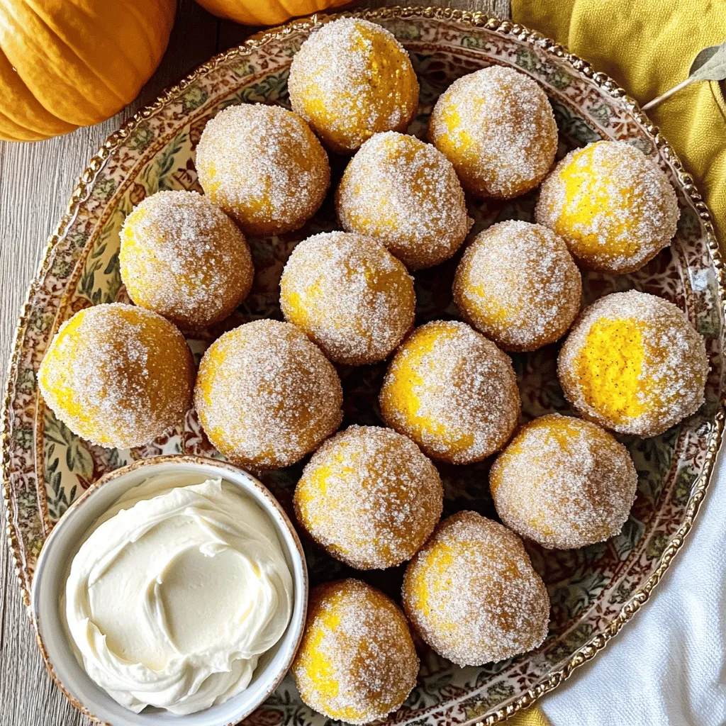 - 1 cup pumpkin puree - 1/3 cup granulated sugar - 1/3 cup brown sugar, packed - 1/2 cup vegetable oil - 2 large eggs - 1 teaspoon vanilla extract - 1 3/4 cups all-purpose flour - 1 teaspoon baking powder - 1/2 teaspoon baking soda - 1/2 teaspoon salt - 1 teaspoon ground cinnamon - 1/2 teaspoon ground nutmeg - 1/4 teaspoon ground ginger - 1/4 cup granulated sugar - 1 tablespoon ground cinnamon To make these pumpkin donut holes, gather your ingredients. First, you need pumpkin puree. This gives the donut holes their rich flavor and moist texture. Use either fresh or canned puree. Next, grab both granulated and brown sugar. They add sweetness and depth. You will also need vegetable oil for moisture and richness. The two large eggs help bind the mixture. Don’t forget the vanilla extract! It brings a lovely aroma. Now, let’s talk about the dry ingredients. All-purpose flour is the base. Baking powder and baking soda help your donut holes rise. Salt enhances the flavors. Then, we have spices: ground cinnamon, nutmeg, and ginger. These spices create that warm, cozy pumpkin flavor. Finally, mix the cinnamon sugar coating. This simple blend of granulated sugar and ground cinnamon adds a sweet finish. When you roll the warm donut holes in this mix, they become irresistible. - Preheat your oven to 350°F (175°C). - Grease a mini muffin pan with a little oil or cooking spray. - In a bowl, combine 1 cup of pumpkin puree, 1/3 cup of granulated sugar, and 1/3 cup of brown sugar. - Pour in 1/2 cup of vegetable oil. Mix until smooth. - Add 2 large eggs and 1 teaspoon of vanilla extract. Stir until well combined. - In another bowl, whisk together 1 3/4 cups of all-purpose flour, 1 teaspoon of baking powder, 1/2 teaspoon of baking soda, and 1/2 teaspoon of salt. - Add 1 teaspoon of ground cinnamon, 1/2 teaspoon of ground nutmeg, and 1/4 teaspoon of ground ginger. Mix well. - Gradually add the dry ingredients to the wet mixture. - Stir gently until everything is just combined. Do not overmix; this keeps them fluffy. - Use a small cookie scoop or spoon to fill each muffin cup about 2/3 full. - Bake for 10-12 minutes. Check doneness by inserting a toothpick; it should come out clean. - Let the donut holes cool in the pan for about 5 minutes before moving them to a wire rack. - In a small bowl, mix 1/4 cup of granulated sugar with 1 tablespoon of ground cinnamon. - While the donut holes are still warm, roll each one in the cinnamon sugar mix until fully coated. To make sure your donut holes are fluffy, keep these tips in mind: - Do not overmix the batter. Stir just enough to combine. - Use room temperature ingredients. This helps the batter mix well and rise nicely. Baking time is crucial for perfect donut holes. - Monitor bake time to avoid dryness. Check them around 10 minutes. - Cool properly before coating. Let them sit for five minutes in the pan. How you present your treats can make a big difference. - Dust with extra cinnamon sugar for a sweet touch. It adds charm and flavor. - Serve with cream cheese frosting. It makes for a delicious dip that everyone loves. {{image_2}} You can play around with flavors in this recipe. For a chocolate twist, try chocolate pumpkin donut holes. Simply add 1/2 cup of cocoa powder to the dry mix. This adds a rich taste that pairs well with pumpkin. You can also choose nutty pumpkin donut holes. Just mix in some chopped walnuts or pecans. This adds crunch and a different flavor. If you are gluten-free, you can still enjoy these donut holes. Use gluten-free flour instead of all-purpose flour. This change keeps the texture light and fluffy. For those who follow a vegan diet, swap the eggs for flax eggs. Use 1 tablespoon of ground flaxseed mixed with 2.5 tablespoons of water for each egg. This keeps the donut holes moist and delicious. Toppings can make these donut holes even better! A maple glaze adds a sweet layer on top. To make this, mix powdered sugar with maple syrup until smooth. You can also drizzle chocolate over them. Melt some chocolate chips and drizzle it on warm donut holes. Each option adds a special touch that enhances the pumpkin flavor. You can store leftover pumpkin donut holes at room temperature. Place them in an airtight container. They stay fresh for about two days this way. If you want to keep them longer, store them in the fridge. This helps them last up to a week. To freeze donut holes, let them cool completely. Then, place them in a single layer on a baking sheet. Freeze them for about an hour. After they are frozen, transfer them to a freezer-safe bag. Make sure to remove as much air as possible. They can stay in the freezer for up to three months. To thaw, just take out the desired amount and leave them at room temperature. You can also reheat them in the microwave for 10-15 seconds. The best way to reheat donut holes is in the oven. Preheat your oven to 350°F (175°C). Place them on a baking sheet for about 5-7 minutes. This keeps them soft and warm. You can also use the microwave, but be careful. Heat them in short bursts to avoid making them tough. Enjoy your warm treats! To make pumpkin puree, start with a small sugar pumpkin. Cut it in half and scoop out the seeds. Place the halves cut-side down on a baking sheet and roast at 350°F (175°C) for about 45 minutes. Once soft, scoop out the flesh and blend it until smooth. This gives you fresh pumpkin puree. Yes, you can use canned pumpkin puree! It saves time and tastes great. Just make sure to choose pure pumpkin puree, not pumpkin pie filling. This helps keep the flavor and texture right. You can use applesauce as an egg substitute. Use 1/4 cup of applesauce for each egg. Alternatively, you can use mashed banana or a flaxseed mixture. To make the flaxseed mixture, mix one tablespoon of ground flaxseed with three tablespoons of water. Let it sit for a few minutes to thicken. Insert a toothpick into the center of a donut hole. If it comes out clean, they are done. The tops should look firm and slightly golden. Keep an eye on them to avoid overbaking. Yes, you can make the batter a day ahead. Store it in the fridge and bake when ready. You can also bake the donut holes and store them in an airtight container. They stay fresh for a few days at room temperature. If you want to keep them longer, freeze them. You learned how to make delicious pumpkin donut holes. We covered each step, from mixing the ingredients to baking and coating them in cinnamon sugar. Remember, do not overmix the batter for a fluffy texture. Experiment with flavors and toppings to suit your taste. Store them properly to keep them fresh, and consider freezing extras for later. Enjoy every bite of these tasty treats while sharing your creations with others. Happy baking!