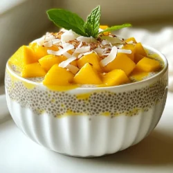- 1 cup coconut milk - 1 ripe mango, diced - 1/4 cup chia seeds - 2 tablespoons maple syrup or honey (adjust to taste) - 1 teaspoon vanilla extract - Pinch of salt To make mango coconut chia pudding, we start with fresh, tasty ingredients. First, the base is coconut milk. It gives a rich, creamy flavor. Use full-fat coconut milk for the best taste. Next, we need a ripe mango. The mango should be sweet and soft. This adds a fruity burst to your pudding. Chia seeds are essential. They swell up and make the pudding thick. You will need about a quarter cup of these tiny seeds. Sweeteners like maple syrup or honey add just the right amount of sweetness. You can adjust the sweetness to your liking. A dash of vanilla extract adds a wonderful aroma. Finally, a pinch of salt balances all the flavors. - Toasted coconut flakes - Fresh mint leaves For garnishes, I love toasted coconut flakes. They add a nice crunch. Plus, they enhance the coconut flavor. Fresh mint leaves give a pop of color and freshness. You can add these on top before serving. They make your dish look fancy and inviting! {{ingredient_image_1}} 1. Mixing coconut milk and sweeteners Begin by taking a medium bowl. Pour in 1 cup of coconut milk. Add 2 tablespoons of maple syrup or honey. You can adjust the sweetness based on your taste. Then, add 1 teaspoon of vanilla extract and a pinch of salt. Mix everything well until it is combined. 2. Incorporating chia seeds Now, it’s time to add the chia seeds. Measure out 1/4 cup of chia seeds and sprinkle them into the coconut milk mixture. Whisk continuously as you add them. This helps to prevent any clumps from forming. You want each seed to be coated in the liquid. 3. Refrigeration time Once mixed, cover the bowl and place it in the refrigerator. Allow it to chill for at least 4 hours. For the best results, let it sit overnight. This will let the chia seeds swell and turn the mixture into a pudding-like texture. 1. Layering pudding and mango When you are ready to serve, take the pudding out of the fridge. Give it a good stir to break up any clumps. Grab your serving glasses or bowls. Start layering the chia pudding and the diced mango. You can alternate layers for a beautiful presentation. 2. Adding garnishes To finish, top each serving with toasted coconut flakes. This gives a nice crunch. Add a few fresh mint leaves for a pop of color and flavor. Your Mango Coconut Chia Pudding is now ready to enjoy! To make the best mango coconut chia pudding, focus on a few key steps. First, use the right whisking technique. When you add chia seeds to the coconut milk mixture, whisk them in quickly. This will help avoid clumps. If you skip this step, your pudding may not be smooth. Next, pay attention to refrigeration time. You need to chill the pudding for at least four hours. For the best results, let it sit overnight. This allows the chia seeds to absorb the liquid and swell up. The longer it sits, the better the texture becomes. Think of special occasions when you can serve this pudding. It works great for breakfast, brunch, or dessert. You can also enjoy it as a light snack. For toppings, consider pairing it with fresh fruit. Slices of banana or berries add a nice touch. You can also mix in some toasted coconut flakes for extra crunch. Fresh mint leaves make a pretty garnish, too. These additions will make your pudding even more delicious and appealing! Pro Tips Chia Seed Soaking Time: The longer you let the chia seeds soak, the thicker the pudding will become. For best results, prepare it the night before and let it chill overnight. Mango Variations: You can use other fruits like pineapple or passion fruit if you want to switch up the flavors. Just ensure they are ripe for the best taste. Sweetness Adjustment: Taste the pudding before serving and adjust the sweetness. You can add more maple syrup or honey if desired. Garnishing Tips: For an extra crunch and flavor, consider adding nuts or seeds as a topping along with toasted coconut and mint. {{image_2}} You can make your mango coconut chia pudding even better with tropical fruits. Adding pineapple brings a sweet, tangy taste. Just chop fresh pineapple and layer it with the pudding. Kiwi also adds a fun twist. Its bright green color looks great too! You can mix any of these fruits for a unique flavor. Try layering different fruits for surprise flavors in each bite. Infusing your pudding with spices can create new tastes. Cinnamon adds warmth, while nutmeg gives a cozy feel. Just a pinch goes a long way! You can also change the type of milk. Almond milk or oat milk work well too. They add different flavors and keep it creamy. Don’t be afraid to experiment! Each change can lead to a new favorite version. Store your mango coconut chia pudding in the fridge. Use an airtight container to keep it fresh. It will stay good for about 4 to 5 days. If you see any liquid separation, just stir it back together. This pudding tastes best when chilled. Yes, you can freeze chia pudding! However, it may change texture after thawing. To freeze, pour the pudding into a freezer-safe container. Leave some space at the top for expansion. Seal tightly and freeze for up to 2 months. When you’re ready to eat, thaw it overnight in the fridge. Stir well before serving to restore its creaminess. Mango coconut chia pudding lasts about 3 to 5 days in the fridge. Keep it in a sealed container. The flavors will get better over time as they blend together. Just check for any change in smell or texture before eating. Yes, you can use other types of milk. Almond milk, soy milk, or oat milk work well. Each will give a different flavor. If you want a creamier texture, choose full-fat milk or cashew milk. If you cannot find chia seeds, use flaxseeds or hemp seeds. Flaxseeds need to be ground first for the best results. You can also try tapioca pearls, but they need different cooking. Adjust the amounts if you switch seeds. You now know the key ingredients and steps for making mango coconut chia pudding. This simple recipe combines creamy coconut milk, sweet ripe mango, and nutritious chia seeds for a tasty treat. Remember to follow the tips for perfect texture and explore fun variations. Whether for breakfast or dessert, this pudding is sure to impress. Enjoy experimenting with flavors and garnishes. Try this recipe today, and enjoy a refreshing dish that fits any occasion. Your kitchen adventures await!