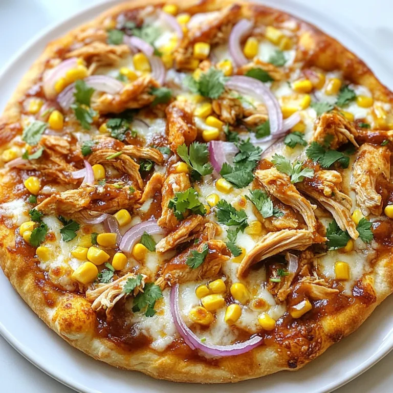 - 1 pre-made pizza dough - 1 cup cooked pulled chicken - Β½ cup BBQ sauce (preferably smoky) - Β½ cup ranch dressing - 1 cup shredded mozzarella cheese - Β½ cup red onion, thinly sliced - Β½ cup corn kernels (fresh or canned) - ΒΌ cup fresh cilantro, chopped (for garnish) - 1 teaspoon olive oil - Salt and pepper to taste To make BBQ Ranch Chicken Pizza, gather all your ingredients. You can find pre-made pizza dough at most stores. I love using cooked pulled chicken for this pizza. This saves time and adds great flavor. Smoky BBQ sauce gives the dish a rich taste. Ranch dressing adds creaminess and balances the BBQ flavor. The mozzarella cheese melts beautifully and gives that classic pizza taste. Red onion adds a bit of crunch and sharpness, while corn brings sweetness. Donβt forget the fresh cilantro! It brightens up each bite. Olive oil adds a nice finish, and salt and pepper enhance the flavors. With these ingredients, youβre ready to create a delicious pizza that everyone will love! {{ingredient_image_1}} - Preheat your oven to 475Β°F (245Β°C). This heat makes the crust crispy. - Roll out the pizza dough on a floured surface. Aim for about 12 inches in diameter. - In a bowl, mix the cooked pulled chicken with BBQ sauce. Make sure the chicken is well coated. - Spread ranch dressing evenly over the rolled-out dough. This adds great flavor. - Scatter the BBQ chicken mixture over the ranch-dressed dough. - Evenly sprinkle shredded mozzarella cheese on top. - Add thinly sliced red onions and corn kernels for extra taste and crunch. - Drizzle a little olive oil over the top. Season with salt and pepper to taste. - Bake in the preheated oven for 12-15 minutes. Look for a golden crust and bubbly cheese. - Once baked, remove the pizza from the oven. Let it cool for a minute before slicing. - Garnish with fresh cilantro before serving. This adds a nice touch. To get that crispy crust, preheating the oven is key. Set your oven to 475Β°F (245Β°C). This high heat makes the crust nice and crunchy. When rolling out the dough, aim for about 12 inches in diameter. If the dough is too thick, it wonβt cook well. Too thin, and it may burn. Use a floured surface to avoid sticking. Want to add more flavor? Try adding pepperoni, bell peppers, or jalapeΓ±os. These toppings pack a punch! You can also use different BBQ sauces. A smoky sauce works great, but a tangy one adds a nice twist. Pair your BBQ Ranch Chicken Pizza with a fresh salad or some crispy fries. A cold soda or iced tea also complements the meal nicely. For a fun twist, serve it with a side of extra ranch dressing for dipping! Pro Tips Use High-Quality BBQ Sauce: The flavor of your BBQ chicken pizza heavily relies on the BBQ sauce you choose. Opt for a smoky, robust sauce to enhance the overall taste. Pre-Cook Ingredients: Ensure that your pulled chicken is fully cooked and seasoned before adding it to the pizza. This guarantees that every bite is flavorful and safe to eat. Donβt Overload the Toppings: While it might be tempting to pile on the toppings, too many can result in a soggy crust. Aim for a balanced distribution for optimal texture and flavor. Let the Pizza Rest: After baking, allow the pizza to cool for a minute before slicing. This helps the cheese set a little, making for cleaner cuts and better presentation. {{image_2}} You can swap out the pre-made pizza dough for homemade dough. Making your own dough is simple. Just mix flour, yeast, water, and salt. Knead it well and let it rise. For proteins, you can use pork or beef instead of chicken. Pulled pork works great with BBQ sauce. Ground beef adds a different taste, too. If you need a gluten-free option, use gluten-free pizza crust. Many brands offer this now. You can also make your own crust with almond or rice flour for an easy swap. For vegan adaptations, replace the cheese with dairy-free cheese. There are many tasty options out there. You can also use tofu or jackfruit for a protein boost. Want some heat? Add spicy BBQ sauce to the chicken mix. You can even sprinkle red pepper flakes on top for extra spice. If you're not a fan of ranch dressing, try Italian or blue cheese dressing. Both will change the taste but keep it yummy. Use what you love to make this pizza yours! To store leftover pizza, wrap it well in foil or plastic. This keeps it fresh. Place it in the fridge. It stays good for about three days. When reheating, preheat your oven to 350Β°F (175Β°C). Place the pizza on a baking sheet. Bake for about 10 minutes. This keeps the crust crispy. To freeze unbaked pizza, assemble it as normal. Wrap it tightly in plastic wrap. Then, wrap it in foil. Label it with the date. It can last up to three months. For baked pizza, let it cool first. Then, follow the same wrapping steps. When ready to eat, thaw your pizza overnight in the fridge. For quick thawing, you can use the microwave. Heat it on low power for a few minutes. After thawing, reheat in the oven at 350Β°F (175Β°C) for about 10 minutes. Enjoy your pizza like itβs fresh! Bake your BBQ Ranch Chicken Pizza for 12 to 15 minutes. This time gives a crisp crust and melted cheese. Check for golden-brown edges and bubbling cheese before taking it out. Letting it cool for a minute before slicing helps set the toppings. You can use raw chicken, but it will take longer to cook. If you choose raw chicken, cook it first in a skillet until it's no longer pink. After cooking, shred the chicken and mix it with BBQ sauce before adding it to the pizza. This ensures all flavors mix well. You can add many toppings to your pizza for extra flavor. Here are some ideas: - JalapeΓ±os for heat - Pineapple for sweetness - Bell peppers for crunch - Spinach for a fresh touch - Bacon for a savory kick Feel free to mix and match to find your favorite combo! To slice your pizza evenly, use a sharp pizza cutter. Start by cutting it into quarters. Then, slice each quarter into smaller pieces. This method helps keep toppings in place. You can also use a chef's knife if you donβt have a pizza cutter. Making pizza dough at home is simple and fun! Hereβs a quick recipe: - Mix 2 cups of flour with 1 teaspoon of salt. - Add 1 teaspoon of yeast and ΒΎ cup of warm water. - Stir until it forms a ball. - Knead for 5 minutes. - Let it rise in a warm spot for 30 minutes. Now, you have fresh dough ready for your pizza! This blog post covered how to make BBQ Ranch Chicken Pizza, from ingredients to baking. You should have everything you need, from pulling chicken and BBQ sauce to baking tips. Remember to preheat your oven for a crispy crust. Feel free to try variations with different proteins or toppings. Enjoy tasty slices with your favorite drink. With these steps, cooking this pizza at home is easy and fun. I hope you love making it as much as I do!