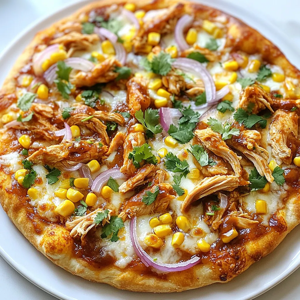 - 1 pre-made pizza dough - 1 cup cooked pulled chicken - ½ cup BBQ sauce (preferably smoky) - ½ cup ranch dressing - 1 cup shredded mozzarella cheese - ½ cup red onion, thinly sliced - ½ cup corn kernels (fresh or canned) - ¼ cup fresh cilantro, chopped (for garnish) - 1 teaspoon olive oil - Salt and pepper to taste To make BBQ Ranch Chicken Pizza, gather all your ingredients. You can find pre-made pizza dough at most stores. I love using cooked pulled chicken for this pizza. This saves time and adds great flavor. Smoky BBQ sauce gives the dish a rich taste. Ranch dressing adds creaminess and balances the BBQ flavor. The mozzarella cheese melts beautifully and gives that classic pizza taste. Red onion adds a bit of crunch and sharpness, while corn brings sweetness. Don’t forget the fresh cilantro! It brightens up each bite. Olive oil adds a nice finish, and salt and pepper enhance the flavors. With these ingredients, you’re ready to create a delicious pizza that everyone will love! {{ingredient_image_1}} - Preheat your oven to 475°F (245°C). This heat makes the crust crispy. - Roll out the pizza dough on a floured surface. Aim for about 12 inches in diameter. - In a bowl, mix the cooked pulled chicken with BBQ sauce. Make sure the chicken is well coated. - Spread ranch dressing evenly over the rolled-out dough. This adds great flavor. - Scatter the BBQ chicken mixture over the ranch-dressed dough. - Evenly sprinkle shredded mozzarella cheese on top. - Add thinly sliced red onions and corn kernels for extra taste and crunch. - Drizzle a little olive oil over the top. Season with salt and pepper to taste. - Bake in the preheated oven for 12-15 minutes. Look for a golden crust and bubbly cheese. - Once baked, remove the pizza from the oven. Let it cool for a minute before slicing. - Garnish with fresh cilantro before serving. This adds a nice touch. To get that crispy crust, preheating the oven is key. Set your oven to 475°F (245°C). This high heat makes the crust nice and crunchy. When rolling out the dough, aim for about 12 inches in diameter. If the dough is too thick, it won’t cook well. Too thin, and it may burn. Use a floured surface to avoid sticking. Want to add more flavor? Try adding pepperoni, bell peppers, or jalapeños. These toppings pack a punch! You can also use different BBQ sauces. A smoky sauce works great, but a tangy one adds a nice twist. Pair your BBQ Ranch Chicken Pizza with a fresh salad or some crispy fries. A cold soda or iced tea also complements the meal nicely. For a fun twist, serve it with a side of extra ranch dressing for dipping! Pro Tips Use High-Quality BBQ Sauce: The flavor of your BBQ chicken pizza heavily relies on the BBQ sauce you choose. Opt for a smoky, robust sauce to enhance the overall taste. Pre-Cook Ingredients: Ensure that your pulled chicken is fully cooked and seasoned before adding it to the pizza. This guarantees that every bite is flavorful and safe to eat. Don’t Overload the Toppings: While it might be tempting to pile on the toppings, too many can result in a soggy crust. Aim for a balanced distribution for optimal texture and flavor. Let the Pizza Rest: After baking, allow the pizza to cool for a minute before slicing. This helps the cheese set a little, making for cleaner cuts and better presentation. {{image_2}} You can swap out the pre-made pizza dough for homemade dough. Making your own dough is simple. Just mix flour, yeast, water, and salt. Knead it well and let it rise. For proteins, you can use pork or beef instead of chicken. Pulled pork works great with BBQ sauce. Ground beef adds a different taste, too. If you need a gluten-free option, use gluten-free pizza crust. Many brands offer this now. You can also make your own crust with almond or rice flour for an easy swap. For vegan adaptations, replace the cheese with dairy-free cheese. There are many tasty options out there. You can also use tofu or jackfruit for a protein boost. Want some heat? Add spicy BBQ sauce to the chicken mix. You can even sprinkle red pepper flakes on top for extra spice. If you're not a fan of ranch dressing, try Italian or blue cheese dressing. Both will change the taste but keep it yummy. Use what you love to make this pizza yours! To store leftover pizza, wrap it well in foil or plastic. This keeps it fresh. Place it in the fridge. It stays good for about three days. When reheating, preheat your oven to 350°F (175°C). Place the pizza on a baking sheet. Bake for about 10 minutes. This keeps the crust crispy. To freeze unbaked pizza, assemble it as normal. Wrap it tightly in plastic wrap. Then, wrap it in foil. Label it with the date. It can last up to three months. For baked pizza, let it cool first. Then, follow the same wrapping steps. When ready to eat, thaw your pizza overnight in the fridge. For quick thawing, you can use the microwave. Heat it on low power for a few minutes. After thawing, reheat in the oven at 350°F (175°C) for about 10 minutes. Enjoy your pizza like it’s fresh! Bake your BBQ Ranch Chicken Pizza for 12 to 15 minutes. This time gives a crisp crust and melted cheese. Check for golden-brown edges and bubbling cheese before taking it out. Letting it cool for a minute before slicing helps set the toppings. You can use raw chicken, but it will take longer to cook. If you choose raw chicken, cook it first in a skillet until it's no longer pink. After cooking, shred the chicken and mix it with BBQ sauce before adding it to the pizza. This ensures all flavors mix well. You can add many toppings to your pizza for extra flavor. Here are some ideas: - Jalapeños for heat - Pineapple for sweetness - Bell peppers for crunch - Spinach for a fresh touch - Bacon for a savory kick Feel free to mix and match to find your favorite combo! To slice your pizza evenly, use a sharp pizza cutter. Start by cutting it into quarters. Then, slice each quarter into smaller pieces. This method helps keep toppings in place. You can also use a chef's knife if you don’t have a pizza cutter. Making pizza dough at home is simple and fun! Here’s a quick recipe: - Mix 2 cups of flour with 1 teaspoon of salt. - Add 1 teaspoon of yeast and ¾ cup of warm water. - Stir until it forms a ball. - Knead for 5 minutes. - Let it rise in a warm spot for 30 minutes. Now, you have fresh dough ready for your pizza! This blog post covered how to make BBQ Ranch Chicken Pizza, from ingredients to baking. You should have everything you need, from pulling chicken and BBQ sauce to baking tips. Remember to preheat your oven for a crispy crust. Feel free to try variations with different proteins or toppings. Enjoy tasty slices with your favorite drink. With these steps, cooking this pizza at home is easy and fun. I hope you love making it as much as I do!