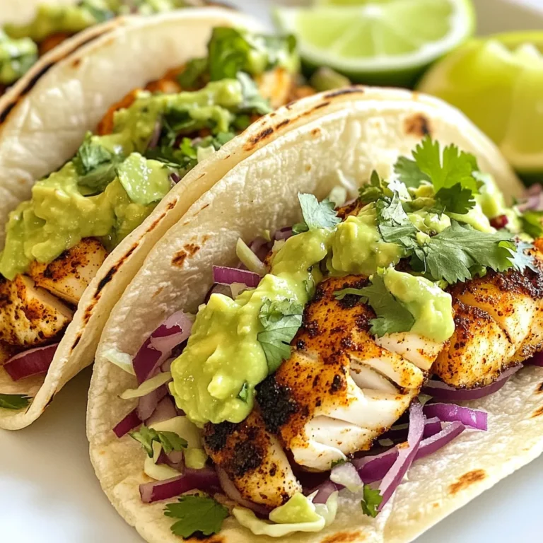 For the tacos, you will need: - 1 lb white fish fillets (like tilapia or snapper) - 2 tablespoons blackening seasoning - 2 tablespoons olive oil - 8 small corn or flour tortillas - 1 cup shredded cabbage - 1/4 cup diced red onion - 1/4 cup chopped fresh cilantro - Lime wedges for serving These ingredients make the tacos tasty and fresh. The blackening seasoning adds a nice kick. The fish should be flaky and full of flavor. Using corn or flour tortillas gives you options for texture. For the creamy topping, gather: - 1 ripe avocado - 1/2 cup Greek yogurt - 1 tablespoon lime juice - 1 clove garlic, minced - Salt to taste This crema is smooth and rich. The avocado provides creaminess, while Greek yogurt gives a tangy taste. Lime juice adds brightness, and garlic boosts flavor. You can enhance your tacos with: - Extra lime wedges - Sliced jalapeños for heat - Additional chopped cilantro - Diced tomatoes for color These garnishes let you customize each taco. They add freshness and extra flavor. Serve with lime on the side for a zesty touch. Enjoy your delicious blackened fish tacos with avocado crema! {{ingredient_image_1}} To make the avocado crema, start by gathering your ingredients. You need one ripe avocado, Greek yogurt, lime juice, minced garlic, and salt. I recommend using a food processor. It makes blending easy. First, scoop out the avocado and add it to the processor. Then, add half a cup of Greek yogurt. Next, squeeze in a tablespoon of lime juice. Toss in the minced garlic and a pinch of salt. Blend everything until it is smooth and creamy. Once done, taste it. You can adjust the salt if needed. Put it in the fridge to chill while you cook the fish. For the fish, begin by patting the fillets dry with paper towels. This step helps the seasoning stick better. Rub both sides of the fish with the blackening seasoning. Make sure to cover it evenly. In a large skillet, heat two tablespoons of olive oil over medium-high heat. Once the oil is hot, add the seasoned fish fillets. Cook for about 3 to 4 minutes on each side. The fish should get a nice blackened crust and should flake easily with a fork when done. When cooked, remove the fish from the skillet and let it rest for a couple of minutes. Now, it’s time to warm the tortillas. In the same skillet, add the corn or flour tortillas one at a time. Warm each tortilla for about 30 seconds on each side. They should be soft and pliable. After warming, place the tortillas on a plate. Next, flake the blackened fish into large pieces. Top each tortilla with shredded cabbage, flaked fish, diced red onion, and a sprinkle of fresh cilantro. Finally, drizzle or spoon the chilled avocado crema over each taco. Serve with lime wedges on the side for an extra zing. Enjoy your delicious blackened fish tacos! For blackened fish tacos, I recommend using white fish. Good choices include tilapia and snapper. These fish have a mild flavor that lets the spices shine. Make sure the fish is fresh. Check the smell and look for bright, clear eyes if buying whole fish. Fresh fish will make your tacos taste better. You can boost the flavor of your fish with a simple marinade. A mix of lime juice, garlic, and olive oil works well. Marinate the fish for about 30 minutes. This adds depth to the taste. You can also experiment with extra spices. If you like heat, add cayenne pepper or smoked paprika to your blackening seasoning. Just a little can change everything! The key to creamy avocado crema is how you blend it. Use a food processor for a smooth finish. Combine ripe avocado, Greek yogurt, lime juice, and garlic. Blend until it’s silky. If it’s too thick, add a little water or extra lime juice. Taste for salt, and adjust as needed. Chill it in the fridge for a firmer texture, perfect for drizzling on your tacos. Pro Tips Choose Fresh Fish: Always opt for the freshest fish available. Fresh fillets will have a mild scent and firm texture, enhancing the overall flavor of your tacos. Homemade Blackening Seasoning: Consider making your own blackening seasoning to customize the spice level and ingredients. A mix of paprika, cayenne, garlic powder, and thyme works beautifully. Don’t Overcrowd the Skillet: When cooking the fish, give each fillet enough space in the skillet. Overcrowding can lead to steaming instead of achieving that perfect blackened crust. Customize Your Toppings: Feel free to add additional toppings like diced tomatoes, jalapeños, or a squeeze of chipotle sauce to enhance the flavor profile of your tacos. {{image_2}} You can switch up the fish in these tacos. Try shrimp, chicken, or tofu. Each option brings new flavors. For shrimp, season like the fish. Cook them until pink and firm. Chicken can be grilled or sautéed. Use a similar blackening spice for best results. Tofu needs extra care. Press it to remove water, then cube and season. Cook until golden brown for a tasty bite. Add seasonal vegetables for extra crunch and flavor. Grilled zucchini, bell peppers, or corn work well. You can also use fresh tomatoes, radishes, or avocado slices. These veggies add color and nutrition. Mix and match based on what’s fresh at your market. A fresh salsa made with these ingredients can enhance your tacos, too. If you want a dairy-free version of the avocado crema, skip the Greek yogurt. Use coconut yogurt or cashew cream instead. Both will give you a creamy texture. Blend them with avocado, lime juice, garlic, and a pinch of salt. Taste and adjust until it’s just right. This way, everyone can enjoy the creamy goodness without dairy. To store your leftover fish tacos, first, let them cool down. Place the fish in an airtight container. You can keep the tortillas, fish, and toppings separate. This keeps everything fresh. Store the fish and toppings in the fridge for up to two days. The tortillas can stay at room temperature for a short time. For the avocado crema, transfer it to a small bowl. Cover the bowl tightly with plastic wrap. Make sure the wrap touches the surface to prevent browning. You can keep it in the fridge for up to three days. If it starts to brown, just scrape off the top layer. The flavor will still be good! When you are ready to eat your tacos, reheat the fish gently. Use a microwave or a skillet on low heat. Heat the fish for about 30 seconds at a time until warm. Avoid overcooking, as it can dry out the fish. Warm the tortillas in a skillet for about 15 seconds on each side. Assemble your tacos with fresh toppings and enjoy! Blackening seasoning is a mix of spices. It often includes: - Paprika - Cayenne pepper - Garlic powder - Onion powder - Dried thyme - Dried oregano - Black pepper This blend gives the fish a bold and spicy flavor. You can adjust the heat by adding more or less cayenne. It's a great way to add depth to your tacos. Yes, you can use frozen fish. Just make sure to thaw it first. You can do this by placing it in the fridge overnight. If you're short on time, you can thaw it under cold running water. Once thawed, pat the fish dry and season it. This helps the seasoning stick better. Making gluten-free tortillas is easy. You can buy ready-made options or make your own. For homemade tortillas, use: - 1 cup gluten-free flour - 1/2 teaspoon salt - Water, as needed Mix the flour and salt in a bowl. Gradually add water until the dough forms. Roll it into small balls and flatten them into rounds. Cook on a hot skillet for about 1-2 minutes on each side. This gives you fresh, tasty tortillas that fit the recipe perfectly. You can create tasty blackened fish tacos by using fresh fish and vibrant toppings. The avocado crema adds creaminess, while optional garnishes bring extra flavor. Remember to choose the right fish and adjust with spices to suit your taste. Feel free to mix up proteins and veggies for fun twists. Store leftovers properly to enjoy later, and don’t hesitate to ask questions as you cook. With these tips, you can serve impressive tacos that please any crowd. Enjoy your cooking adventure!