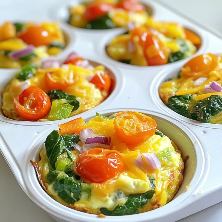 To make veggie loaded egg muffins, gather these simple ingredients: - 6 large eggs - 1 cup spinach, chopped - 1/2 bell pepper, diced (red or yellow for sweetness) - 1/2 cup cherry tomatoes, halved - 1/4 cup red onion, finely chopped - 1/4 cup shredded cheese (cheddar or mozzarella) - 1 teaspoon garlic powder - 1 teaspoon dried oregano - Salt and pepper to taste - Cooking spray or olive oil for greasing muffin tin Each veggie loaded egg muffin is packed with nutrition. Here is the breakdown: - Calories: 90 - Protein: 7g - Fat: 6g - Carbohydrates: 3g - Fiber: 1g - Sugar: 1g These muffins are low in carbs and high in protein, making them a healthy choice. Feel free to customize your muffins with these add-ins: - Additional Veggies: Try zucchini, mushrooms, or kale for more flavor. - Protein Boost: Add cooked bacon, ham, or sausage for extra protein. - Different Cheeses: Feta, goat cheese, or pepper jack can add unique tastes. - Herbs: Fresh herbs like basil or parsley can brighten the muffins. These options let you tailor the muffins to your taste and make them even better! First, set your oven to 350°F (175°C). This will ensure the muffins bake evenly. While the oven heats, grab your muffin tin. Lightly grease each cup with cooking spray or olive oil. This step helps the muffins come out easily after baking. You want them to slide right out. In a large bowl, crack open six large eggs. Whisk them together until they blend well. Next, toss in the chopped spinach, diced bell pepper, halved cherry tomatoes, and finely chopped red onion. Each veggie adds color and flavor. Stir in 1/4 cup of shredded cheese, one teaspoon of garlic powder, and one teaspoon of dried oregano. Don’t forget to add salt and pepper to taste. This mix should look vibrant and smell amazing. Carefully pour the egg and veggie mix into the muffin cups. Fill them about 3/4 full to allow room for rising. Place the muffin tin in the oven and bake for 18 to 20 minutes. Keep an eye on them. They are ready when the centers are set and the tops are slightly golden. After baking, let them cool for about five minutes. Use a knife to run around the edges to help release them. Enjoy warm or cool completely before storing them in the fridge. To make great egg muffins, focus on mixing the right ingredients. Use fresh veggies for the best taste. I love adding spinach, bell pepper, and cherry tomatoes. These not only taste great but also add color. Whisk the eggs until they are well mixed. This helps to create a light texture. Don’t forget to season with salt and pepper. The right seasoning makes a huge difference. Bake the muffins at 350°F (175°C) for 18-20 minutes. Check for doneness by looking for a slight golden color on top. After baking, let the muffins cool for about five minutes. This makes them easier to remove from the tin. Store them in an airtight container. They will stay fresh in the fridge for up to five days. If you want to keep them longer, freeze them. Just wrap each muffin in plastic wrap and place them in a freezer bag. They will last for about three months in the freezer. When you are ready to enjoy your muffins again, reheating is simple. For quick reheating, use the microwave. Place a muffin on a plate and heat for about 30 seconds. If you prefer a crispy edge, use an oven. Preheat the oven to 350°F (175°C) and heat for about 10 minutes. This keeps the texture nice and fluffy. Enjoy your veggie loaded egg muffins warm! {{image_2}} You can mix up the veggies for your egg muffins. Try using zucchini, mushrooms, or kale. You can even add broccoli or carrots for a colorful twist. Each veggie adds a unique taste and texture. Just remember to chop the veggies small so they cook well. Always use what you have on hand. This makes it easy to enjoy fresh muffins every time. Cheese can take your muffins to the next level. Cheddar is classic and melts nicely. Mozzarella gives a stretchy texture. You can also use feta for a tangy kick. Goat cheese adds creaminess and works great with spinach. Don't be afraid to mix cheeses too. A blend can create a nice depth of flavor that keeps things interesting. If you need gluten-free options, use a gluten-free flour blend. This helps bind the ingredients without using regular flour. For a dairy-free version, skip the cheese or use dairy-free cheese. You can also add some nutritional yeast for a cheesy flavor without dairy. These swaps make the muffins suitable for many diets while keeping them tasty. Veggie loaded egg muffins shine when paired with fresh fruit. Try sliced apples, oranges, or berries. These fruits add sweetness and balance to your meal. You can also enjoy them with a slice of whole-grain toast. This adds fiber and keeps you full longer. If you like, serve them with a dollop of yogurt. A little Greek yogurt can add creaminess and extra protein. These egg muffins serve as a great snack too! Grab one when you need a quick bite. They are easy to eat on the go. Pair them with a handful of nuts for added crunch and healthy fats. You can also have them with a small salad for a light lunch. This adds fresh veggies and makes it more filling. These muffins are perfect for meal prep. Make a big batch on the weekend. Store them in the fridge for quick breakfasts all week. You can warm them in the microwave for just 30 seconds. This keeps them soft and tasty. You can also freeze them for longer storage. Just wrap each muffin in plastic wrap and place them in a freezer bag. When you're ready to eat, thaw them overnight in the fridge. This makes it easy to have a healthy meal ready anytime! Yes, you can use frozen vegetables. Just thaw and drain them first. This helps avoid excess water in your muffins. Frozen spinach, peas, or mixed veggies work well. They offer great taste and save time. Make sure to chop them if needed for even cooking. These egg muffins will stay fresh for about five days in the fridge. Store them in an airtight container to keep them moist. You can also wrap each muffin in plastic wrap for added protection. Enjoy them cold or warm! Absolutely! These muffins are perfect for meal prep. Make a batch on the weekend and enjoy them all week. Simply store them in the fridge, and grab one when you need a quick breakfast. They reheat well in the microwave or oven. You can add many spices to boost the flavor. Try paprika for a smoky kick or cumin for warmth. Fresh herbs like basil or parsley can make it bright. A pinch of red pepper flakes adds heat, too. Feel free to experiment with your favorites! You now know how to make tasty egg muffins with the right ingredients and steps. Understanding tips, variations, and serving ideas can help you enjoy them better. Egg muffins are easy, healthy, and fun to make. They fit many diets and meals. Try new flavors and find what you love. Don't hesitate to experiment. Enjoy your cooking, and have fun sharing your egg muffins with family and friends!