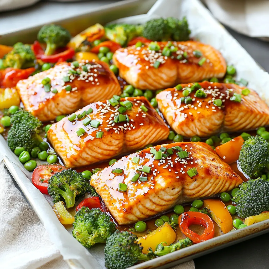 - 4 salmon fillets - 2 cups broccoli florets - 1 cup bell peppers (mixed colors), sliced - 1 cup snap peas For this dish, fresh salmon fillets steal the show. I love using bright, colorful veggies to make the meal pop. Broccoli, bell peppers, and snap peas add great taste and crunch. You can mix and match your favorite veggies too! - Homemade vs. store-bought teriyaki sauce - Additional flavor enhancers (ginger, garlic) You can use either homemade or store-bought teriyaki sauce. I often make my own for better flavor. A simple mix of soy sauce, honey, and rice vinegar works wonders. Ginger and garlic are key players here. They add freshness and depth to the dish. If you're in a hurry, store-bought is a great option too! - Sesame seeds - Chopped green onions Garnishes really elevate this dish. A sprinkle of sesame seeds adds a nice crunch. Chopped green onions bring a fresh taste and color. These little touches make your meal look and taste amazing. Don't skip them! {{ingredient_image_1}} To make the teriyaki sauce, grab a small bowl. Add 3 tablespoons of teriyaki sauce, 2 tablespoons of olive oil, 2 teaspoons of grated ginger, and 2 minced garlic cloves. Whisk these ingredients together until smooth. Taste the sauce and adjust flavors. Add a pinch of salt or more ginger if needed. This sauce adds great flavor to the salmon and veggies. First, line a large sheet pan with parchment paper. This step helps with easy cleanup. Place the 4 salmon fillets on the pan. Sprinkle them with salt and pepper. Then, brush a generous amount of the teriyaki sauce mixture over each fillet. In a mixing bowl, combine 2 cups of broccoli florets, 1 cup of sliced bell peppers, and 1 cup of snap peas. Drizzle them with olive oil and sprinkle with salt and pepper. Toss to coat the veggies. Now, arrange the veggie mixture around the salmon on the sheet pan. Drizzle any leftover teriyaki sauce over the veggies for extra flavor. Preheat your oven to 400°F (200°C). Once the oven is hot, place the sheet pan inside. Bake for 15 to 20 minutes. Check for doneness by using a fork. The salmon should flake easily when it is cooked. If it is still firm, give it a few more minutes. After baking, remove the pan from the oven. Let it cool slightly before serving. This dish is fun to serve right from the pan! To avoid overcooked salmon, use a meat thermometer. Cook until the internal temperature reaches 145°F (63°C). This ensures the salmon stays moist and flaky. If you prefer a bit of pink in the center, aim for 130°F (54°C). For even vegetable cooking, cut them into similar sizes. This helps them cook at the same rate. Toss the veggies in olive oil and seasonings before adding them to the pan. Spreading them out gives each piece room to roast, enhancing their flavor and texture. Want to add spice? Try adding red pepper flakes or sriracha to the teriyaki sauce. For a touch of sweetness, mix in a little honey or maple syrup. This creates a balanced flavor profile that pleases the palate. Using fresh herbs can elevate your dish. Try adding chopped cilantro or basil after cooking. A sprinkle of fresh herbs adds a pop of color and extra flavor. You can also try green onions for a mild onion taste. For special occasions, serve directly from the sheet pan. This gives a casual, homey feel. Alternatively, plate each salmon fillet with a colorful veggie assortment. Drizzle extra teriyaki sauce over the top. Top with sesame seeds for crunch and visual appeal. Creative plating can make your meal shine. Use a large plate and arrange the veggies in a circle. Place the salmon in the center. Add a final touch with a few green onion sprigs on top. This adds height and makes the dish look gourmet. Pro Tips Marinate for More Flavor: Allow the salmon to marinate in the teriyaki sauce mixture for at least 30 minutes before cooking. This enhances the flavor and ensures the salmon is juicy and tender. Use Fresh Ingredients: For the best flavor, use fresh vegetables and high-quality salmon. Fresh ingredients make a significant difference in taste and texture. Customize Your Veggies: Feel free to swap in your favorite vegetables, such as asparagus, zucchini, or carrots. Just ensure they have similar cooking times to the salmon for even cooking. Check for Doneness: Salmon is perfectly cooked when it flakes easily with a fork and has an internal temperature of 145°F (63°C). Use a meat thermometer for accuracy. {{image_2}} You can swap salmon for chicken or tofu easily. Both options cook well on a sheet pan. For chicken, use boneless thighs or breasts. Ensure they are cut into even pieces, so they cook evenly. For tofu, press it first to remove extra water. Then, cut it into cubes and marinate. This helps it absorb flavors from the teriyaki sauce. Feel free to mix up your veggies with what’s fresh and in season. Try using carrots, zucchini, or asparagus for a change. Each vegetable adds its own unique taste and texture. A colorful mix not only looks great but also packs in different nutrients. You can also toss in some snap peas for crunch or orange bell peppers for sweetness. If you want to make your own teriyaki sauce, it’s simple! Combine soy sauce, honey, and a splash of rice vinegar. You can add sesame oil for depth. For a gluten-free option, look for tamari instead of soy sauce. If you're watching sugar, use less honey or try a sugar substitute. These changes can still give you a tasty sauce for your dish. To keep your teriyaki salmon and veggies fresh, follow these best practices: - Let the dish cool to room temperature first. - Use airtight containers to store leftovers. - Refrigerate within two hours of cooking. - Consume leftovers within 3-4 days for best taste. When it comes to reheating, you have two good options: microwave or oven. - Microwave: Place the salmon and veggies on a microwave-safe plate. Heat for 1-2 minutes. Check to ensure it's warm throughout. - Oven: Preheat your oven to 350°F (175°C). Place the dish in an oven-safe dish and cover with foil. Heat for about 10 minutes. This method keeps the texture and flavor better. You can freeze portions for meal prep. Here’s how: - Wrap salmon and veggies tightly in plastic wrap, then place in a freezer bag. - Label with the date and contents. - Freeze for up to 2 months. To thaw, place the dish in the fridge overnight. - Alternatively, you can use the microwave's defrost setting for quick thawing. Yes, you can use frozen salmon. Just remember to adjust your cooking time. Thaw the salmon first for even cooking. Tips for cooking frozen salmon: - Place the frozen fillets on a sheet pan. - Brush with the teriyaki sauce mixture. - Bake for an extra 5-10 minutes. - Check for doneness before serving. I love to pair this dish with simple sides. Here are some great options: - Steamed rice or quinoa. - A fresh green salad. - Roasted sweet potatoes or mashed potatoes. - Asian-style noodles tossed in sesame oil. These sides blend well with the teriyaki flavors and enhance the meal. You want your salmon to look moist and flaky. Here are the signs of perfectly cooked salmon: - The flesh turns from dark pink to light pink. - It flakes easily with a fork. - The internal temperature reaches 145°F (63°C). Checking these signs ensures a delicious meal every time. In this post, we covered the key ingredients for teriyaki salmon, including salmon fillets and fresh vegetables. We learned how to make a flavorful teriyaki sauce and prepared everything step-by-step. Remember, cooking well means avoiding overcooked salmon and using fresh herbs for great taste. You can switch proteins and try new veggies for fun variations. Store your leftovers properly and reheat for best results. This dish is not hard to make, and you will impress everyone. Start cooking today and enjoy your delicious creation!