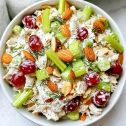 For a tasty Greek yogurt chicken salad, gather these key items: - 2 cups cooked chicken breast, shredded - 1 cup plain Greek yogurt - 1/2 cup celery, finely chopped - 1/2 cup red grapes, halved - 1/4 cup almonds, sliced - 1/4 cup green onions, chopped - 1 tablespoon Dijon mustard - 1 tablespoon honey - 1 tablespoon lemon juice - Salt and pepper to taste These ingredients create a mix of flavors and textures. The Greek yogurt adds creaminess while the chicken gives it protein. Celery adds crunch, and grapes bring sweetness. You can add your unique touch with these optional items: - Fresh dill for garnish - Chopped apples for extra sweetness - Sunflower seeds for added crunch - Avocado for creaminess Feel free to mix and match. Customizing your salad makes it special and fun. This salad is not just tasty; it's also healthy! Each serving (about 1 cup) contains: - Calories: 300 - Protein: 30g - Fat: 10g - Carbohydrates: 20g - Fiber: 3g This dish keeps you full and satisfied. It’s perfect for lunch or a light dinner. Enjoy your fresh and flavorful Greek yogurt chicken salad! {{ingredient_image_1}} Start by grabbing a large mixing bowl. Add 1 cup of plain Greek yogurt to the bowl. Then, add 1 tablespoon of Dijon mustard, 1 tablespoon of honey, and 1 tablespoon of lemon juice. Sprinkle in some salt and pepper to taste. Mix all these ingredients until they form a smooth blend. This creamy base makes your chicken salad rich and tasty. Next, take 2 cups of cooked chicken breast and shred it into small pieces. Add the shredded chicken to your yogurt mixture. Stir gently until every piece of chicken is coated well. This step is crucial for great flavor. Now, it's time to add some crunch and sweetness. Fold in 1/2 cup of finely chopped celery for a refreshing bite. Then, add 1/2 cup of halved red grapes for a juicy burst of flavor. Next, include 1/4 cup of sliced almonds for a nutty crunch, and finish with 1/4 cup of chopped green onions for a hint of sharpness. Mix everything gently to keep the grapes and almonds intact. Taste your mixture, and feel free to adjust the seasoning. Add more salt, pepper, or lemon juice if you think it needs it. After mixing, cover the bowl with plastic wrap. Place it in the refrigerator for at least 30 minutes. This chilling time helps the flavors meld together. When you're ready to serve, take it out and give it a gentle stir. If you want, you can garnish your salad with fresh dill for a pop of color and flavor. Enjoy your Greek yogurt chicken salad on a bed of greens or in a sandwich. This refreshing dish is perfect for lunch or a light dinner. To boost flavor in your Greek yogurt chicken salad, season well. Use fresh herbs like dill or parsley for a bright taste. Add more lemon juice for zing. A splash of vinegar can also enhance the flavor. You can mix in spices like paprika or garlic powder for added depth. Finally, let the salad chill. This helps the flavors blend together nicely. Shredding chicken can be simple with the right method. First, use cooked chicken that is still warm. This makes shredding easier. You can use two forks to pull apart the chicken. Alternatively, try a hand mixer on low speed. This method saves time and gives you fluffy shreds. Make sure to shred it into bite-sized pieces for even mixing. To keep your chicken salad fresh, store it in an airtight container. Glass or plastic containers work well. Before sealing, let the salad cool completely. This prevents moisture build-up. Store it in the fridge for up to three days. If you want to keep it longer, consider freezing it. However, the texture may change after thawing. Always stir well before serving again. Pro Tips Use Leftover Chicken: This recipe is perfect for utilizing leftover roasted or grilled chicken, making it a quick and easy meal solution. Customize Your Add-ins: Feel free to add other ingredients like chopped apples, walnuts, or dried cranberries to tailor the salad to your taste. Make Ahead: Prepare the chicken salad a day in advance; the flavors will deepen and meld beautifully overnight in the fridge. Serve It Versatile: This chicken salad can be served on a bed of greens, in a sandwich, or in a wrap for a delightful meal any way you choose. {{image_2}} To make this chicken salad even healthier, swap out some ingredients. You can use low-fat yogurt instead of plain Greek yogurt. This change cuts down on fat while keeping it creamy. If you want to add more greens, consider using spinach or kale. You can also add more veggies like cucumbers or bell peppers for crunch. These swaps keep the salad fresh and light. You can change the flavors of your chicken salad easily. For a spicy kick, add chopped jalapeños or a dash of hot sauce. Want a sweet twist? Try dried cranberries or apples. Fresh herbs can add great taste too. Basil, cilantro, or parsley all work well. Each of these options can give your salad a unique twist. Meal prep makes this salad easy to enjoy all week. Prepare a big batch and store it in containers. You can keep it in the fridge for about 4 days. For a quick lunch, serve it on whole-grain bread or lettuce wraps. You can also pair it with whole-grain crackers for a crunchy snack. This way, you have a tasty meal ready when you need it. To store leftover chicken salad, place it in a clean container. I recommend an airtight container. This helps keep moisture in and prevents any odors from mixing with your salad. Make sure the salad is completely cooled before sealing it. Use glass or plastic containers with tight lids. Mason jars also work well for small portions. If you want easy access, consider using a large bowl covered with plastic wrap. Just ensure there are no gaps for air to enter. Your Greek yogurt chicken salad can last up to four days in the fridge. Make sure to check for any signs of spoilage before eating. If it smells off or has a strange texture, it’s best to throw it out. Enjoy your tasty salad while it’s fresh! Yes, you can use other types of yogurt. Regular yogurt or non-fat yogurt works well. If you want a creamier texture, try full-fat yogurt. Just keep in mind that flavor and texture may change slightly. Greek yogurt adds a thick and tangy taste that many love. To make this chicken salad dairy-free, use a plant-based yogurt. Almond, coconut, or soy yogurt are great options. Choose unsweetened flavors for the best taste. You can also add a bit of lemon juice for extra tang. This keeps your salad fresh and tasty. You can serve Greek yogurt chicken salad in many ways. Try it in a sandwich or wrap for lunch. It also tastes great on a bed of greens. Serve it with crackers for a light snack. You can even use it as a dip for veggies. Enjoy mixing and matching with your favorite sides! Greek yogurt chicken salad is a healthy, tasty meal. You can mix in many ingredients for extra flavor. Follow the steps to prepare, chill, and serve this dish well. Remember to store your salad properly for freshness. With these tips, you can enjoy easy meal prep and fun variations. Feel free to experiment with flavors, and make it your own. This salad fits any table or lunch box. Enjoy your creation knowing it's nutritious and delicious!
