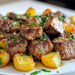- 1 lb sirloin steak, cut into bite-sized cubes - 2 cups baby potatoes, halved - 4 tablespoons unsalted butter - 4 cloves garlic, minced - 1 teaspoon fresh rosemary, finely chopped - 1 teaspoon fresh thyme, finely chopped - Salt and pepper to taste - 1 tablespoon olive oil - Fresh parsley, chopped for garnish Choose fresh ingredients for the best taste. Look for bright, firm baby potatoes. For the steak, sirloin offers a nice balance of flavor and tenderness. Fresh herbs make a huge difference; they add vibrant taste. Use unsalted butter to control the salt level. Always select garlic that feels firm and has no sprouting. You need a large pot for boiling potatoes. A large skillet works best for searing steak and crisping potatoes. A sharp knife helps cut the steak into cubes. Use a spatula to flip the steak and potatoes easily. Lastly, have a cutting board ready for chopping herbs and garlic. {{ingredient_image_1}} Start by boiling water in a large pot. Add salt to the water to enhance flavor. Once it boils, drop in the halved baby potatoes. Cook them for about 10-12 minutes. You want them to be fork-tender but not mushy. After boiling, drain the potatoes well. Set them aside while you prepare the steak. Heat a large skillet over medium-high heat. Add olive oil and let it get hot. Take the steak bites and season them with salt and pepper. Add the steak to the skillet. Cook for about 3-4 minutes. Flip the bites to brown all sides evenly. Remove the steak from the skillet and set aside; this keeps it juicy. In the same skillet, add 2 tablespoons of butter. Allow it to melt completely. Carefully add the drained potatoes back into the skillet. Sauté them for about 5-7 minutes. You want them to turn golden brown and crispy. Season with salt and pepper to taste. This step adds a delightful crunch. Reduce the heat to medium-low after removing the potatoes. Add the remaining 2 tablespoons of butter to the skillet. Once melted, stir in the minced garlic, rosemary, and thyme. Cook for 1-2 minutes until fragrant. This creates a rich, aromatic garlic butter that enhances the dish's flavor. Return the browned steak bites to the skillet. Toss them in the garlic butter mixture for about 2 minutes. Ensure every bite gets coated in that delicious butter. This step is crucial as it blends all the flavors together beautifully. Remove the skillet from heat. Transfer the steak bites and potatoes to a large platter. Sprinkle chopped parsley on top for a fresh touch. This not only adds color but also enhances the flavor. Serve hot and enjoy your delicious garlic butter steak bites with crispy potatoes! For this dish, I love using sirloin steak. It's tender and flavorful. You can use ribeye or tenderloin if you want more richness. Choose cuts with some marbling. This fat adds taste and keeps it juicy. To avoid overcooking, cook steak bites for just 3-4 minutes. Sear them until they are brown on all sides. Use medium-high heat for a nice crust. If you cook them too long, they can become tough. Always check their doneness with a meat thermometer if unsure. You can add more flavor with spices. Try smoked paprika for a hint of smokiness. A pinch of cayenne can add heat. Fresh herbs like basil or cilantro can brighten the dish. Feel free to experiment with different seasonings to suit your taste. Timing is key for this recipe. Start with the potatoes, as they take longer to cook. While they boil, prepare the steak. Once the steak is done, quickly sauté the potatoes. This way, everything is hot and ready to eat at the same time. Use a timer for each step to stay on track. Pro Tips Choose the Right Cut: Opt for sirloin steak for its balance of tenderness and flavor, but feel free to experiment with other cuts like ribeye or tenderloin for a richer taste. Get the Pan Hot: Ensure your skillet is hot before adding the steak to achieve a nice sear. This locks in juices and enhances flavor. Don't Overcrowd the Pan: Cook the steak in batches if necessary to prevent steaming. This allows for better browning and flavor development. Rest the Steak: Allow the cooked steak bites to rest for a few minutes before serving. This helps the juices redistribute for a more tender bite. {{image_2}} You can easily change the steak. Instead of sirloin, try ribeye or flank steak. Both cuts bring rich flavors. For potatoes, consider using Yukon Gold or sweet potatoes. They add unique tastes and textures. You can also use larger potatoes, just cut them smaller. This way, they cook evenly and stay crispy. Adding herbs boosts taste. Try basil or oregano for a fresh twist. You can also use smoked paprika for a hint of smokiness. If you like heat, add red pepper flakes. They give a nice kick. A squeeze of lemon juice brightens the dish too. Experiment with flavors to find your favorite mix. Grilling steak bites gives a smoky flavor. Use skewers for easy handling. Just make sure to soak wooden skewers first. Stovetop cooking is quicker and easier. Both methods work well, so choose what fits your time. For crispy potatoes, both methods work too. Sautéing on the stovetop is my go-to for that golden crunch. To store your garlic butter steak bites and potatoes, let them cool first. Use an airtight container to keep them fresh. Make sure to separate the steak and potatoes if you can. This keeps the potatoes from getting soggy. You can keep them in the fridge for about three days. When you’re ready to enjoy your leftovers, reheat them gently. Use a skillet over medium heat. Add a splash of water or broth to keep the steak moist. Stir occasionally until everything is warm. Avoid the microwave if you can, as it can dry out the meat. If you want to save your garlic butter steak bites and potatoes for later, freezing is a great option. Cool them completely, then place them in a freezer-safe bag. Try to remove as much air as possible. These can stay in the freezer for up to three months. When you’re ready to eat, thaw them in the fridge overnight and reheat as mentioned above. Yes, you can use other potatoes. Yukon gold or red potatoes work well. They will give a nice texture and taste. Just cut them into similar sizes for even cooking. This dish pairs well with a fresh salad. A simple green salad or coleslaw adds crunch. You can also serve it with steamed veggies for more color and flavor. You can store leftovers for up to three days. Keep them in an airtight container in the fridge. This helps keep the flavors fresh and tasty. Yes, this recipe is great for meal prep. You can cook it in advance and divide it into portions. Just reheat it when you're ready to eat. You can prepare the steak bites and potatoes a few hours early. Store them in the fridge. Just reheat them in a skillet for a quick meal later. This blog post covered key ingredients, cooking steps, and storage tips. You learned how to prepare tasty garlic butter steak bites and potatoes. Remember to choose quality meat and spices for the best flavor. You can explore variations and adapt the recipe to your taste. With these tips, you can create a delicious meal every time. Don’t forget to share your results and enjoy your cooking!