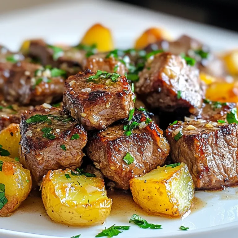 - 1 lb sirloin steak, cut into bite-sized cubes - 2 cups baby potatoes, halved - 4 tablespoons unsalted butter - 4 cloves garlic, minced - 1 teaspoon fresh rosemary, finely chopped - 1 teaspoon fresh thyme, finely chopped - Salt and pepper to taste - 1 tablespoon olive oil - Fresh parsley, chopped for garnish Choose fresh ingredients for the best taste. Look for bright, firm baby potatoes. For the steak, sirloin offers a nice balance of flavor and tenderness. Fresh herbs make a huge difference; they add vibrant taste. Use unsalted butter to control the salt level. Always select garlic that feels firm and has no sprouting. You need a large pot for boiling potatoes. A large skillet works best for searing steak and crisping potatoes. A sharp knife helps cut the steak into cubes. Use a spatula to flip the steak and potatoes easily. Lastly, have a cutting board ready for chopping herbs and garlic. {{ingredient_image_1}} Start by boiling water in a large pot. Add salt to the water to enhance flavor. Once it boils, drop in the halved baby potatoes. Cook them for about 10-12 minutes. You want them to be fork-tender but not mushy. After boiling, drain the potatoes well. Set them aside while you prepare the steak. Heat a large skillet over medium-high heat. Add olive oil and let it get hot. Take the steak bites and season them with salt and pepper. Add the steak to the skillet. Cook for about 3-4 minutes. Flip the bites to brown all sides evenly. Remove the steak from the skillet and set aside; this keeps it juicy. In the same skillet, add 2 tablespoons of butter. Allow it to melt completely. Carefully add the drained potatoes back into the skillet. Sauté them for about 5-7 minutes. You want them to turn golden brown and crispy. Season with salt and pepper to taste. This step adds a delightful crunch. Reduce the heat to medium-low after removing the potatoes. Add the remaining 2 tablespoons of butter to the skillet. Once melted, stir in the minced garlic, rosemary, and thyme. Cook for 1-2 minutes until fragrant. This creates a rich, aromatic garlic butter that enhances the dish's flavor. Return the browned steak bites to the skillet. Toss them in the garlic butter mixture for about 2 minutes. Ensure every bite gets coated in that delicious butter. This step is crucial as it blends all the flavors together beautifully. Remove the skillet from heat. Transfer the steak bites and potatoes to a large platter. Sprinkle chopped parsley on top for a fresh touch. This not only adds color but also enhances the flavor. Serve hot and enjoy your delicious garlic butter steak bites with crispy potatoes! For this dish, I love using sirloin steak. It's tender and flavorful. You can use ribeye or tenderloin if you want more richness. Choose cuts with some marbling. This fat adds taste and keeps it juicy. To avoid overcooking, cook steak bites for just 3-4 minutes. Sear them until they are brown on all sides. Use medium-high heat for a nice crust. If you cook them too long, they can become tough. Always check their doneness with a meat thermometer if unsure. You can add more flavor with spices. Try smoked paprika for a hint of smokiness. A pinch of cayenne can add heat. Fresh herbs like basil or cilantro can brighten the dish. Feel free to experiment with different seasonings to suit your taste. Timing is key for this recipe. Start with the potatoes, as they take longer to cook. While they boil, prepare the steak. Once the steak is done, quickly sauté the potatoes. This way, everything is hot and ready to eat at the same time. Use a timer for each step to stay on track. Pro Tips Choose the Right Cut: Opt for sirloin steak for its balance of tenderness and flavor, but feel free to experiment with other cuts like ribeye or tenderloin for a richer taste. Get the Pan Hot: Ensure your skillet is hot before adding the steak to achieve a nice sear. This locks in juices and enhances flavor. Don't Overcrowd the Pan: Cook the steak in batches if necessary to prevent steaming. This allows for better browning and flavor development. Rest the Steak: Allow the cooked steak bites to rest for a few minutes before serving. This helps the juices redistribute for a more tender bite. {{image_2}} You can easily change the steak. Instead of sirloin, try ribeye or flank steak. Both cuts bring rich flavors. For potatoes, consider using Yukon Gold or sweet potatoes. They add unique tastes and textures. You can also use larger potatoes, just cut them smaller. This way, they cook evenly and stay crispy. Adding herbs boosts taste. Try basil or oregano for a fresh twist. You can also use smoked paprika for a hint of smokiness. If you like heat, add red pepper flakes. They give a nice kick. A squeeze of lemon juice brightens the dish too. Experiment with flavors to find your favorite mix. Grilling steak bites gives a smoky flavor. Use skewers for easy handling. Just make sure to soak wooden skewers first. Stovetop cooking is quicker and easier. Both methods work well, so choose what fits your time. For crispy potatoes, both methods work too. Sautéing on the stovetop is my go-to for that golden crunch. To store your garlic butter steak bites and potatoes, let them cool first. Use an airtight container to keep them fresh. Make sure to separate the steak and potatoes if you can. This keeps the potatoes from getting soggy. You can keep them in the fridge for about three days. When you’re ready to enjoy your leftovers, reheat them gently. Use a skillet over medium heat. Add a splash of water or broth to keep the steak moist. Stir occasionally until everything is warm. Avoid the microwave if you can, as it can dry out the meat. If you want to save your garlic butter steak bites and potatoes for later, freezing is a great option. Cool them completely, then place them in a freezer-safe bag. Try to remove as much air as possible. These can stay in the freezer for up to three months. When you’re ready to eat, thaw them in the fridge overnight and reheat as mentioned above. Yes, you can use other potatoes. Yukon gold or red potatoes work well. They will give a nice texture and taste. Just cut them into similar sizes for even cooking. This dish pairs well with a fresh salad. A simple green salad or coleslaw adds crunch. You can also serve it with steamed veggies for more color and flavor. You can store leftovers for up to three days. Keep them in an airtight container in the fridge. This helps keep the flavors fresh and tasty. Yes, this recipe is great for meal prep. You can cook it in advance and divide it into portions. Just reheat it when you're ready to eat. You can prepare the steak bites and potatoes a few hours early. Store them in the fridge. Just reheat them in a skillet for a quick meal later. This blog post covered key ingredients, cooking steps, and storage tips. You learned how to prepare tasty garlic butter steak bites and potatoes. Remember to choose quality meat and spices for the best flavor. You can explore variations and adapt the recipe to your taste. With these tips, you can create a delicious meal every time. Don’t forget to share your results and enjoy your cooking!