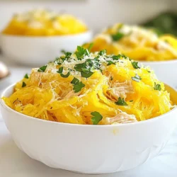 - 1 medium spaghetti squash - 2 cups cooked chicken breast, shredded - 1 cup heavy cream - 3/4 cup grated Parmesan cheese - 4 cloves garlic, minced - 2 tablespoons olive oil - 1/2 teaspoon Italian seasoning - 1/4 teaspoon nutmeg - Salt and pepper to taste - Fresh parsley, chopped (for garnish) To make Chicken Alfredo Spaghetti Squash, you will need: - A sharp knife - A baking sheet - A saucepan - A fork - A large bowl Using fresh ingredients makes a big difference. Fresh spaghetti squash gives a nice texture. The flavor of fresh garlic is much stronger. Fresh parsley adds a bright touch. They all work together to create a rich and tasty dish. Always choose high-quality ingredients for the best results. You'll taste the love in every bite! {{ingredient_image_1}} First, preheat your oven to 400°F (200°C). This helps the squash cook evenly. Next, take the spaghetti squash and slice it in half lengthwise. Use a spoon to scoop out the seeds. This step is key for a good texture. Drizzle olive oil on the cut sides. Sprinkle salt and pepper to taste. Place the squash halves cut-side down on a baking sheet. Roast them in the oven for about 30-40 minutes. You want the flesh to be tender. It should shred easily with a fork when done. While the squash roasts, you can make the Alfredo sauce. Start by heating a saucepan over medium heat. Add minced garlic and sauté it for about 1 minute. You want the garlic to smell great but not burn. Next, pour in 1 cup of heavy cream. Bring this mixture to a gentle simmer and stir constantly. Gradually whisk in 3/4 cup of grated Parmesan cheese. Keep stirring until it melts and becomes smooth. Add 1/2 teaspoon of Italian seasoning and 1/4 teaspoon of nutmeg. Season with salt and pepper to taste. This sauce will make your dish rich and creamy. Once the spaghetti squash is cooked, take it out of the oven. Use a fork to shred the flesh into strands. Transfer these strands to a large bowl. Now, add 2 cups of shredded chicken to the bowl. Pour in the creamy Alfredo sauce and mix gently. Make sure everything is well combined. Serve the dish in bowls and garnish with freshly chopped parsley. This adds a nice touch and a pop of color. Enjoy your delicious Chicken Alfredo Spaghetti Squash! To find the best spaghetti squash, look for a firm one. It should feel heavy for its size. The skin should be a rich yellow color. Avoid any squash with soft spots or cracks. These signs mean it may not be fresh. A good squash will have a smooth surface. Smaller squashes tend to be sweeter, so keep that in mind. For the chicken, use cooked chicken breast. Shredded chicken works best in this dish. You can roast, grill, or sauté it. Season the chicken well with salt and pepper. You can also add garlic or Italian herbs for more flavor. If you have leftover chicken, that’s a great option too. Just make sure it’s moist and tender for the best taste. To make a creamier Alfredo sauce, use heavy cream. This gives the sauce richness. Heat the cream slowly to avoid burning it. Whisk in the Parmesan cheese gradually. This helps it melt evenly and creates a smooth texture. If the sauce is too thick, add a splash of chicken broth. This will keep it creamy without being too heavy. Stir in some garlic for extra flavor. Pro Tips Choose the Right Squash: Look for a spaghetti squash that feels heavy for its size and has a firm skin. This ensures the best flavor and texture. Customize Your Sauce: Feel free to add additional spices like red pepper flakes for a kick, or mix in some sautéed mushrooms or spinach for extra veggies. Shredding Technique: When shredding the spaghetti squash, use a fork to pull the strands from the flesh gently to avoid breaking them too short. Storage Tips: Leftovers can be stored in an airtight container in the fridge for up to 3 days. Reheat gently to maintain texture. {{image_2}} This Chicken Alfredo Spaghetti Squash is naturally gluten-free. Spaghetti squash serves as a great base. You don't need to change anything to make it gluten-free. Just ensure that any added ingredients, like chicken broth or seasoning, are also gluten-free. This simple swap makes it a safe choice for those with gluten issues. You can boost the nutrition of this dish by adding vegetables. Spinach, broccoli, or zucchini work well. To add them, sauté the veggies in olive oil before mixing them with the Alfredo sauce. This adds color and vitamins. Plus, it enhances the flavor of your meal. You’ll enjoy a more wholesome dish this way. If you want a twist, try different proteins. Shrimp or turkey can replace chicken. For a vegetarian option, use chickpeas or tofu. These choices will still give you a satisfying meal. Adjust the cooking time as needed. Each protein adds its own flavor. Experiment to find your favorite! After enjoying your Chicken Alfredo Spaghetti Squash, store any leftovers in an airtight container. This keeps the dish fresh and tasty. Make sure to refrigerate it within two hours of serving. Properly stored, it will last for about 3 to 4 days. When you're ready to eat, you will have a quick meal at hand. You can freeze Chicken Alfredo Spaghetti Squash for later. First, let it cool completely. Then, use a freezer-safe container or a heavy-duty freezer bag. Remove as much air as possible before sealing. This dish can be frozen for up to 2 months. When you crave it again, just thaw it in the fridge overnight. To reheat your Chicken Alfredo Spaghetti Squash, use the microwave or stovetop. For the microwave, place a portion in a bowl and cover it with a damp paper towel. Heat for about 1-2 minutes, stirring halfway through. If you prefer the stovetop, heat it in a pan over medium heat. Stir it often until it is hot. This keeps the flavors fresh and delicious! Yes, you can use regular pasta. Just cook it according to the package. However, spaghetti squash gives a lighter feel to the dish. It adds fiber and fewer carbs. Many people enjoy it as a healthy swap. If you prefer pasta, go for it! Cooking spaghetti squash in the microwave takes about 10 to 12 minutes. First, pierce the skin with a fork. This step helps steam escape. Place it in a microwave-safe dish with a bit of water. Cover it loosely with plastic wrap. Check for doneness by poking it with a fork. It should be soft and easy to shred. You can use half-and-half or whole milk as a substitute. For a dairy-free option, try coconut cream. Silken tofu blended with a bit of water also works well. These options will change the taste slightly but still give a creamy texture. This post covered how to make chicken Alfredo with spaghetti squash. We explored the key ingredients, essential tools, and why fresh items matter. You learned step-by-step instructions to prepare delicious meals. I shared tips on selecting squash, cooking chicken, and achieving a creamier sauce. We discussed fun variations, storage methods, and answered common questions. Embrace cooking with fresh ingredients. This tasty dish not only satisfies hunger, but it's also healthy. Dive in and enjoy your culinary adventure!