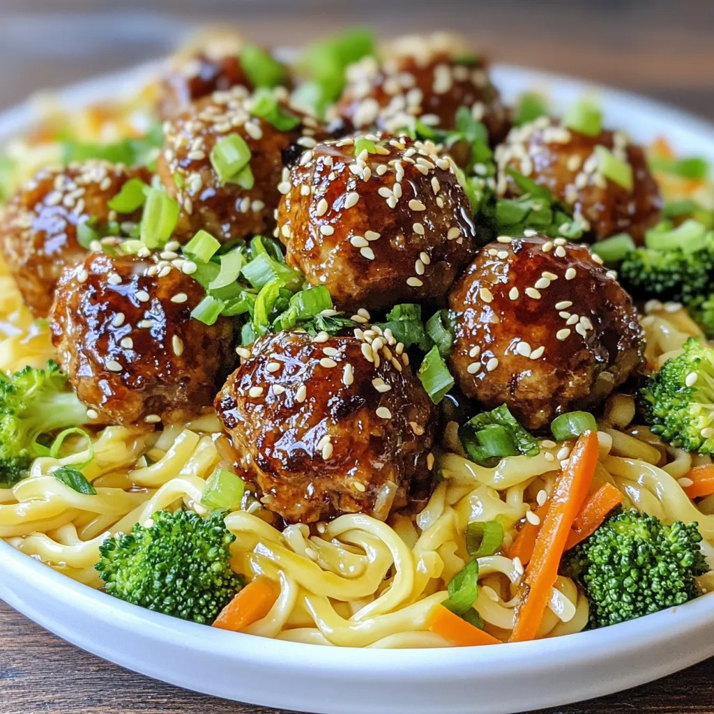 - 1 lb ground chicken or turkey - 1/4 cup breadcrumbs - 1/4 cup green onions, finely chopped - 2 cloves garlic, minced - 1 tablespoon ginger, grated - 2 tablespoons soy sauce - 1 tablespoon sesame oil - 1 tablespoon honey - 1/4 teaspoon black pepper - 8 oz egg noodles or rice noodles - 1 cup broccoli florets - 1 carrot, julienned To make Teriyaki Meatball Noodles, you need simple yet tasty ingredients. I love using ground chicken or turkey for this recipe. They make the meatballs juicy and light. Breadcrumbs help bind everything. Green onions add a fresh twist. Garlic and ginger bring a strong flavor. Soy sauce is key for that umami taste. Sesame oil adds a nice nutty flavor. Honey gives a touch of sweetness. Black pepper adds a bit of heat. For noodles, you can choose egg noodles or rice noodles. Both work well. I usually add broccoli florets and carrot for color and crunch. - Sesame seeds - Extra green onions For garnishes, sesame seeds add a fun crunch. Extra green onions brighten the dish. These little touches make your meal look great and add more flavor. {{ingredient_image_1}} - Preheat the oven: Start by setting your oven to 400°F (200°C). This helps cook the meatballs evenly. - Mixing the ingredients: In a big bowl, combine 1 lb of ground chicken or turkey, 1/4 cup of breadcrumbs, half of the green onions, 2 cloves of minced garlic, 1 tablespoon of grated ginger, 2 tablespoons of soy sauce, 1 tablespoon of sesame oil, 1 tablespoon of honey, and 1/4 teaspoon of black pepper. Mix until everything is just combined. - Forming the meatballs: Shape the mixture into 1-inch meatballs. Place these on a baking sheet lined with parchment paper. Bake for 15-20 minutes, until they are cooked through and brown. - Follow package instructions: While the meatballs bake, cook 8 oz of egg noodles or rice noodles as per the package directions. This ensures they turn out just right. - Draining the noodles: Once cooked, drain the noodles in a colander. Set them aside for later. - Heating sesame oil: In a large skillet, heat a teaspoon of sesame oil over medium-high heat. This adds great flavor to the veggies. - Stir-frying broccoli and carrot: Add 1 cup of broccoli florets and 1 julienned carrot to the skillet. Stir-fry for about 3-4 minutes. Cook until they are tender but still crisp. - Mixing noodles, vegetables, and meatballs: Add the drained noodles to the skillet with the veggies. Gently toss in the baked meatballs. - Adding soy sauce and honey: Drizzle with more soy sauce and honey if you want extra flavor. Mix everything well until heated through. - Plating the dish: Serve the noodles and meatballs on a plate. - Final touches with sesame seeds and green onions: Finish by sprinkling some sesame seeds and the remaining green onions on top. This adds a nice touch and crunch. To make great meatballs, focus on texture. Use ground chicken or turkey for a lighter bite. Mix ingredients gently; over-mixing makes them tough. You can bake or fry meatballs. Baking is easier and healthier. Frying gives a crispy outside but adds more fat. I prefer baking for this recipe. It keeps the meatballs moist and cooks them evenly. Egg noodles and rice noodles have different textures. Egg noodles are chewier and richer. Rice noodles are light and soak up flavors well. Choose based on your taste. For brands, look for high-quality options. I like using fresh rice noodles from the store. They cook faster and taste better. If using dried noodles, brands like Maifun work well. Add more flavor with extra ingredients. Try adding bell peppers or snap peas for crunch. A splash of lime juice brightens the dish. Adjust sweetness by adding more honey or soy sauce. Taste as you go. Personalize it to fit your palate. Everyone loves a dish that feels like their own creation. Pro Tips Use Fresh Ingredients: Fresh ginger and garlic will enhance the flavor profile of your meatballs significantly. Don’t Overmix: When combining meatball ingredients, mix just until combined to keep them tender. Customize Your Veggies: Feel free to add other vegetables like bell peppers or snap peas for added color and nutrition. Adjust the Sweetness: Depending on your taste, you can increase or decrease the honey to suit your preference. {{image_2}} You can switch the ground chicken or turkey for ground beef or pork. Both will give you a rich flavor. Just remember to adjust cooking times as needed. For a vegetarian option, use plant-based meat or even chickpeas. This keeps the dish hearty and satisfying. If you want a low-carb choice, try zoodles, which are made from zucchini. They add a fresh taste and are easy to cook. You can also use gluten-free noodles. Many brands offer rice noodles that taste fantastic and fit dietary needs. Making your own teriyaki sauce is simple and fun. Mix soy sauce, honey, garlic, and a touch of ginger. You can adjust the sweetness and add more spice if you like heat. This way, you control the flavor and keep it just how you want it. To store leftovers, let the dish cool first. Place it in an airtight container. This helps keep flavors fresh. You can store it in the fridge for up to three days. When you reheat, make sure it is hot all the way through. This keeps your meal safe to eat. To maintain the best taste, avoid reheating more than once. Each time you do, the quality can drop. If you notice any strange smells or colors, it’s best to toss it. Always trust your senses when checking food freshness. Freezing meatballs and noodles separately is a smart move. This way, the noodles stay firm and do not get mushy. Use freezer-safe bags or containers for each part. Label them with the date and name of the dish. You can freeze them for up to three months. To thaw, put them in the fridge overnight. If you’re in a hurry, you can use the microwave on a low setting. When reheating, warm each part until it is hot. You can add a splash of water or soy sauce to keep it moist. Enjoy your Teriyaki Meatball Noodles like they were just made! Making Teriyaki Meatball Noodles takes about 35 minutes. The prep time is just 15 minutes. You will spend the remaining 20 minutes cooking the meatballs and noodles. Yes, you can use pre-cooked meatballs. This can save you time. Simply heat them in the oven or a skillet. Then, follow the rest of the steps to mix in with the noodles and veggies. You can add many vegetables for extra flavor and crunch. Some great choices are bell peppers, snap peas, or bok choy. These veggies cook quickly and add nice color to your dish. Yes, this recipe is great for meal prep. You can make the meatballs and noodles in advance. Store them in separate containers. Reheat when you are ready to eat. This way, you have tasty meals ready to go! This blog post showed you how to make Teriyaki Meatball Noodles. We covered everything from main ingredients to optional garnishes. You learned how to mix, cook, and combine each part of the dish. Plus, we shared tips for perfecting meatballs and noodle choices. Remember, you can adjust flavors and try different proteins or sauces. With these steps, your meal is sure to delight everyone. Enjoy making this easy and fun dish!