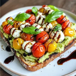- 2 ripe avocados - 1 cup cherry tomatoes, halved - 1 cup fresh mozzarella balls (bocconcini) - 1 handful fresh basil leaves - 2 tablespoons balsamic glaze - 1 tablespoon extra-virgin olive oil - Salt and pepper to taste - 4 slices of sourdough or whole-grain bread These fresh ingredients create a tasty and healthy dish. The avocados give creaminess. Cherry tomatoes add a sweet touch. Mozzarella brings a soft texture, while basil adds aroma. Balsamic glaze gives a sweet and tangy finish. Olive oil enhances the flavors. Sourdough or whole-grain bread holds it all together. Each bite is a burst of flavor! Avocado Caprese Toast is not just delicious; it is also healthy. Each serving has about 350 calories. - Macronutrients: - Carbohydrates: 30g - Fats: 20g - Proteins: 10g Health benefits of avocados: Avocados are full of healthy fats. They are rich in fiber and vitamins. Eating avocados can help lower bad cholesterol. They also support heart health and improve digestion. This toast is a simple way to enjoy these benefits. {{ingredient_image_1}} - Toast the bread: Start with 4 slices of sourdough or whole-grain bread. Place them in a toaster, or use an oven to toast until golden brown and crispy. This gives your toast a nice crunch. - Mash the avocados: Cut 2 ripe avocados in half. Remove the pit and scoop the green flesh into a bowl. Use a fork to mash it until creamy. Leave some chunks for texture. Season with salt and pepper to taste. - Prepare the tomato and mozzarella mixture: Take 1 cup of halved cherry tomatoes and 1 cup of fresh mozzarella balls. In a bowl, mix these with a handful of torn basil leaves. Drizzle in 1 tablespoon of extra-virgin olive oil. Add a pinch of salt and pepper, then gently toss everything together. - Spread the avocado on the toast: Once the bread is toasted, take a generous scoop of the mashed avocado. Spread it evenly on each slice of bread. - Add the tomato and mozzarella: Next, take the tomato and mozzarella mixture. Spoon it on top of the avocado layer, spreading it out so each bite is full of flavor. - Drizzle with balsamic glaze: Finally, drizzle 2 tablespoons of balsamic glaze over the top. This adds a sweet and tangy touch that completes the dish. - Ensure even toasting: Check your bread while it toasts. You want it evenly golden and crispy. If using an oven, flip it halfway through. - Adjust seasoning to taste: Always taste your mashed avocado and tomato mix. You can add more salt, pepper, or even a bit of lemon juice for extra zing. To make your avocado mash super creamy, start with ripe avocados. Use a fork to mash them well. A little chunkiness adds character, so don’t overdo it. For flavor, sprinkle salt and pepper. You can also mix in lemon juice for a bright taste. You can toast your bread in a toaster or an oven. Both work well, but the oven gives a nice crispness. If you use a toaster, aim for medium heat. For bread, sourdough or whole-grain works best. They hold up nicely under toppings. When you serve your toast, use a wooden platter for a rustic touch. Add extra basil leaves on top for color. If you like heat, sprinkle some chili flakes. This adds flavor and makes your dish pop visually. Pro Tips Choose Ripe Avocados: Make sure your avocados are perfectly ripe for the best flavor and creaminess. They should yield slightly to gentle pressure when squeezed. Fresh Ingredients Matter: Use the freshest mozzarella and basil you can find. Fresh ingredients elevate the dish and enhance the overall taste. Customizable Toppings: Feel free to add extras like sliced radishes, a sprinkle of feta cheese, or even a drizzle of hot honey for a unique twist on your Caprese toast. Perfect Toasting Technique: For the best texture, toast your bread just until golden brown. This adds a satisfying crunch that complements the creamy avocado. {{image_2}} You can change up your bread for avocado caprese toast. Here are some fun ideas: - Ciabatta or focaccia: These breads add a nice crunch and great flavor. - Gluten-free alternatives: Use gluten-free bread if you need it. Many brands offer tasty options. You can add more to your toast for extra flavor. Consider these toppings: - Adding poached eggs: A poached egg adds creaminess and protein. - Incorporating different vegetables: Try spinach, radishes, or bell peppers for more crunch. You can boost the taste of your avocado caprese toast. Here are some ideas: - Using flavored oils or spreads: Consider garlic-infused oil or herb spreads. They add depth to your dish. - Spicing it up with chili flakes or pesto: A pinch of chili flakes adds heat. Pesto can bring in a fresh, herby taste. To keep your Avocado Caprese Toast fresh, store the ingredients separately. This stops the bread from getting soggy. Here are some best practices: - Avocado: Store mashed avocado in an airtight container. Add a thin layer of olive oil on top to prevent browning. - Tomato and Mozzarella Mixture: Place this in a separate container. Keep it sealed to maintain flavor. - Bread: Wrap toasted bread in foil. Avoid plastic, as it traps moisture. Reheating toast can be tricky. You want to keep it crispy. Here are the best methods: - Oven Method: Preheat your oven to 350°F. Place the bread on a baking sheet. Heat for 5-7 minutes until warm. - Toaster Method: If not too soft, you can pop the bread back in the toaster. This works well for smaller pieces. You can prepare parts of this dish in advance for quick meals. Here’s how: - Avocado: Mash it up and store it in the fridge for 1-2 days. - Tomato and Mozzarella Mixture: Prepare this a day ahead. Just mix and store. - Assembly Tips: Wait until you’re ready to eat to assemble. This keeps everything fresh and tasty. Avocado Caprese Toast is a fresh and tasty dish. It blends creamy avocado with juicy tomatoes and soft mozzarella. You start with toasted bread as the base. This dish is colorful and packed with flavor. The fresh basil adds a nice herbal note. A drizzle of balsamic glaze gives it a sweet and tangy finish. This toast is great for breakfast or a light meal. To make this recipe vegan, you can swap out the mozzarella. Use vegan cheese instead. You can also skip the cheese entirely. The avocado is rich and creamy, so it works well alone. Another option is to add slices of marinated tofu for extra protein. These changes keep the dish tasty and satisfying without dairy. Yes, you can use many different vegetables! Try adding sliced bell peppers or cucumbers for crunch. You can also use roasted zucchini or eggplant for a warm touch. For a spicy kick, add jalapeños or radishes. Be creative with your toppings to suit your taste. This blog post explored how to make Avocado Caprese Toast. You learned about the key ingredients, step-by-step instructions, and useful tips. Each ingredient adds unique flavors and health benefits. I shared variations to keep your meals fresh and exciting. Proper storage and reheating ensure great taste even later. Enjoy experimenting with your own twists on this dish. Remember, cooking is creative and fun. Try new flavors and share your creations. Your kitchen adventures will bring joy and satisfaction to you and your loved ones.