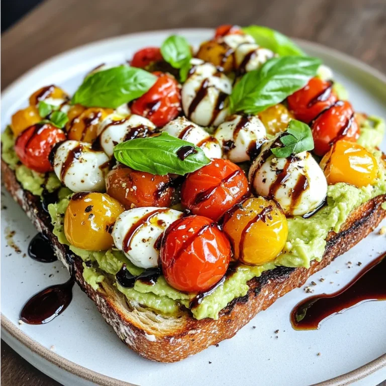 - 2 ripe avocados - 1 cup cherry tomatoes, halved - 1 cup fresh mozzarella balls (bocconcini) - 1 handful fresh basil leaves - 2 tablespoons balsamic glaze - 1 tablespoon extra-virgin olive oil - Salt and pepper to taste - 4 slices of sourdough or whole-grain bread These fresh ingredients create a tasty and healthy dish. The avocados give creaminess. Cherry tomatoes add a sweet touch. Mozzarella brings a soft texture, while basil adds aroma. Balsamic glaze gives a sweet and tangy finish. Olive oil enhances the flavors. Sourdough or whole-grain bread holds it all together. Each bite is a burst of flavor! Avocado Caprese Toast is not just delicious; it is also healthy. Each serving has about 350 calories. - Macronutrients: - Carbohydrates: 30g - Fats: 20g - Proteins: 10g Health benefits of avocados: Avocados are full of healthy fats. They are rich in fiber and vitamins. Eating avocados can help lower bad cholesterol. They also support heart health and improve digestion. This toast is a simple way to enjoy these benefits. {{ingredient_image_1}} - Toast the bread: Start with 4 slices of sourdough or whole-grain bread. Place them in a toaster, or use an oven to toast until golden brown and crispy. This gives your toast a nice crunch. - Mash the avocados: Cut 2 ripe avocados in half. Remove the pit and scoop the green flesh into a bowl. Use a fork to mash it until creamy. Leave some chunks for texture. Season with salt and pepper to taste. - Prepare the tomato and mozzarella mixture: Take 1 cup of halved cherry tomatoes and 1 cup of fresh mozzarella balls. In a bowl, mix these with a handful of torn basil leaves. Drizzle in 1 tablespoon of extra-virgin olive oil. Add a pinch of salt and pepper, then gently toss everything together. - Spread the avocado on the toast: Once the bread is toasted, take a generous scoop of the mashed avocado. Spread it evenly on each slice of bread. - Add the tomato and mozzarella: Next, take the tomato and mozzarella mixture. Spoon it on top of the avocado layer, spreading it out so each bite is full of flavor. - Drizzle with balsamic glaze: Finally, drizzle 2 tablespoons of balsamic glaze over the top. This adds a sweet and tangy touch that completes the dish. - Ensure even toasting: Check your bread while it toasts. You want it evenly golden and crispy. If using an oven, flip it halfway through. - Adjust seasoning to taste: Always taste your mashed avocado and tomato mix. You can add more salt, pepper, or even a bit of lemon juice for extra zing. To make your avocado mash super creamy, start with ripe avocados. Use a fork to mash them well. A little chunkiness adds character, so don’t overdo it. For flavor, sprinkle salt and pepper. You can also mix in lemon juice for a bright taste. You can toast your bread in a toaster or an oven. Both work well, but the oven gives a nice crispness. If you use a toaster, aim for medium heat. For bread, sourdough or whole-grain works best. They hold up nicely under toppings. When you serve your toast, use a wooden platter for a rustic touch. Add extra basil leaves on top for color. If you like heat, sprinkle some chili flakes. This adds flavor and makes your dish pop visually. Pro Tips Choose Ripe Avocados: Make sure your avocados are perfectly ripe for the best flavor and creaminess. They should yield slightly to gentle pressure when squeezed. Fresh Ingredients Matter: Use the freshest mozzarella and basil you can find. Fresh ingredients elevate the dish and enhance the overall taste. Customizable Toppings: Feel free to add extras like sliced radishes, a sprinkle of feta cheese, or even a drizzle of hot honey for a unique twist on your Caprese toast. Perfect Toasting Technique: For the best texture, toast your bread just until golden brown. This adds a satisfying crunch that complements the creamy avocado. {{image_2}} You can change up your bread for avocado caprese toast. Here are some fun ideas: - Ciabatta or focaccia: These breads add a nice crunch and great flavor. - Gluten-free alternatives: Use gluten-free bread if you need it. Many brands offer tasty options. You can add more to your toast for extra flavor. Consider these toppings: - Adding poached eggs: A poached egg adds creaminess and protein. - Incorporating different vegetables: Try spinach, radishes, or bell peppers for more crunch. You can boost the taste of your avocado caprese toast. Here are some ideas: - Using flavored oils or spreads: Consider garlic-infused oil or herb spreads. They add depth to your dish. - Spicing it up with chili flakes or pesto: A pinch of chili flakes adds heat. Pesto can bring in a fresh, herby taste. To keep your Avocado Caprese Toast fresh, store the ingredients separately. This stops the bread from getting soggy. Here are some best practices: - Avocado: Store mashed avocado in an airtight container. Add a thin layer of olive oil on top to prevent browning. - Tomato and Mozzarella Mixture: Place this in a separate container. Keep it sealed to maintain flavor. - Bread: Wrap toasted bread in foil. Avoid plastic, as it traps moisture. Reheating toast can be tricky. You want to keep it crispy. Here are the best methods: - Oven Method: Preheat your oven to 350°F. Place the bread on a baking sheet. Heat for 5-7 minutes until warm. - Toaster Method: If not too soft, you can pop the bread back in the toaster. This works well for smaller pieces. You can prepare parts of this dish in advance for quick meals. Here’s how: - Avocado: Mash it up and store it in the fridge for 1-2 days. - Tomato and Mozzarella Mixture: Prepare this a day ahead. Just mix and store. - Assembly Tips: Wait until you’re ready to eat to assemble. This keeps everything fresh and tasty. Avocado Caprese Toast is a fresh and tasty dish. It blends creamy avocado with juicy tomatoes and soft mozzarella. You start with toasted bread as the base. This dish is colorful and packed with flavor. The fresh basil adds a nice herbal note. A drizzle of balsamic glaze gives it a sweet and tangy finish. This toast is great for breakfast or a light meal. To make this recipe vegan, you can swap out the mozzarella. Use vegan cheese instead. You can also skip the cheese entirely. The avocado is rich and creamy, so it works well alone. Another option is to add slices of marinated tofu for extra protein. These changes keep the dish tasty and satisfying without dairy. Yes, you can use many different vegetables! Try adding sliced bell peppers or cucumbers for crunch. You can also use roasted zucchini or eggplant for a warm touch. For a spicy kick, add jalapeños or radishes. Be creative with your toppings to suit your taste. This blog post explored how to make Avocado Caprese Toast. You learned about the key ingredients, step-by-step instructions, and useful tips. Each ingredient adds unique flavors and health benefits. I shared variations to keep your meals fresh and exciting. Proper storage and reheating ensure great taste even later. Enjoy experimenting with your own twists on this dish. Remember, cooking is creative and fun. Try new flavors and share your creations. Your kitchen adventures will bring joy and satisfaction to you and your loved ones.