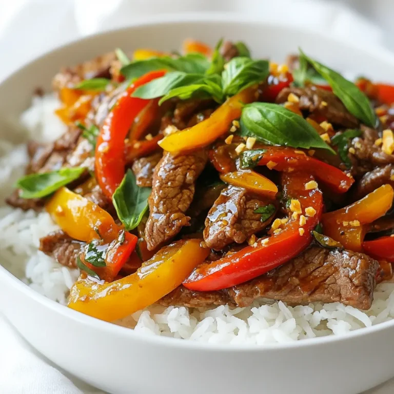 To make Spicy Thai Basil Beef, you need key ingredients that pack a punch. Here’s what you’ll need: - 1 lb (450g) flank steak, thinly sliced against the grain - 1 tablespoon vegetable oil - 4 cloves garlic, minced - 2-3 Thai bird's eye chilies, finely chopped - 1 bell pepper, sliced (any color) - 1 cup fresh Thai basil leaves - 2 tablespoons soy sauce - 1 tablespoon oyster sauce (or a vegetarian alternative) - 1 tablespoon fish sauce (or soy sauce for vegetarian option) - 1 tablespoon brown sugar - 1 tablespoon lime juice - Cooked jasmine rice, for serving Each ingredient contributes to the dish's signature taste. The flank steak gives a rich flavor. Thai bird's eye chilies add heat. Fresh Thai basil offers a fragrant aroma. Using the right tools can make cooking easier and more fun. Here’s what I recommend: - Large skillet or wok - Sharp knife for slicing beef - Cutting board - Mixing bowl for marinating beef - Wooden spoon or spatula for stirring These tools help you stir-fry quickly and get the best results. To take your dish to the next level, consider these optional add-ons: - Sliced mushrooms for earthiness - Chopped green onions for freshness - Cashews or peanuts for crunch These add-ons can enhance the dish and give it a unique twist. {{ingredient_image_1}} Start by preparing the beef. Thinly slice 1 pound of flank steak against the grain. This helps the beef stay tender. In a bowl, mix 2 tablespoons of soy sauce, 1 tablespoon of oyster sauce, 1 tablespoon of fish sauce, 1 tablespoon of brown sugar, and 1 tablespoon of lime juice. This mix gives the beef a great flavor. Add the sliced beef to the bowl, coating it well. Let the beef marinate for at least 15-30 minutes. This step adds depth to the taste. Grab a large skillet or wok. Heat 1 tablespoon of vegetable oil over medium-high heat. Once the oil is hot, add 4 cloves of minced garlic and 2-3 finely chopped Thai bird's eye chilies. Stir quickly for about 30 seconds. This step makes the kitchen smell amazing. Increase the heat to high and add the marinated beef to the skillet. Stir-fry the beef for about 3-5 minutes. Cook until the beef is browned and cooked through. Next, toss in 1 sliced bell pepper. Stir-fry for another 2-3 minutes. The peppers should be tender but still crisp. Remove the skillet from the heat. Add 1 cup of fresh Thai basil leaves and stir well. The basil will wilt quickly and mix in beautifully. Serve the spicy Thai basil beef hot over cooked jasmine rice. Make sure to combine everything well on the plate. Enjoy this flavorful and easy dish! To get real Thai flavors, focus on fresh ingredients. Use fresh Thai basil; its taste is key. Bird's eye chilies give heat and flavor. If you want more spice, add more chilies. Make sure to use a good fish sauce. It adds depth to your dish. Soy sauce can work in a pinch, but fish sauce is best. Lime juice brightens the dish, so don’t skip it. A common mistake is overcooking the beef. Cook it just until browned; this keeps it tender. Don’t let the garlic burn; it can turn bitter. Stir quickly when adding it to hot oil. Also, avoid using too much sauce. It can make the dish soggy. Stick to the measurements for balance. To ensure tender beef, slice it thinly against the grain. This breaks up tough fibers. Marinating the beef also helps. Let it sit for at least 15 minutes. If you have time, longer marination works wonders. High heat in the pan helps sear the beef quickly, keeping it juicy. Pro Tips Marinate for Flavor: Allowing the flank steak to marinate for at least 30 minutes will enhance the flavor and tenderness of the meat. Control the Heat: Adjust the number of Thai bird's eye chilies according to your heat preference, or substitute with milder chilies if desired. Fresh Basil is Key: Use fresh Thai basil for the best flavor; it adds a unique aroma that dried basil cannot replicate. Serve Immediately: For the best texture and flavor, serve the dish hot and fresh over jasmine rice right after cooking. {{image_2}} You can easily make Spicy Thai Basil Beef vegetarian or vegan. Replace the flank steak with a mix of vegetables or plant-based proteins. Good options include mushrooms, bell peppers, or zucchini. Use tofu for a protein boost. For sauces, swap fish sauce with soy sauce or a vegan oyster sauce. This keeps the flavor bold without meat. Want to change the heat? You can adjust the spice level to fit your taste. If you prefer mild flavors, reduce or skip the bird's eye chilies. For more heat, add extra chilies or a dash of chili paste. Always taste as you cook to find the right balance for you. You can switch the beef for chicken, pork, or tofu. For chicken, use thinly sliced breast or thigh. Pork also works well, especially tender cuts like loin. Tofu is a great choice for a vegetarian option. Just be sure to press the tofu to remove excess water before cooking, which helps it absorb flavors better. Each protein brings its unique taste to the dish, so feel free to experiment! Store your Spicy Thai Basil Beef in an airtight container. This keeps the dish fresh. Let it cool to room temperature first. It can stay in the fridge for up to three days. For best taste, eat it within two days. To reheat, use a skillet over medium heat. Add a splash of water or broth to keep it moist. Stir it often until hot. You can also use the microwave. Heat in short bursts of 30 seconds. Stir between each burst to avoid hot spots. You can freeze Spicy Thai Basil Beef for up to three months. Place it in a freezer-safe bag or container. Remove as much air as possible. When ready to eat, thaw it in the fridge overnight. Reheat it on the stove for the best flavor. If you need a fish sauce substitute, use soy sauce. Soy sauce adds saltiness and umami. You can also mix soy sauce with a little lime juice. This helps mimic the tangy taste of fish sauce. Another good option is coconut aminos. It is a bit sweeter and not as salty. This choice works well for those avoiding fish. To reduce the heat in this dish, use fewer bird's eye chilies. Just one or two will still add flavor. You can also remove the seeds from the chilies. This helps cut back on the spice. Another tip is to add more bell pepper. The sweet taste will balance the spice. Lastly, serve with extra jasmine rice to help mellow the heat. Yes, you can use other vegetables! Broccoli, carrots, or snap peas work well. Just make sure to cut them into small pieces. This helps them cook quickly, like the bell pepper. You can also add mushrooms for a nice texture. Feel free to get creative with what you have in your kitchen! In this blog post, we explored making Spicy Thai Basil Beef. We covered key ingredients, cooking tools, and optional add-ons for flavor. You learned step-by-step how to prepare, cook, and serve this dish. I shared tips to enhance authenticity and avoid common mistakes. You discovered variations for different diets and storage methods to keep leftovers fresh. Cooking can be fun and rewarding. Use these insights to create your own delicious dish!