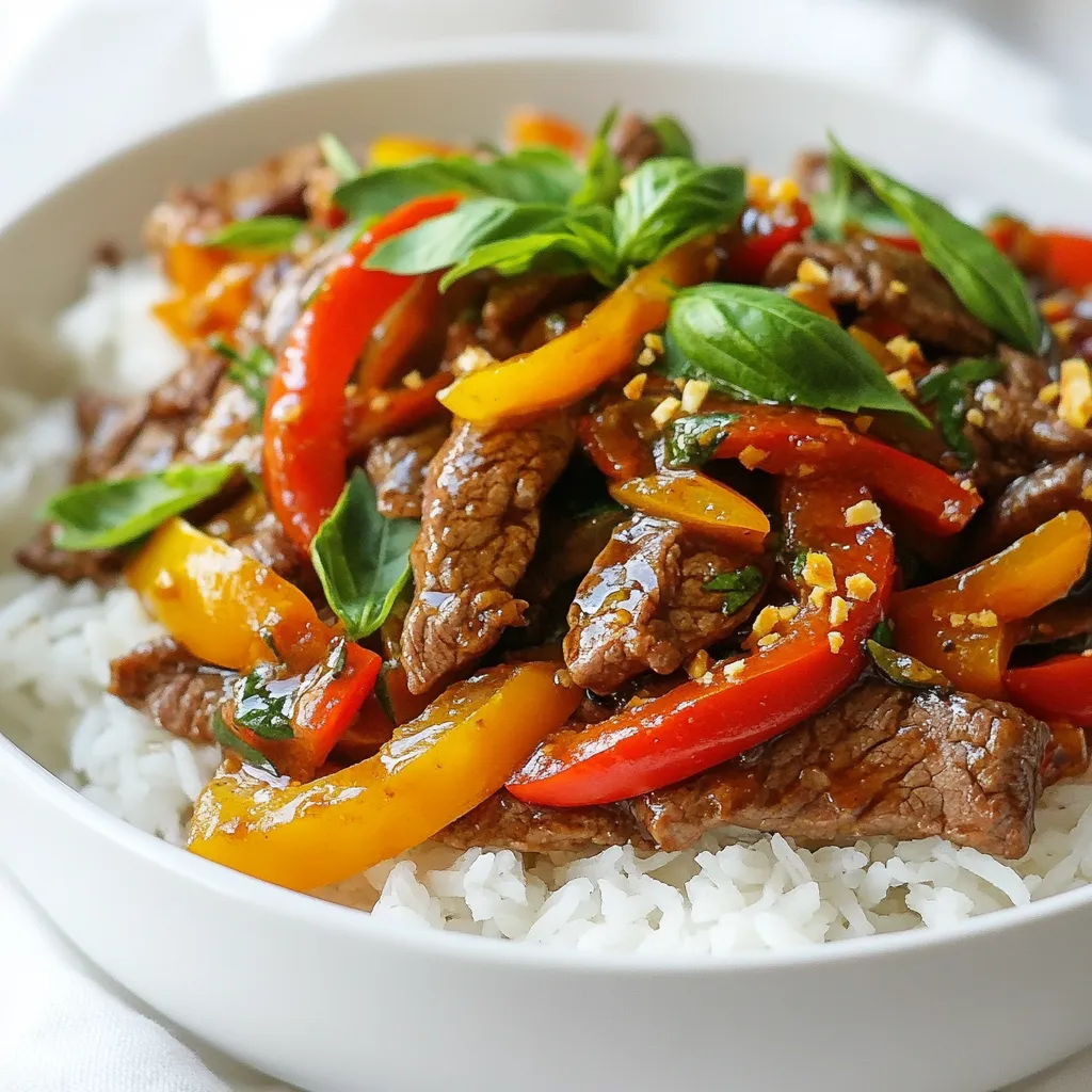 To make Spicy Thai Basil Beef, you need key ingredients that pack a punch. Here’s what you’ll need: - 1 lb (450g) flank steak, thinly sliced against the grain - 1 tablespoon vegetable oil - 4 cloves garlic, minced - 2-3 Thai bird's eye chilies, finely chopped - 1 bell pepper, sliced (any color) - 1 cup fresh Thai basil leaves - 2 tablespoons soy sauce - 1 tablespoon oyster sauce (or a vegetarian alternative) - 1 tablespoon fish sauce (or soy sauce for vegetarian option) - 1 tablespoon brown sugar - 1 tablespoon lime juice - Cooked jasmine rice, for serving Each ingredient contributes to the dish's signature taste. The flank steak gives a rich flavor. Thai bird's eye chilies add heat. Fresh Thai basil offers a fragrant aroma. Using the right tools can make cooking easier and more fun. Here’s what I recommend: - Large skillet or wok - Sharp knife for slicing beef - Cutting board - Mixing bowl for marinating beef - Wooden spoon or spatula for stirring These tools help you stir-fry quickly and get the best results. To take your dish to the next level, consider these optional add-ons: - Sliced mushrooms for earthiness - Chopped green onions for freshness - Cashews or peanuts for crunch These add-ons can enhance the dish and give it a unique twist. {{ingredient_image_1}} Start by preparing the beef. Thinly slice 1 pound of flank steak against the grain. This helps the beef stay tender. In a bowl, mix 2 tablespoons of soy sauce, 1 tablespoon of oyster sauce, 1 tablespoon of fish sauce, 1 tablespoon of brown sugar, and 1 tablespoon of lime juice. This mix gives the beef a great flavor. Add the sliced beef to the bowl, coating it well. Let the beef marinate for at least 15-30 minutes. This step adds depth to the taste. Grab a large skillet or wok. Heat 1 tablespoon of vegetable oil over medium-high heat. Once the oil is hot, add 4 cloves of minced garlic and 2-3 finely chopped Thai bird's eye chilies. Stir quickly for about 30 seconds. This step makes the kitchen smell amazing. Increase the heat to high and add the marinated beef to the skillet. Stir-fry the beef for about 3-5 minutes. Cook until the beef is browned and cooked through. Next, toss in 1 sliced bell pepper. Stir-fry for another 2-3 minutes. The peppers should be tender but still crisp. Remove the skillet from the heat. Add 1 cup of fresh Thai basil leaves and stir well. The basil will wilt quickly and mix in beautifully. Serve the spicy Thai basil beef hot over cooked jasmine rice. Make sure to combine everything well on the plate. Enjoy this flavorful and easy dish! To get real Thai flavors, focus on fresh ingredients. Use fresh Thai basil; its taste is key. Bird's eye chilies give heat and flavor. If you want more spice, add more chilies. Make sure to use a good fish sauce. It adds depth to your dish. Soy sauce can work in a pinch, but fish sauce is best. Lime juice brightens the dish, so don’t skip it. A common mistake is overcooking the beef. Cook it just until browned; this keeps it tender. Don’t let the garlic burn; it can turn bitter. Stir quickly when adding it to hot oil. Also, avoid using too much sauce. It can make the dish soggy. Stick to the measurements for balance. To ensure tender beef, slice it thinly against the grain. This breaks up tough fibers. Marinating the beef also helps. Let it sit for at least 15 minutes. If you have time, longer marination works wonders. High heat in the pan helps sear the beef quickly, keeping it juicy. Pro Tips Marinate for Flavor: Allowing the flank steak to marinate for at least 30 minutes will enhance the flavor and tenderness of the meat. Control the Heat: Adjust the number of Thai bird's eye chilies according to your heat preference, or substitute with milder chilies if desired. Fresh Basil is Key: Use fresh Thai basil for the best flavor; it adds a unique aroma that dried basil cannot replicate. Serve Immediately: For the best texture and flavor, serve the dish hot and fresh over jasmine rice right after cooking. {{image_2}} You can easily make Spicy Thai Basil Beef vegetarian or vegan. Replace the flank steak with a mix of vegetables or plant-based proteins. Good options include mushrooms, bell peppers, or zucchini. Use tofu for a protein boost. For sauces, swap fish sauce with soy sauce or a vegan oyster sauce. This keeps the flavor bold without meat. Want to change the heat? You can adjust the spice level to fit your taste. If you prefer mild flavors, reduce or skip the bird's eye chilies. For more heat, add extra chilies or a dash of chili paste. Always taste as you cook to find the right balance for you. You can switch the beef for chicken, pork, or tofu. For chicken, use thinly sliced breast or thigh. Pork also works well, especially tender cuts like loin. Tofu is a great choice for a vegetarian option. Just be sure to press the tofu to remove excess water before cooking, which helps it absorb flavors better. Each protein brings its unique taste to the dish, so feel free to experiment! Store your Spicy Thai Basil Beef in an airtight container. This keeps the dish fresh. Let it cool to room temperature first. It can stay in the fridge for up to three days. For best taste, eat it within two days. To reheat, use a skillet over medium heat. Add a splash of water or broth to keep it moist. Stir it often until hot. You can also use the microwave. Heat in short bursts of 30 seconds. Stir between each burst to avoid hot spots. You can freeze Spicy Thai Basil Beef for up to three months. Place it in a freezer-safe bag or container. Remove as much air as possible. When ready to eat, thaw it in the fridge overnight. Reheat it on the stove for the best flavor. If you need a fish sauce substitute, use soy sauce. Soy sauce adds saltiness and umami. You can also mix soy sauce with a little lime juice. This helps mimic the tangy taste of fish sauce. Another good option is coconut aminos. It is a bit sweeter and not as salty. This choice works well for those avoiding fish. To reduce the heat in this dish, use fewer bird's eye chilies. Just one or two will still add flavor. You can also remove the seeds from the chilies. This helps cut back on the spice. Another tip is to add more bell pepper. The sweet taste will balance the spice. Lastly, serve with extra jasmine rice to help mellow the heat. Yes, you can use other vegetables! Broccoli, carrots, or snap peas work well. Just make sure to cut them into small pieces. This helps them cook quickly, like the bell pepper. You can also add mushrooms for a nice texture. Feel free to get creative with what you have in your kitchen! In this blog post, we explored making Spicy Thai Basil Beef. We covered key ingredients, cooking tools, and optional add-ons for flavor. You learned step-by-step how to prepare, cook, and serve this dish. I shared tips to enhance authenticity and avoid common mistakes. You discovered variations for different diets and storage methods to keep leftovers fresh. Cooking can be fun and rewarding. Use these insights to create your own delicious dish!