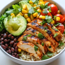 - 2 boneless, skinless chicken breasts - 1 cup brown rice (or quinoa) - 1 can black beans, drained and rinsed - 1 cup corn (fresh or frozen) - 1 tablespoon chipotle powder - 1 teaspoon smoked paprika - 1 teaspoon garlic powder - 1 teaspoon cumin - Salt and pepper to taste - 1 avocado, diced - 1 cup cherry tomatoes, halved - 1 cup shredded green lettuce - 1/4 cup fresh cilantro, chopped - Optional toppings: shredded cheese, salsa, sour cream To make your Chipotle Chicken Burrito Bowl shine, start with these fresh ingredients. The chicken breasts are the star of the meal. Marinate them with spices to infuse bold flavors. Chipotle powder gives it a smoky kick. The brown rice or quinoa serves as a hearty base. Both grains are healthy and filling. You can swap them based on your preference. Black beans add protein and fiber. Corn brings sweetness and color to the bowl. For toppings, don’t skip the avocado. It adds creaminess. Cherry tomatoes offer a juicy burst. Shredded lettuce adds crunch. Finally, cilantro brightens the dish. If you want, top it all off with cheese or salsa for extra flavor. You can customize this bowl to your liking. Use these ingredients as a guide. Enjoy your meal prep! {{ingredient_image_1}} Combine chipotle powder, smoked paprika, garlic powder, cumin, olive oil, salt, and pepper in a bowl. Mix them well. Take the chicken breasts and add them to the bowl. Ensure the chicken gets covered with the spice mix. Let it marinate for at least 30 minutes. This step builds flavor. You can also marinate overnight for a richer taste. First, rinse the brown rice under cold water. This will remove excess starch. In a pot, add the rinsed rice and chicken broth. Bring the mixture to a boil. After that, reduce the heat to low and cover the pot. Let it simmer for about 45 minutes. The rice will absorb all the broth and grow tender. Once done, fluff it with a fork to keep it light and airy. Heat a grill pan or skillet over medium-high heat. Remove the chicken from the marinade and place it in the pan. Cook for about 6-7 minutes on each side. Ensure the internal temperature reaches 165°F (75°C) for safety. Once cooked, let the chicken rest for 5 minutes. This keeps it juicy. Now, take a large bowl. Start by layering the cooked rice at the bottom. Add the black beans, corn, halved cherry tomatoes, diced avocado, and shredded lettuce on top. Slice the grilled chicken and place it on the vegetables in the bowl. Drizzle lime juice over everything. Finally, garnish with fresh cilantro for a burst of flavor. To get great flavor in your chicken, marinate it well. Mix chipotle powder, smoked paprika, garlic powder, cumin, olive oil, salt, and pepper in a bowl. Coat your chicken breasts evenly. Best Practices: - Use a glass or plastic dish for marinating. - Cover the dish tightly with plastic wrap or a lid. Recommended Marination Times: - Marinate for at least 30 minutes. - For deeper flavor, marinate overnight. Check your chicken for doneness with a meat thermometer. It should reach 165°F (75°C). Methods to Avoid Dry Chicken: - Let the chicken rest for 5 minutes after cooking; this keeps it juicy. - Avoid cooking on too high heat; medium-high is best. You can use brown rice or quinoa for your bowl. Quinoa cooks quicker and adds a nice texture. Suggestions for Using Quinoa or Other Grains: - Quinoa: Rinse it first, then use a 1:2 ratio of quinoa to broth. - Other grains: Try farro or barley for variety. Alternative Cooking Methods: - Rice Cooker: Follow the machine’s instructions. - Instant Pot: Use the manual setting and cook for about 22 minutes. Pro Tips Marinate for Maximum Flavor: Allowing the chicken to marinate overnight will intensify the flavors and make the meat more tender. Perfect Rice Cooking: To ensure perfectly cooked rice, avoid lifting the lid while it simmers, as this lets steam escape. Rest the Chicken: Letting the grilled chicken rest for a few minutes after cooking allows the juices to redistribute, making it juicier. Customize Your Bowl: Feel free to swap in your favorite veggies based on the season, such as bell peppers or zucchini, for added variety. {{image_2}} You can make this bowl meat-free. Replace the chicken with grilled veggies or tofu. Grilled bell peppers, zucchini, or mushrooms work great. For toppings, try black olives, guacamole, or a vegan cheese. This keeps the flavors bold while being plant-based. Switching your base can change the bowl. Use cauliflower rice for a low-carb option. Salad greens add freshness and crunch. You might also explore other grains, like farro or barley. These grains offer different textures and flavors, making it fun to mix things up. Want to play with flavors? Adding different spices can change the dish. Try adding chili powder for extra heat. You can also use marinades like teriyaki or barbecue for a twist. For a fusion flair, top your bowl with kimchi or jalapeños. These options add a zesty kick that’s sure to surprise your taste buds. To keep your Chipotle chicken burrito bowl fresh, follow these tips: - Refrigerate: Store leftovers in an airtight container. This helps keep moisture in. - Freeze: For longer storage, freeze in a freezer-safe container. Leave space for expansion. - Containers: Use glass or plastic containers with tight lids. They work best for keeping food fresh. When you want to enjoy your bowl again, here’s how to reheat it: - Rice: Put rice in a microwave-safe bowl. Add a splash of water. Cover with a damp paper towel. Heat for 1-2 minutes. - Chicken: Reheat chicken in a skillet over low heat. This keeps it juicy. - Tips: If you can, reheat everything separately. This keeps flavors and textures nice. How long can you store your burrito bowl? Here’s what to know: - In the fridge: Cooked bowls last about 3-4 days. - In the freezer: You can store them for up to 2-3 months. - Signs of spoilage: Look for off smells, changes in color, or mold. If you see any of these, it’s best to throw it away. You can add heat in several ways. Here are some ideas: - Fresh jalapeños: Slice them thin and add to your bowl. - Pickled peppers: They add a tangy kick. - Hot sauce: Drizzle your favorite hot sauce over the top. - Spicy salsa: Choose a salsa that packs a punch. - Chipotle peppers in adobo sauce: Chop them and mix in for smoky heat. These options let you control the spice level to your liking. Yes, you can prepare this dish ahead for easy meals. Here are some tips: - Cook the chicken and rice: Do this a day or two in advance. - Store ingredients separately: Keep the rice, chicken, and toppings in separate containers. - Assemble bowls later: When ready to eat, layer your ingredients in a bowl. - Add fresh toppings: Dice avocado and chop herbs just before serving for the best flavor. This method keeps everything fresh and delicious. Each serving of this burrito bowl has about: - Calories: 500-600 - Protein: 40g - Carbohydrates: 60g - Fat: 15g These values can vary based on your toppings and portion sizes. To complement your burrito bowl, try these sides: - Guacamole: Creamy and rich, it adds great flavor. - Tortilla chips: Crunchy and salty, perfect for dipping. - Mexican street corn: Sweet and spicy corn on the cob is a great match. - Black bean soup: A warm soup adds a nice contrast. These sides enhance your meal and make it more enjoyable. This Chipotle Chicken Burrito Bowl combines simple ingredients for a tasty meal. You learned how to marinate, cook, and assemble everything into a satisfying bowl. Remember, you can switch ingredients for your taste or needs, like using tofu instead of chicken. Store leftovers wisely and reheat for the best flavor. Enjoy cooking and make this dish a fun weekly staple!