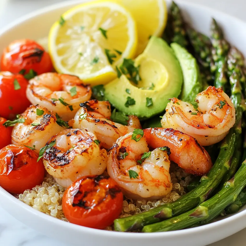 - 1 pound large shrimp, peeled and deveined - 1 bunch asparagus, trimmed - 2 tablespoons olive oil - 2 cloves garlic, minced - 1 teaspoon smoked paprika - Salt and pepper, to taste - 1 cup cherry tomatoes, halved - 1 avocado, sliced - 2 cups cooked quinoa or rice (for serving) - Fresh lemon wedges, for garnish - Fresh parsley, chopped, for garnish These main ingredients come together to create a tasty dish. The shrimp and asparagus pair well, while the avocado adds creaminess. The tomatoes add a nice pop of flavor. - 1/2 teaspoon cayenne pepper (optional for spice) Cayenne pepper adds heat. If you like spice, use it! If not, leave it out. This dish is still great without it. - Grill or grill pan - Mixing bowls - Skewers (for shrimp) - Tongs - Serving bowls Having the right tools makes cooking easier. A grill gives that smoky flavor. Skewers help with grilling shrimp. {{ingredient_image_1}} Start by preheating your grill or grill pan over medium-high heat. In a bowl, mix together the large shrimp, olive oil, minced garlic, smoked paprika, salt, and pepper. If you like spice, add cayenne pepper too. Toss the shrimp until each piece is coated well. This step gives the shrimp great flavor. Next, take the trimmed asparagus and place it in a separate bowl. Drizzle it with olive oil, and season with salt and pepper. Toss the asparagus to ensure it is evenly coated. Once your grill is hot, add the asparagus. Grill it for about 4-5 minutes, turning it often. The asparagus should become tender and have nice grill marks. Now, it’s time to grill the shrimp. Thread the shrimp onto skewers for easy grilling. Place the shrimp skewers on the grill. Cook them for 2-3 minutes on each side. They should turn pink and be fully cooked. During the last minute, add the halved cherry tomatoes directly onto the grill. They will get a nice char. Once everything is cooked, remove it from the grill and let it cool a bit. In serving bowls, start with a layer of cooked quinoa or rice. Top each bowl with grilled shrimp, asparagus, cherry tomatoes, and avocado slices. Finish with fresh parsley and serve lemon wedges on the side for a burst of flavor. Enjoy your meal! Grilling shrimp is easy when you follow a few simple tips. - Use large shrimp for the best results. - Peel and devein them for a clean taste. - Marinate shrimp for at least 30 minutes for great flavor. - Use skewers to keep shrimp from falling through the grill. - Grill shrimp over medium-high heat. Cook them for 2-3 minutes per side. Make sure they turn pink and opaque for doneness. Choosing fresh asparagus is key to a tasty meal. - Look for bright green stalks with firm tips. - Avoid any that are wilted or slimy. - Choose thin stalks for a tender bite. - Store asparagus upright in water for a few days. Cut off the dry ends before cooking. This bowl is great on its own, but you can add more! - Serve with lemon wedges to add a fresh zest. - Pair with a light salad for extra crunch. - Add a sprinkle of feta cheese for creaminess. - Try serving it with a dollop of yogurt sauce. Each bite will be packed with flavor and nutrients! Pro Tips Marinate for More Flavor: Allow the shrimp to marinate for at least 30 minutes before grilling to enhance their flavor. This allows the spices to penetrate the shrimp better. Skewer for Easy Grilling: Thread the shrimp onto skewers to make flipping them easier on the grill. This also helps to keep them from falling through the grates. Grill in Batches: Avoid overcrowding the grill. Grill the shrimp and asparagus in batches if necessary to ensure even cooking and a nice char. Use Fresh Ingredients: Opt for fresh, seasonal vegetables and high-quality shrimp for the best flavor and texture in your dish. {{image_2}} You can swap shrimp for chicken or tofu. Both options work well. If you choose chicken, use bite-sized pieces. For tofu, press it to remove extra water. You can also change the spices. Try cumin or garlic powder instead of smoked paprika. If you love heat, add more cayenne pepper. To make this dish vegetarian, skip the shrimp. Add more veggies instead. Zucchini, bell peppers, or mushrooms taste great. You can also add beans for protein. Black beans or chickpeas make a filling choice. This way, you keep the hearty feel of the bowl. While quinoa and rice are classic choices, explore other grains. Try farro, barley, or bulgur for a new twist. Each grain brings its own flavor and texture. You can even use cauliflower rice for a low-carb option. This keeps the bowl light but still satisfying. To store leftovers, place them in a clean, airtight container. Make sure to cool the shrimp and veggies first. You can keep the bowl in the fridge for up to three days. This way, your meal stays fresh and tasty. When you're ready to eat, reheat the bowl on the stove. Add a splash of water to help steam the shrimp and veggies. Heat on medium until warm. You can also use a microwave, covered, for about one to two minutes. If you want to save some for later, freezing is a great option. Pack the shrimp and veggies in a freezer-safe bag. Remove as much air as possible before sealing. You can freeze it for up to three months. When ready, thaw in the fridge overnight before reheating. You can tell shrimp are done when they turn pink and opaque. The texture should be firm but tender. A good rule is to grill them for 2-3 minutes on each side. If they curl into a C shape, they're ready. Overcooking makes shrimp tough, so watch them closely. Yes, you can prepare some parts ahead of time. You can marinate the shrimp and cut the veggies the day before. Just keep them in the fridge until you're ready to cook. However, it’s best to grill the shrimp and asparagus fresh for the best taste. This dish is packed with healthy ingredients. Shrimp provides protein and omega-3 fatty acids. Asparagus is high in vitamins A, C, and K. Quinoa or rice adds fiber and carbs for energy. The avocado gives you healthy fats, while tomatoes add antioxidants. Overall, this meal is nutritious and balanced! In this post, I covered how to prepare and enjoy shrimp with asparagus. We discussed essential ingredients, cooking tools, and step-by-step instructions. I shared tips for grilling shrimp, selecting fresh asparagus, and creative variations. You can store leftovers easily, and I answered common questions about the dish. Cooking doesn’t have to be hard. With a few simple steps, you can make a tasty meal that impresses. Dive into these recipes and make them your own. Enjoy the process!