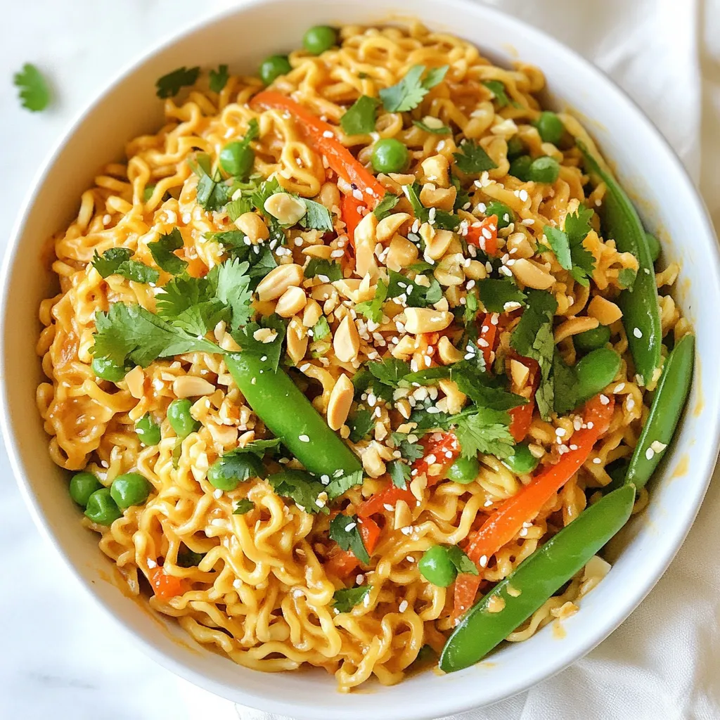 - 200g ramen noodles - 3 cups vegetable broth - 1/4 cup creamy peanut butter - 2 tablespoons soy sauce - 1 tablespoon sesame oil - 1 tablespoon sriracha (adjust to taste) - 1 tablespoon lime juice - 1 cup sugar snap peas, trimmed - 1 red bell pepper, sliced thin - 1 carrot, julienned - 2 green onions, sliced - Chopped cilantro for garnish - Crushed peanuts for topping To make Spicy Peanut Ramen, gather these fresh ingredients. Ramen noodles are the heart of this dish. They soak up all the flavors. Vegetable broth adds depth and warmth. Creamy peanut butter gives a rich, nutty taste. Soy sauce brings a salty kick. Sesame oil adds a hint of toasty flavor. Sriracha gives it the spicy punch. Adjust the amount to match your spice level. Lime juice adds brightness and balance. For veggies, use sugar snap peas for crunch, red bell pepper for sweetness, and carrot for color. Green onions and cilantro are perfect fresh garnishes. Crushed peanuts add a final crunchy touch. With all these ingredients ready, you're on your way to a tasty meal that warms you from the inside out. {{ingredient_image_1}} To cook the ramen noodles, follow the package directions. Usually, you boil water in a pot first. Then, add the noodles and cook for about 3-4 minutes. Stir them gently to prevent sticking. Once they are soft, drain the noodles in a colander. Rinse them with cold water to stop the cooking. Set them aside for later. Now, let’s make the broth. Grab a medium pot and pour in 3 cups of vegetable broth. Heat it on medium until it starts to warm up. While it heats, take a bowl and mix 1/4 cup of creamy peanut butter, 2 tablespoons of soy sauce, 1 tablespoon of sesame oil, 1 tablespoon of sriracha, and 1 tablespoon of lime juice together. Stir it well until it becomes smooth. Once the broth is warm, add in the peanut mixture and stir until it blends nicely. Next, add the colorful veggies to the broth. Toss in 1 cup of sugar snap peas, 1 thinly sliced red bell pepper, and 1 julienned carrot. Cook them for 3-4 minutes. You want them tender but still a bit crunchy. After that, bring back the cooked ramen noodles into the pot. Stir gently so everything mixes well. Let it heat through for another 1-2 minutes. Now it’s ready to serve! Enjoy your spicy peanut ramen topped with green onions, cilantro, and crushed peanuts. To get the right flavor in spicy peanut ramen, sriracha is key. Start with one tablespoon. If you want more heat, add more sriracha. Taste your broth before serving. Adjust it to fit your spice level. Next, choose creamy peanut butter. It blends well and gives a nice texture. If you prefer, use natural peanut butter. Just remember to stir it well to mix in the oils. Cooking the veggies right is crucial. You want them tender yet crunchy. Add the sugar snap peas, red bell pepper, and carrot to the broth. Cook them for 3-4 minutes. Keep an eye on them to avoid overcooking. Now for the noodles. Cook them according to the package. After draining, add them to the pot last. This way, they heat quickly without becoming mushy. Stir gently to keep everything intact. Enjoy your meal! Pro Tips Adjust the Heat: If you prefer a milder dish, start with less sriracha and add more gradually to find your perfect spice level. Fresh Vegetables: Use a variety of colorful veggies to enhance the visual appeal and nutritional value of your ramen. Peanut Butter Variations: Experiment with different types of peanut butter, such as crunchy or natural, for unique textures and flavors. Garnish for Flavor: Don't skip the toppings! Crushed peanuts and cilantro add both flavor and crunch to your dish. {{image_2}} You can play with the noodles in this recipe. Instead of traditional ramen, try rice noodles or soba. Each type gives a unique taste and texture. If you have leftover pasta, use that as well. It adds a fun twist. For vegetables, think about what’s in season. In spring, use fresh peas or asparagus. In summer, zucchini and bell peppers shine. In fall, add sweet potatoes or kale. Winter calls for root veggies like carrots and turnips. Choose what you love and what you can find. To make this recipe vegan, switch the vegetable broth to a plant-based option. Ensure the soy sauce is gluten-free if needed. Also, use almond or sunflower butter in place of peanut butter for nut allergies. This keeps the dish tasty and safe for everyone. If you need it gluten-free, look for gluten-free noodles. Rice noodles or quinoa pasta work well. These swaps let you enjoy the flavors without worry. To store leftover spicy peanut ramen, let it cool first. Place it in a container. I recommend a glass or plastic container with a tight lid. This helps keep the flavors fresh. You can store it in the fridge for up to three days. If you wait longer, the noodles may get mushy. For reheating, use a pot on low heat. Add a splash of vegetable broth or water. This keeps the noodles from sticking and helps regain texture. Stir gently to heat through. Avoid the microwave if you can; it can make the noodles rubbery. If you want to freeze it, separate the noodles from the broth and veggies. Freeze the broth and veggies together. Store the noodles in a separate bag. This way, they stay fresh and tasty. You can keep them in the freezer for up to a month. When ready to eat, thaw in the fridge overnight before reheating. You can enjoy Spicy Peanut Ramen with a few tasty sides. Here are some great options: - Edamame: Steamed and lightly salted, this adds a protein boost. - Asian Cucumber Salad: Crunchy and refreshing, this salad pairs well. - Spring Rolls: Fresh or fried, they add a fun texture. - Tofu Skewers: Grilled or baked, they complement the ramen nicely. - Kimchi: This spicy, fermented cabbage adds tang and heat. These sides add balance to your meal and enhance the overall flavor. Yes, you can prepare Spicy Peanut Ramen in advance. Here are some tips for meal prep: - Cook noodles separately: Cook ramen noodles and store them aside. This keeps them from getting soggy. - Store broth and veggies: Keep the broth and vegetables in the fridge. Heat them up when you're ready to eat. - Combine before serving: Mix the noodles with the broth and veggies just before serving to keep everything fresh. - Use airtight containers: Store leftovers in airtight containers to maintain flavor and texture. This way, you can enjoy a quick meal any day. You can easily make Spicy Peanut Ramen your own. Here are ways to customize it: - Add protein: Try cooked chicken, shrimp, or tofu for added protein. - Change the veggies: Use bok choy, mushrooms, or broccoli based on your preference. - Adjust spice levels: Add more sriracha for extra heat or use less for a milder dish. - Try different nut butters: Swap peanut butter for almond or cashew butter for a unique taste. - Garnish creatively: Experiment with lime wedges, sesame seeds, or fresh herbs. These changes let you create a dish that suits your taste perfectly. This blog post covered the tasty Spicy Peanut Ramen. You learned about the key ingredients, step-by-step cooking instructions, and useful tips. I shared ways to customize the dish and ensure it fits your taste. You can easily adapt this recipe for different diets or preferences. Don't forget the storage and reheating tips to enjoy it later. Now, get in the kitchen, have fun, and make your own spicy ramen bowl! It's a dish that brings comfort and joy to any meal.