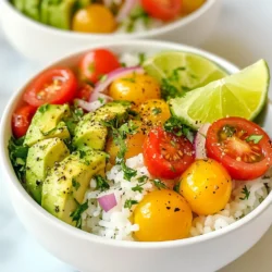 - 1 cup jasmine rice - 2 cups vegetable broth - 1 ripe avocado, diced - 1 lime, juiced and zested - 1/4 cup fresh cilantro, chopped - 1/4 teaspoon garlic powder - 1/4 teaspoon cumin - Salt and pepper to taste - 1/2 cup cherry tomatoes, halved - 1/4 cup red onion, finely chopped - 1 jalapeño, finely chopped (optional, for heat) You need a few simple ingredients to make avocado lime rice. Start with jasmine rice. This rice is soft and fragrant. You will also need vegetable broth to cook the rice. It adds great flavor. Next, you will want a ripe avocado. Diced avocado gives a creamy texture. Fresh lime juice and zest add a tangy kick. They make the rice bright and fresh. Cilantro adds a herbal note. Garlic powder and cumin bring in savory depth. Finally, season with salt and pepper to taste. You can also add optional ingredients. Cherry tomatoes add sweetness and color. Red onion gives a nice crunch. If you like heat, add jalapeño. Adjust these add-ins to fit your taste. {{ingredient_image_1}} - Step 1: Rinse the jasmine rice. Place the rice in a fine mesh strainer. Run cool water over it until the water runs clear. This step removes excess starch and helps make the rice fluffy. - Step 2: Combine rice and vegetable broth. In a medium saucepan, pour the rinsed rice and add two cups of vegetable broth. This broth adds depth to the flavor. - Step 3: Bring to a boil and reduce heat. Heat the saucepan over medium-high until it boils. Once boiling, lower the heat to low and cover the pot. Let it simmer for 15 minutes or until the rice is tender. - Step 4: Fluffing the rice. After cooking, take the pot off the heat. Let it sit for 5 minutes without lifting the lid. Then, use a fork to fluff the rice gently. - Step 5: Incorporate lime juice and seasonings. While the rice is warm, mix in the lime juice, lime zest, garlic powder, cumin, salt, and pepper. This brings a bright flavor to the rice. - Step 6: Fold in avocado and other fresh ingredients. In a large bowl, combine the fluffed rice with diced avocado, chopped cilantro, halved cherry tomatoes, and finely chopped red onion. If you like heat, add jalapeño. Gently fold everything together to keep the avocado intact. Adjust seasoning with more lime juice, salt, or pepper to taste. How to achieve perfectly cooked jasmine rice Start by rinsing the jasmine rice. Use cool water until it runs clear. This step removes excess starch, which helps prevent sticky rice. Next, combine the rinsed rice with vegetable broth. Bring this mixture to a boil over medium-high heat. Once boiling, lower the heat, cover the pot, and simmer for 15 minutes. After that, let it sit for five more minutes. Finally, fluff the rice with a fork for a light texture. Best practices for incorporating flavors Add flavor while the rice is still warm. Mix in lime juice and zest, garlic powder, and cumin. These ingredients enhance the rice's taste. Season with salt and pepper to suit your taste. Remember, the warmth helps the flavors blend better. Presentation ideas for serving Serve the avocado lime rice in individual bowls. Garnish with fresh cilantro and lime wedges. This adds a bright touch. Use a large platter for family-style serving. This makes it easy for everyone to help themselves. Best dishes to pair with Avocado Lime Rice This rice pairs well with grilled chicken or fish. It also complements tacos or burritos. The fresh flavors enhance any meal. You can also serve it with black beans for a hearty vegetarian option. How to enhance lime zing For a stronger lime flavor, add more lime juice and zest. You can also try using lime-infused olive oil. This adds a rich depth to the dish. Tips for balancing spices If you find the dish too spicy, add more avocado or a pinch of sugar. This will help balance the heat. Taste as you go, adjusting salt and pepper as needed. Pro Tips Use Fresh Ingredients: Always opt for fresh cilantro and ripe avocados. The freshness enhances the overall flavor of the dish. Perfect Rice Texture: Rinsing the rice removes excess starch, preventing it from becoming gummy. This ensures a fluffy and light texture. Customize the Heat: Adjust the amount of jalapeño based on your spice preference. You can also remove the seeds for a milder flavor. Presentation Matters: Serve in colorful bowls and garnish with lime wedges and extra cilantro for an appealing presentation that invites everyone to dig in! {{image_2}} You can easily adapt this dish to fit different diets. For vegan and vegetarian options, skip any meat. The rice is already plant-based, so it works well. You can add more veggies to boost nutrition. For a gluten-free choice, make sure to use gluten-free vegetable broth. This rice dish naturally fits into a gluten-free diet since jasmine rice is gluten-free. You can change the flavors to make this dish your own. Add herbs like parsley or dill for a twist. You might also try spices such as paprika or chili powder. These will give your rice a new taste. Want to add protein? Toss in cooked chicken or shrimp. This makes the dish heartier and more filling. Just mix them in gently with the rice and veggies. Using seasonal vegetables can enhance your dish. In summer, add fresh corn or zucchini. In winter, try roasted sweet potatoes or carrots. These veggies can bring more flavor and color. You can also adapt the dish to fit different cuisines. For a Mexican flair, add black beans and corn. For a Mediterranean touch, use olives and feta cheese. Each variation makes the dish special and fun! To store leftovers of avocado lime rice, place it in an airtight container. Make sure it cools down before sealing. This keeps the rice fresh and prevents it from getting mushy. Store it in the fridge for up to three days. Always label your container with the date. Yes, you can freeze avocado lime rice! But, it is best to leave out the avocado before freezing. Avocado can turn brown and mushy when frozen. To freeze, let the rice cool, then place it in a freezer-safe bag. Squeeze out all the air before sealing. When you are ready to eat, thaw the rice in the fridge overnight. Reheat it in a microwave or on the stove. If the rice seems dry, add a splash of vegetable broth or water while reheating. This helps restore moisture. Avocado lime rice lasts about three days in the fridge. If you freeze it, it can last up to three months. Look for off smells, discoloration, or a slimy texture. If you see any of these signs, it’s best to toss the rice. Always trust your senses when it comes to food safety! Avocado lime rice is a fresh and zesty side dish. It combines fluffy jasmine rice, creamy avocado, and bright lime. This dish is full of flavor and color. The cilantro adds a nice herbal note. It’s perfect for any meal. You can serve it warm or cold. Yes, you can prepare avocado lime rice ahead of time. Cook the rice and let it cool. Add the lime, garlic, and spices first. Add the avocado and fresh veggies just before serving. This way, the avocado stays bright and green. Avocado lime rice pairs well with many dishes. You can serve it with grilled chicken or fish. It's also great as a topping for tacos or burritos. Try it with black beans or roasted veggies too. The options are endless! To add heat, include a finely chopped jalapeño. You can also sprinkle red pepper flakes on top. For a smoky flavor, try adding chipotle powder instead. Adjust the heat to match your taste. One serving has about 200 calories. Each bowl gives you healthy fats from avocado. The rice provides carbs for energy. This dish is also full of vitamins and minerals. Enjoy it as a nutritious and tasty side! Avocado Lime Rice is a flavor-packed dish that’s easy to make. We covered the main ingredients, cooking methods, and tips for perfect results. You learned about variations for different diets and storing leftovers. This dish can fit many tastes and is great for meal prep. Try it with different proteins or veggies for fun twists. Enjoy your cooking and share this recipe with friends!