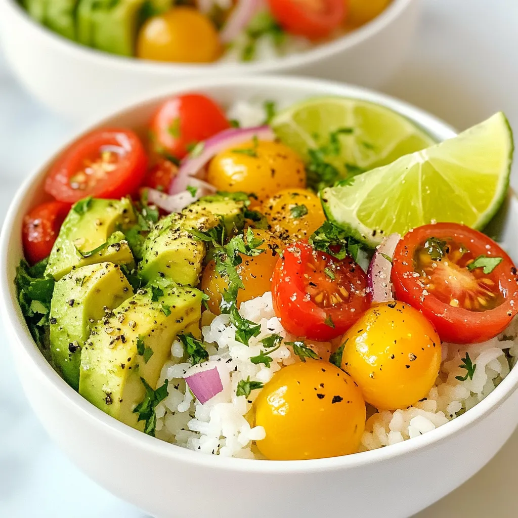 - 1 cup jasmine rice - 2 cups vegetable broth - 1 ripe avocado, diced - 1 lime, juiced and zested - 1/4 cup fresh cilantro, chopped - 1/4 teaspoon garlic powder - 1/4 teaspoon cumin - Salt and pepper to taste - 1/2 cup cherry tomatoes, halved - 1/4 cup red onion, finely chopped - 1 jalapeño, finely chopped (optional, for heat) You need a few simple ingredients to make avocado lime rice. Start with jasmine rice. This rice is soft and fragrant. You will also need vegetable broth to cook the rice. It adds great flavor. Next, you will want a ripe avocado. Diced avocado gives a creamy texture. Fresh lime juice and zest add a tangy kick. They make the rice bright and fresh. Cilantro adds a herbal note. Garlic powder and cumin bring in savory depth. Finally, season with salt and pepper to taste. You can also add optional ingredients. Cherry tomatoes add sweetness and color. Red onion gives a nice crunch. If you like heat, add jalapeño. Adjust these add-ins to fit your taste. {{ingredient_image_1}} - Step 1: Rinse the jasmine rice. Place the rice in a fine mesh strainer. Run cool water over it until the water runs clear. This step removes excess starch and helps make the rice fluffy. - Step 2: Combine rice and vegetable broth. In a medium saucepan, pour the rinsed rice and add two cups of vegetable broth. This broth adds depth to the flavor. - Step 3: Bring to a boil and reduce heat. Heat the saucepan over medium-high until it boils. Once boiling, lower the heat to low and cover the pot. Let it simmer for 15 minutes or until the rice is tender. - Step 4: Fluffing the rice. After cooking, take the pot off the heat. Let it sit for 5 minutes without lifting the lid. Then, use a fork to fluff the rice gently. - Step 5: Incorporate lime juice and seasonings. While the rice is warm, mix in the lime juice, lime zest, garlic powder, cumin, salt, and pepper. This brings a bright flavor to the rice. - Step 6: Fold in avocado and other fresh ingredients. In a large bowl, combine the fluffed rice with diced avocado, chopped cilantro, halved cherry tomatoes, and finely chopped red onion. If you like heat, add jalapeño. Gently fold everything together to keep the avocado intact. Adjust seasoning with more lime juice, salt, or pepper to taste. How to achieve perfectly cooked jasmine rice Start by rinsing the jasmine rice. Use cool water until it runs clear. This step removes excess starch, which helps prevent sticky rice. Next, combine the rinsed rice with vegetable broth. Bring this mixture to a boil over medium-high heat. Once boiling, lower the heat, cover the pot, and simmer for 15 minutes. After that, let it sit for five more minutes. Finally, fluff the rice with a fork for a light texture. Best practices for incorporating flavors Add flavor while the rice is still warm. Mix in lime juice and zest, garlic powder, and cumin. These ingredients enhance the rice's taste. Season with salt and pepper to suit your taste. Remember, the warmth helps the flavors blend better. Presentation ideas for serving Serve the avocado lime rice in individual bowls. Garnish with fresh cilantro and lime wedges. This adds a bright touch. Use a large platter for family-style serving. This makes it easy for everyone to help themselves. Best dishes to pair with Avocado Lime Rice This rice pairs well with grilled chicken or fish. It also complements tacos or burritos. The fresh flavors enhance any meal. You can also serve it with black beans for a hearty vegetarian option. How to enhance lime zing For a stronger lime flavor, add more lime juice and zest. You can also try using lime-infused olive oil. This adds a rich depth to the dish. Tips for balancing spices If you find the dish too spicy, add more avocado or a pinch of sugar. This will help balance the heat. Taste as you go, adjusting salt and pepper as needed. Pro Tips Use Fresh Ingredients: Always opt for fresh cilantro and ripe avocados. The freshness enhances the overall flavor of the dish. Perfect Rice Texture: Rinsing the rice removes excess starch, preventing it from becoming gummy. This ensures a fluffy and light texture. Customize the Heat: Adjust the amount of jalapeño based on your spice preference. You can also remove the seeds for a milder flavor. Presentation Matters: Serve in colorful bowls and garnish with lime wedges and extra cilantro for an appealing presentation that invites everyone to dig in! {{image_2}} You can easily adapt this dish to fit different diets. For vegan and vegetarian options, skip any meat. The rice is already plant-based, so it works well. You can add more veggies to boost nutrition. For a gluten-free choice, make sure to use gluten-free vegetable broth. This rice dish naturally fits into a gluten-free diet since jasmine rice is gluten-free. You can change the flavors to make this dish your own. Add herbs like parsley or dill for a twist. You might also try spices such as paprika or chili powder. These will give your rice a new taste. Want to add protein? Toss in cooked chicken or shrimp. This makes the dish heartier and more filling. Just mix them in gently with the rice and veggies. Using seasonal vegetables can enhance your dish. In summer, add fresh corn or zucchini. In winter, try roasted sweet potatoes or carrots. These veggies can bring more flavor and color. You can also adapt the dish to fit different cuisines. For a Mexican flair, add black beans and corn. For a Mediterranean touch, use olives and feta cheese. Each variation makes the dish special and fun! To store leftovers of avocado lime rice, place it in an airtight container. Make sure it cools down before sealing. This keeps the rice fresh and prevents it from getting mushy. Store it in the fridge for up to three days. Always label your container with the date. Yes, you can freeze avocado lime rice! But, it is best to leave out the avocado before freezing. Avocado can turn brown and mushy when frozen. To freeze, let the rice cool, then place it in a freezer-safe bag. Squeeze out all the air before sealing. When you are ready to eat, thaw the rice in the fridge overnight. Reheat it in a microwave or on the stove. If the rice seems dry, add a splash of vegetable broth or water while reheating. This helps restore moisture. Avocado lime rice lasts about three days in the fridge. If you freeze it, it can last up to three months. Look for off smells, discoloration, or a slimy texture. If you see any of these signs, it’s best to toss the rice. Always trust your senses when it comes to food safety! Avocado lime rice is a fresh and zesty side dish. It combines fluffy jasmine rice, creamy avocado, and bright lime. This dish is full of flavor and color. The cilantro adds a nice herbal note. It’s perfect for any meal. You can serve it warm or cold. Yes, you can prepare avocado lime rice ahead of time. Cook the rice and let it cool. Add the lime, garlic, and spices first. Add the avocado and fresh veggies just before serving. This way, the avocado stays bright and green. Avocado lime rice pairs well with many dishes. You can serve it with grilled chicken or fish. It's also great as a topping for tacos or burritos. Try it with black beans or roasted veggies too. The options are endless! To add heat, include a finely chopped jalapeño. You can also sprinkle red pepper flakes on top. For a smoky flavor, try adding chipotle powder instead. Adjust the heat to match your taste. One serving has about 200 calories. Each bowl gives you healthy fats from avocado. The rice provides carbs for energy. This dish is also full of vitamins and minerals. Enjoy it as a nutritious and tasty side! Avocado Lime Rice is a flavor-packed dish that’s easy to make. We covered the main ingredients, cooking methods, and tips for perfect results. You learned about variations for different diets and storing leftovers. This dish can fit many tastes and is great for meal prep. Try it with different proteins or veggies for fun twists. Enjoy your cooking and share this recipe with friends!