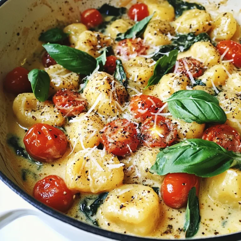 To make One-Pan Tuscan Gnocchi, you will need: - 1 pound potato gnocchi (store-bought or homemade) - 2 tablespoons olive oil - 3 cloves garlic, minced - 1 small onion, diced - 1 can (14 oz) diced tomatoes, undrained - 1 cup vegetable broth - 2 cups fresh spinach - ½ cup heavy cream - 1 teaspoon dried oregano - ½ teaspoon red pepper flakes (optional) - Salt and black pepper to taste - 1 cup grated Parmesan cheese - Fresh basil leaves for garnish These ingredients work together to create a creamy and tasty dish. You can find many of these in your pantry or local store. You can add these ingredients to boost flavor: - ½ teaspoon garlic powder - 1 tablespoon balsamic vinegar - A squeeze of fresh lemon juice These options can add extra depth to the dish. Feel free to mix and match to suit your taste. If you need to substitute, consider these options: - Use sweet potato gnocchi for a different flavor. - Swap heavy cream for coconut cream for a dairy-free version. - Try chicken broth instead of vegetable broth for richer taste. These changes can make the dish unique while keeping it delicious. Don't be afraid to experiment! {{ingredient_image_1}} Start by heating 2 tablespoons of olive oil in a large skillet over medium heat. Once hot, add 1 small diced onion. Sauté it for about 3-4 minutes until it turns translucent. Next, stir in 3 cloves of minced garlic and cook for another minute. Keep an eye on it to avoid burning. Now, add 1 can of diced tomatoes, undrained, along with 1 cup of vegetable broth. Sprinkle in 1 teaspoon of dried oregano, and if you like heat, add ½ teaspoon of red pepper flakes. Season with salt and black pepper. Stir well and bring the mixture to a simmer. Once it simmers, gently add 1 pound of potato gnocchi. Make sure the gnocchi is fully submerged. Cover the skillet and cook for 5-7 minutes, stirring occasionally. This will cook the gnocchi until tender. After the gnocchi cooks, reduce the heat to low. Add in 2 cups of fresh spinach and ½ cup of heavy cream. Stir until the spinach wilts, which takes about 2-3 minutes. Finally, mix in 1 cup of grated Parmesan cheese. Stir until the cheese melts. If needed, adjust the seasoning with more salt and pepper. Remove the skillet from heat. Add fresh basil leaves on top for garnish. Your dish is ready to serve hot! - Use a large skillet to give the gnocchi space to cook evenly. - Avoid crowding the pan; this helps the gnocchi cook faster. - Stir gently to keep the gnocchi from sticking together. - Test a piece of gnocchi to check for doneness; it should be soft and fluffy. - Always use oven mitts when handling hot skillets. - Keep a safe distance from the heat source to avoid burns. - Use long utensils to stir hot mixtures to protect your hands. - If you spill hot liquid, clean it up quickly to prevent slips. To boost the taste of One-Pan Tuscan Gnocchi, use fresh herbs. Fresh basil adds a nice touch when you serve the dish. You can also try using thyme or parsley for added depth. A squeeze of lemon juice brightens the flavors too. If you like heat, add more red pepper flakes to the mix. For a richer taste, consider using more heavy cream or a splash of white wine. You will need a few basic tools. A large skillet is key for cooking everything in one pan. A wooden spoon helps you stir the ingredients well. A sharp knife is great for chopping the onion and garlic. Use measuring spoons for accuracy. A lid is important to cover the skillet while cooking. Having a cheese grater on hand makes it easy to prepare the Parmesan. Serve your One-Pan Tuscan Gnocchi with a fresh green salad. A side of garlic bread pairs well too. You can add a sprinkle of extra cheese on top when serving. For a fun twist, serve it in a bowl with a drizzle of olive oil. A glass of white wine also makes a nice match for this dish. Pro Tips Use Fresh Ingredients: Fresh spinach and high-quality tomatoes can elevate the flavor of this dish significantly. Adjust the Creaminess: For a lighter version, reduce the amount of heavy cream or substitute with half-and-half. Customize the Heat: If you prefer a spicier dish, feel free to increase the amount of red pepper flakes or add a splash of hot sauce. Gnocchi Cooking Tip: Be careful not to overcook the gnocchi; they should be tender but still have a slight bite to them. {{image_2}} One-Pan Tuscan Gnocchi is easy to make vegetarian. You can swap the heavy cream for coconut milk. This gives a rich, creamy texture without dairy. You can also add more vegetables. Try bell peppers, zucchini, or mushrooms. These add flavor and color to your dish. Fresh herbs like thyme or parsley can enhance the taste. If you want more protein, add cooked chicken or sausage. Cook the meat first, then set it aside. After adding the gnocchi, mix the cooked meat back in. This makes the dish heartier and very filling. You can also use turkey sausage for a lighter option. For a spicy kick, consider adding Italian sausage. For a gluten-free version, choose gluten-free gnocchi. Many brands offer this option, and they taste great. Check the package to ensure it fits your dietary needs. You can also make homemade gluten-free gnocchi. Use mashed potatoes and gluten-free flour for a fresh twist. This way, everyone can enjoy this delicious meal! To keep your One-Pan Tuscan Gnocchi fresh, let it cool first. Use an airtight container for storage. Place the cooled gnocchi in the container and seal it tight. Store it in the fridge for up to three days. If you want to keep it longer, consider freezing. When you reheat the gnocchi, do it slowly. I recommend using a skillet. Add a splash of vegetable broth or cream to keep it moist. Heat it over low heat and stir gently. This keeps the flavors intact and makes it taste fresh. You can also microwave it, but add a little water to prevent dryness. Freezing is a great option if you have extra gnocchi. Portion it out in freezer-safe bags. Make sure to remove as much air as possible before sealing. Label the bags with the date. It can last up to three months in the freezer. When you are ready to enjoy it again, thaw it in the fridge overnight and reheat as mentioned above. Gnocchi is a small pasta made from potatoes. It has a soft, pillowy texture. Traditional gnocchi uses flour, eggs, and potatoes. You mix mashed potatoes with flour to form dough. Then, you roll it into small pieces and shape them. Some cooks add a fork's edge to create ridges. These help sauce cling to gnocchi. Yes, you can make this recipe in advance. Cook the gnocchi and sauce as usual. Let it cool, then store it in the fridge. Use an airtight container for best results. When ready to eat, reheat on the stove. Add a splash of broth or cream to keep it moist. One common mistake is overcrowding the pan. This can cause uneven cooking. Always give your ingredients space. Another mistake is not stirring enough. Stirring helps ensure even heat and flavor. Lastly, some forget to taste and season. Always adjust salt and spices to your liking. This blog post covers everything you need to know about making one-pan Tuscan gnocchi. You learned about the ingredients, step-by-step cooking instructions, and various tips for success. We discussed flavor enhancements, serving ideas, and ingredient substitutions. You also found out about storage and reheating, ensuring your leftovers stay tasty. Incorporating these tips will make your gnocchi stand out. Enjoy crafting this dish, and happy cooking!