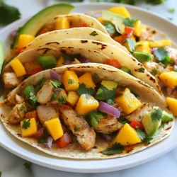 - 2 boneless, skinless chicken breasts, diced - 1 ripe mango, diced - 1 small red onion, finely chopped - 1 red bell pepper, diced - 2 cloves of garlic, minced - 1 jalapeño, deseeded and minced (adjust for heat) - 1 teaspoon ground cumin - 1 teaspoon smoked paprika - 1 tablespoon olive oil - 1 lime, juiced - Salt and pepper to taste - Corn tortillas (approximately 8) - Fresh cilantro, chopped (for garnish) - Avocado slices (for topping) You can swap chicken for shrimp or tofu. Both options add a nice twist. For the mango, if it’s out of season, consider using canned peaches. They add sweetness and flavor. Red onion can be replaced with green onions for a milder taste. If you do not have corn tortillas, flour tortillas work well too. Pick chicken that is firm and pink. It should not have a strong odor. For mango, choose one that is slightly soft to touch. A ripe mango gives the best flavor. Look for onions that are dry and firm, avoiding any soft spots. Select bell peppers that are bright and glossy, with no wrinkles. Always check the jalapeño for firmness; it should feel smooth and vibrant. {{ingredient_image_1}} To start, you need to marinate the chicken. In a medium bowl, mix the diced chicken with minced garlic, ground cumin, smoked paprika, lime juice, and a pinch of salt and pepper. Make sure to toss the chicken well so it gets evenly coated. Let this sit for about 15 minutes. This step adds flavor and makes the chicken juicy. Next, heat olive oil in a large skillet over medium-high heat. Once the oil is hot, add the marinated chicken. Cook it for about 6 to 8 minutes. Stir occasionally until the chicken is fully cooked and slightly crispy. You want the chicken to have a nice golden color. This brings out the spices' full flavor. After the chicken is cooked, it’s time for the veggies. Add diced mango, red onion, red bell pepper, and minced jalapeño to the skillet. Stir everything together and cook for an extra 3 to 4 minutes. This softens the vegetables and blends the flavors. Now, warm your corn tortillas in another skillet or over a low flame until they are soft. When ready, place a generous portion of the spicy mango chicken mixture on each tortilla. Don't forget to top your tacos with fresh avocado slices and a sprinkle of chopped cilantro for that extra zing. Enjoy your delicious fiesta! To enhance your spicy mango chicken tacos, focus on the marinating step. Marinate the chicken for at least 15 minutes for better flavor. Use fresh spices like ground cumin and smoked paprika. They add depth and warmth. Don’t skip lime juice; it brightens the dish and balances the heat. Serve the tacos warm on a platter. Place the corn tortillas on the side. This keeps them fresh and pliable. Fill each tortilla with the spicy chicken mix. Add fresh avocado slices and chopped cilantro on top. This adds color and flavor. You can also squeeze a little extra lime juice on each taco for a zesty kick. Pair these tacos with a fresh salad or black beans. A light mango salsa complements the dish well. You can also serve tortilla chips with guacamole. These sides add more texture and flavor to your meal. For drinks, try a refreshing limeade or a light beer to match the spice. Pro Tips Marinate for Flavor: Allowing the chicken to marinate for at least 15 minutes enhances the flavors; for even better results, marinate it for a few hours or overnight. Adjust Heat Level: If you prefer milder tacos, remove the seeds from the jalapeño completely. For extra heat, leave some seeds in or add a pinch of cayenne pepper. Fresh Ingredients: Use ripe mangoes for the best sweetness and flavor. Choosing fresh vegetables will add crunch and brightness to your tacos. Warm Tortillas: Warming the corn tortillas before assembly makes them more pliable and enhances their flavor. You can also use a dry skillet for a few seconds to achieve this. {{image_2}} You can switch out chicken for other proteins. Shrimp or fish work great too. Try beef or pork for a heartier taste. Tofu is a good choice for a plant-based option. Make sure to season them well, just like the chicken. Each protein will bring its own flavor to the taco. Want more heat? Add extra jalapeño or a pinch of cayenne. You can also use hot sauce for a kick. If you prefer milder tacos, skip the jalapeño. Use bell peppers for crunch without the spice. You control the heat, so taste as you go. For a vegan taco, swap the chicken for jackfruit or tempeh. You can also use chickpeas for a protein boost. Always check if your tortillas are gluten-free. Corn tortillas are usually safe, but read labels. Add more veggies like zucchini for a colorful mix. Enjoy these tasty options while keeping it friendly for all diets. After a fun taco night, you may have some spicy mango chicken left. To store it, let the chicken cool first. Then, place it in an airtight container. Add the mango and veggies if you want. Store the container in the fridge. This keeps the flavors fresh for up to three days. When you are ready to enjoy your leftovers, reheating is simple. You can use a skillet for even heating. Just add a splash of water or oil to keep the chicken moist. Heat on medium until warm, about five minutes. If you prefer the microwave, place the chicken in a bowl. Heat for one to two minutes, stirring halfway through. If you want to save some spicy mango chicken for later, freezing works well. Place the cooled chicken mixture in a freezer-safe bag. Squeeze out the air before sealing. This prevents freezer burn. The chicken can stay fresh in the freezer for up to three months. When ready to eat, thaw it overnight in the fridge. Then, reheat using the instructions above. Enjoy your taco fiesta anytime! Yes, you can make Spicy Mango Chicken Tacos ahead of time. Cook the chicken mixture and store it in the fridge. Keep the corn tortillas separate to stay fresh. You can assemble the tacos just before serving. This keeps the tortillas warm and soft. If you want to switch up the tortillas, try flour tortillas or lettuce wraps. Flour tortillas are soft and easy to wrap. Lettuce wraps add a fresh crunch and are low-carb. You can also use whole grain tortillas for a healthier option. To make more servings, simply double or triple the ingredients. Use four chicken breasts instead of two. Adjust the spices and lime juice to taste. Ensure your skillet is large enough to cook all the chicken at once. This way, the flavors blend well. This blog post covered how to make tasty Spicy Mango Chicken Tacos. We discussed key ingredients, substitutions, and tips for choosing fresh items. You learned how to marinate and cook chicken, then add veggies for a great meal. In our tips section, I shared best practices for flavor and how to serve. You can even try different proteins and adjust the spice levels. Lastly, I explained how to store leftovers and answered common questions. Enjoying these tacos can be easy and fun! Get cooking and share them with friends!