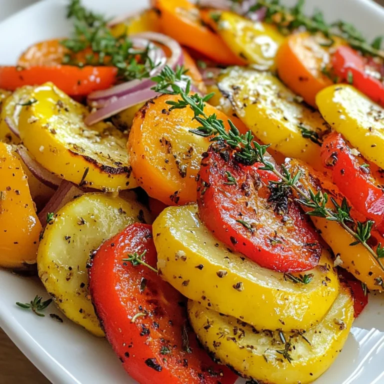 For this dish, I use a mix of fresh vegetables. They add color and flavor. Here are the main ones: - 2 cups carrots, sliced - 2 cups bell peppers (red, yellow, green), chopped - 2 cups zucchini, sliced - 1 cup red onion, chopped Herbs and spices make this dish pop. They bring out the natural sweetness of the vegetables. Here’s what you need: - 4 cloves garlic, minced - 1 tablespoon fresh rosemary, chopped - 1 tablespoon fresh thyme, chopped - 1 teaspoon smoked paprika - Salt and pepper to taste Olive oil is key for roasting. It helps the vegetables cook and adds richness. You will need: - 3 tablespoons olive oil Using these ingredients together creates a tasty side dish. You can mix and match vegetables, but this combo works best. {{ingredient_image_1}} Start by washing the vegetables well. This helps to remove dirt and germs. Next, slice the carrots into thin rounds. Chop the bell peppers into bite-sized pieces. For the zucchini, slice it into half-moons. Finally, chop the red onion into small pieces. Place all these vegetables in a large mixing bowl. This mix will give a nice variety of colors and textures. In a small bowl, add four minced garlic cloves. Pour in three tablespoons of olive oil. Then, add one tablespoon each of chopped rosemary and thyme. Sprinkle in one teaspoon of smoked paprika, salt, and pepper. Use a whisk to mix everything well. This herb oil will add great flavor to your veggies. Preheat your oven to 425°F (220°C). Once it’s ready, pour the herb oil over the vegetables. Toss them gently to coat every piece. Line a baking sheet with parchment paper for easy cleanup. Spread the vegetables in one layer on the sheet. This helps them cook evenly. Roast in the oven for 25 to 30 minutes. Stir them halfway through for even cooking. The veggies are done when they are tender and slightly caramelized. Remove them from the oven and let them cool for a few minutes before serving. To get great roasted vegetables, start with fresh ones. Fresh veggies taste better and roast nicely. Cut your vegetables into similar sizes. This helps them cook evenly. Spread them out on the baking sheet. Don’t crowd them, or they will steam instead of roast. Stir halfway through to help with even cooking. You want them golden and tender. Want to mix things up? Add different veggies like broccoli or sweet potatoes. You can also try new herbs. Basil or oregano can give a fresh twist. For a spicy kick, add red pepper flakes. If you love citrus, try squeezing lemon juice over them before serving. This adds brightness and flavor. Serve these roasted vegetables warm. They make a great side for meat or fish. You can also toss them into salads or grain bowls. For a colorful platter, mix with fresh herbs. A drizzle of balsamic glaze can add a nice touch too. Enjoy these veggies in any meal! Pro Tips Choose Fresh Vegetables: Select vibrant, seasonal vegetables for the best flavor and nutrition. Uniform Cutting: Cut all vegetables into similar sizes to ensure even roasting and cooking. Don't Crowd the Pan: Spread the vegetables out on the baking sheet to allow for proper browning and caramelization. Flavor Boost: Experiment with different herbs and spices to customize the flavor profile to your liking. {{image_2}} You can swap out the vegetables based on your taste. Broccoli, sweet potatoes, and cauliflower work well. Consider using asparagus or Brussels sprouts for variety. Each will bring its unique flavor. You can even mix in some cherry tomatoes for a pop of sweetness. Herbs can change the flavor of your dish. Try using basil or oregano for a fresh taste. Sage pairs nicely with root veggies like carrots and potatoes. Cilantro adds a bright touch, especially with bell peppers. Experiment with what you have available to discover your favorites. This recipe is already vegan and gluten-free. You can keep it that way by using the right oils and spices. Just make sure to check labels on pre-made spice blends. Fresh herbs and oil give a great taste without any allergens. Enjoy this dish with confidence, knowing it fits many diets. After enjoying your garlic herb roasted vegetables, let them cool down. Place them in an airtight container. This helps keep them fresh. Store them in the fridge. They will last about 3 to 5 days. Avoid mixing them with other foods to keep flavors separate. When you reheat your vegetables, aim for the oven or air fryer. This method helps regain their crispness. Preheat the oven to 350°F (175°C). Spread the vegetables on a baking sheet. Heat for about 10-15 minutes. Stir halfway to ensure even warmth. If using an air fryer, set it to 350°F for 5-7 minutes. You can freeze garlic herb roasted vegetables for later use. First, let them cool completely. Place them in freezer bags or containers. Remove as much air as possible. They will last about 2 to 3 months in the freezer. When you're ready to eat, thaw in the fridge overnight before reheating. Yes, you can use frozen vegetables. They are quick and easy. Just make sure to thaw them first. Pat them dry to remove excess moisture. This helps them roast better. Keep in mind that frozen veggies may cook faster. Check them often to avoid overcooking. The best way to season roasted vegetables is to use fresh herbs and spices. This recipe uses garlic, rosemary, and thyme. These add a great flavor. You can also use smoked paprika for a nice touch. Salt and pepper are essential too. They enhance the natural taste of the veggies. Mix your seasonings well with olive oil before tossing them with the veggies. This ensures even coating. You can prepare the vegetables a day in advance. Cut and chop them, then store in the fridge. You can also mix the herb oil and store it separately. When you are ready to cook, just combine them and roast. This saves you time on busy days. Enjoy delicious garlic herb roasted vegetables whenever you want! Roasting vegetables is simple and fun. We explored the best veggies, herbs, and spices to use. You learned step-by-step instructions for prepping and roasting. I shared tips for perfect results, flavor ideas, and serving choices. We also looked at variations, storage methods, and answered common questions. Embrace your new skills! Roasted vegetables are tasty, healthy, and easy. Keep experimenting with different ingredients and enjoy your meals.