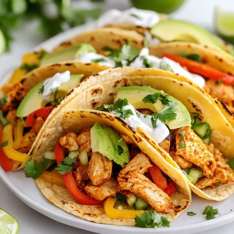 - 2 chicken breasts, diced - 2 tablespoons Cajun seasoning - 1 tablespoon olive oil For the main flavor, I use chicken breasts. They are lean and cook well. Cajun seasoning gives the chicken a spicy kick. Olive oil helps the spices stick and adds a nice richness. - 1 cup red bell peppers, sliced - 1 cup yellow onion, sliced - 1 cup shredded cabbage Fresh veggies add crunch and taste. I like using red bell peppers for sweetness. Yellow onions bring a mild flavor. Shredded cabbage adds a nice crunch to each bite. - 4 small flour tortillas - 1 avocado, sliced - 1/4 cup cilantro, chopped - 1 lime, cut into wedges - Sour cream or Greek yogurt, for topping For the base, I choose small flour tortillas. They wrap around the filling perfectly. Avocado adds creaminess. Fresh cilantro gives a burst of flavor. Lime juice brightens the tacos. Sour cream or Greek yogurt adds a cool finish. {{ingredient_image_1}} Start by tossing the diced chicken in a bowl. Add two tablespoons of Cajun seasoning and one tablespoon of olive oil. Mix well until the chicken is fully coated. Let it marinate for about 15 minutes. This step builds great flavor in every bite. Heat a large skillet over medium heat. Add the marinated chicken to the skillet. Cook for about 5 to 7 minutes. You want the chicken to be golden brown and cooked through. To check for doneness, cut a piece in half. The inside should be white, not pink. In the same skillet, add sliced red bell peppers and onions. Sauté them for about 4 to 5 minutes. You want them soft and slightly charred. This adds a nice texture and flavor to your tacos. Stir often to avoid burning. Use a separate pan to warm the flour tortillas. Heat them over medium heat for about 30 seconds on each side. This keeps them soft and pliable. Soft tortillas make for better taco wrapping. On each warm tortilla, layer the cooked chicken first. Then add the sautéed peppers and onions. Next, place sliced avocado and shredded cabbage on top. This order helps keep everything in place. Finish by sprinkling fresh cilantro over the tacos. Squeeze fresh lime juice on top for extra flavor. You can also add a dollop of sour cream or Greek yogurt. This adds creaminess and balances the spice. Enjoy your flavorful Cajun chicken tacos! - Breast vs. Thigh: What’s Best? I prefer chicken breasts for this recipe. They cook fast and stay juicy. Thighs are great too, but they can take longer to cook. If you like darker meat, thighs add more flavor. - Fresh vs. Frozen Chicken Always choose fresh chicken when possible. It tastes better and cooks more evenly. Frozen chicken works if you thaw it well. Just make sure to season it well before cooking. - Store-Bought vs. Homemade Store-bought Cajun seasoning is easy and saves time. I often use it for quick meals. If you want to make your own, mix paprika, cayenne, garlic powder, and thyme. Taste as you go! - Customizing Spice Levels Adjust the spice to fit your taste. Add more cayenne for heat. For milder tacos, reduce the cayenne. You want the seasoning to enhance the chicken, not overpower it. - Best Side Dishes for Cajun Chicken Tacos Serve these tacos with a side salad or rice. You can also try coleslaw for crunch. Chips and salsa pair well too, adding a fun texture. - Drink Pairing Recommendations Enjoy your tacos with a cold beer or iced tea. A light white wine also works. The right drink makes the meal even better! Pro Tips Marinate Longer for More Flavor: If you have time, let the chicken marinate for up to an hour. This enhances the flavor and tenderness of the chicken. Choose Fresh Ingredients: Opt for fresh vegetables and herbs to give your tacos a vibrant flavor and colorful presentation. Adjust the Heat: If you like it spicier, add some diced jalapeños or a few dashes of hot sauce when assembling your tacos. Serve Immediately: Tacos are best enjoyed fresh. Serve them right away to keep the tortillas soft and the fillings warm. {{image_2}} Want more heat? You can add extra spice to your tacos. Try using more Cajun seasoning. You can also add cayenne pepper or hot sauce. These will kick up the flavor and heat level. There are many alternative seasoning blends too. You can mix Cajun with chili powder for a smoky flavor. Or try a blend of paprika, garlic powder, and onion powder. These options add unique tastes to your tacos. If you want a vegetarian option, swap the chicken for plant-based protein. Tofu or tempeh work well and soak up flavors nicely. You can also use chickpeas for a hearty bite. Don’t forget about other vegetable options! Portobello mushrooms add a meaty texture. Zucchini or eggplant also make great substitutes. Sauté them like the peppers and onions for a tasty mix. Choosing the right tortilla makes a difference. Flour tortillas are soft and chewy. They hold all the fillings well. But corn tortillas bring a nutty flavor. They are also gluten-free. If you need a gluten-free option, look for gluten-free tortillas. There are many brands available. Just make sure to check the label for any hidden gluten. Enjoy your tacos with the best tortilla for your taste! To store your leftover Cajun chicken tacos, follow these best practices: - Cool Down: Let the tacos cool to room temp. - Use Airtight Containers: Place them in airtight containers. This keeps flavors fresh. - Refrigerate: Store in the fridge right away. For freshness, eat the leftovers within 3 days. After that, the taste may fade. When reheating, you want to keep the flavor and texture. Here’s how: - Oven Method: Preheat the oven to 350°F. Wrap tacos in foil. Heat for about 10-15 minutes. - Skillet Method: Heat a skillet on medium. Warm each taco for 2-3 minutes per side. These methods help keep the chicken juicy. You can freeze your Cajun chicken tacos, but here are some tips: - Assembled Tacos: I don’t recommend freezing the whole taco. The tortillas get soggy. - Components Separately: Instead, freeze the chicken and veggies in separate bags. Label the bags with dates. They stay good for up to 3 months. When ready, thaw in the fridge overnight before reheating. Enjoy your tasty tacos later! Cajun food comes from Louisiana. It blends French, African, and Spanish flavors. Cajun people use local ingredients and cook with love. Tacos are a Mexican dish. Combining these creates a unique meal. Cajun chicken tacos are tasty and full of flavor. They show how cultures can mix in food. Yes, you can prep these tacos early. Marinate the chicken and chop the veggies in advance. Store them in the fridge until you are ready to cook. Cook the chicken and veggies right before serving. This keeps them fresh and warm. You can also warm tortillas ahead and fill them later. To make gluten-free tacos, choose gluten-free tortillas. Many stores sell corn tortillas or special gluten-free flour options. Check labels to avoid hidden gluten. You can also use lettuce wraps as a base. Just fill them with the same tasty ingredients. This way, everyone can enjoy them. If you run out of Cajun seasoning, try other spices. Use paprika, garlic powder, and onion powder. A bit of cayenne pepper can add heat. You can also use Italian seasoning for a different taste. Mix these spices to match your favorite flavors. Cajun chicken tacos blend bold flavors with fresh ingredients for a delicious meal. We covered main components like chicken, spices, and colorful veggies. You learned how to marinate, cook, and assemble your tacos. I shared tips for meat choices and meal variations. Keep experimenting with flavors and enjoy these tasty tacos any way you want!