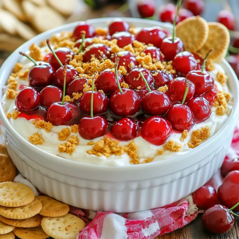 - 8 oz cream cheese, softened - 1 cup powdered sugar - 1 tsp vanilla extract - 1 cup whipped topping (Cool Whip) - 1/2 cup cherry pie filling - 1/4 cup crushed graham crackers - Fresh cherries - Drizzle of chocolate sauce - Graham crackers - Sliced fruits like strawberries or apples {{ingredient_image_1}} To start, take 8 ounces of softened cream cheese. Place it in a mixing bowl. Use an electric mixer to beat the cream cheese until it is smooth and creamy. Then, add 1 cup of powdered sugar and 1 teaspoon of vanilla extract. Mix until everything is well blended. Next, gently fold in 1 cup of whipped topping until the mixture is light and fluffy. Now, it's time to layer the dip. Take half of your cream cheese mixture and put it in a serving dish. Smooth it into an even layer. Then, spoon 1/2 cup of cherry pie filling over the first layer. Spread it out evenly. Finally, take the remaining cream cheese mixture and spread it over the cherry layer. Use a spatula to smooth the top. Let the dip chill in the refrigerator for at least 30 minutes. This helps the flavors blend well. When ready to serve, sprinkle 1/4 cup of crushed graham crackers on top for added crunch. You can also garnish with fresh cherries for a fun look. Serve with graham crackers or fruit slices on the side. Enjoy this tasty dip with friends and family! To get a smooth and creamy dip, beat the softened cream cheese well. Use an electric mixer for the best results. Mix until there are no lumps. Next, add the powdered sugar and vanilla. Mix slowly at first to avoid a sugar cloud. Once combined, gently fold in the whipped topping. This keeps the dip light and fluffy. Avoid over-mixing, as this can make the dip dense. Taste the mixture as you go. If you like it sweeter, add more powdered sugar. If you want a richer flavor, add a bit more vanilla. Remember that the cherry pie filling also adds sweetness. So, balance is key. For a tart twist, try adding a splash of lemon juice. This can elevate the dip's flavor and make it pop. For a fun and colorful display, serve the dip in a clear bowl. This lets the layers show off. Use a spatula to smooth the top layer. Sprinkle crushed graham crackers for added crunch. Fresh cherries or a drizzle of chocolate sauce make great garnishes. Offer a variety of graham crackers and colorful fruit slices. This adds texture and makes your spread look inviting. Pro Tips Use Room Temperature Cream Cheese: Make sure your cream cheese is at room temperature for a smoother and creamier dip. Cold cream cheese can result in a lumpy texture. Chill Before Serving: Allowing the dip to chill for at least 30 minutes helps the flavors meld together, enhancing the overall taste. Experiment with Toppings: Feel free to customize your dip with additional toppings such as chocolate chips, nuts, or even a swirl of caramel for added flavor and texture. Serving Suggestions: Serve the dip with a variety of dippers like fruit slices, pretzels, or even cookies to elevate the tasting experience. {{image_2}} You can change the fruit to make this dip even better. Try using different toppings, like blueberries, strawberries, or raspberries. Each fruit gives a new taste. For a tropical twist, use pineapple or mango. These fruits add color and flavor that everyone will love. Want to mix things up? Consider adding a bit of chocolate. Just fold in some cocoa powder to the cream cheese mixture. You can also swap cherry pie filling for other flavors, like lemon or chocolate. These changes make the dip fun and new. If you have food needs, you can still enjoy this dip. Use dairy-free cream cheese for a vegan option. You can also swap the powdered sugar for a sugar substitute, like stevia. This makes the dip lower in calories but still sweet. For gluten-free needs, use gluten-free graham crackers. Everyone can enjoy this tasty treat! You can keep leftover dip in an airtight container. Make sure to seal it tightly. Store it in the fridge for up to three days. This will help keep the flavors fresh. If you see any changes in texture or smell, itβs best to throw it away. You can freeze this dip if you have more than you need. Place it in a freezer-safe container. Leave some space at the top for expansion. Seal it tightly and freeze for up to a month. When you want to use it, let it thaw in the fridge overnight. To reheat the dip, first, let it thaw in the fridge. Once thawed, use a mixing bowl to stir it. You can use a hand mixer to make it smooth again. Avoid heating in the microwave, as it can change the dip's texture. Serve it cold for the best taste. Yes, you can make this dip ahead of time. I often prepare it a day before a party. Just keep it in the fridge until you're ready to serve. This time allows the flavors to blend nicely. If you need a swap for whipped topping, try heavy cream. Whip it until it forms soft peaks. You can also use Greek yogurt for a healthier twist. Just remember, these options change the dip's taste a bit. This dip is vegetarian-friendly due to its ingredients. However, it is not vegan. The cream cheese and whipped topping come from dairy. For a vegan version, use plant-based cream cheese and coconut whipped cream instead. This blog post covered how to make Cherry Cheesecake Dip. We went through ingredients, step-by-step instructions, tips, and variations. You learned how to store the dip and answered common questions. In closing, this dip is fun and easy to make. You can enjoy it at any gathering. With all the options for toppings, each dip can taste unique. Remember to store leftovers well. I hope you enjoy making and sharing this delicious treat!