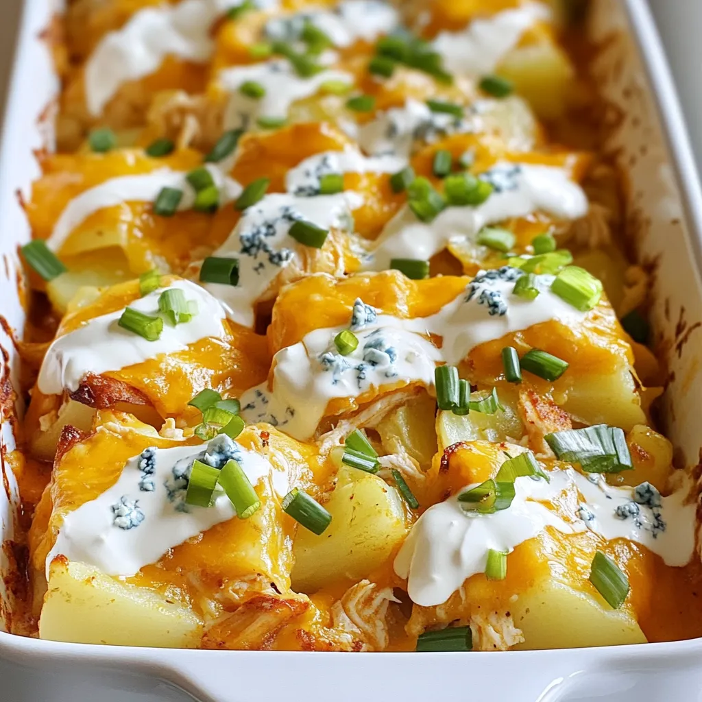 To make a tasty Buffalo Chicken Potato Bake, gather these ingredients: - 4 medium russet potatoes, cubed - 2 cups cooked chicken, shredded - 1/2 cup buffalo sauce - 1 cup cheddar cheese, shredded - 1/2 cup blue cheese crumbles - 1/2 cup sour cream - 1/4 cup green onions, sliced - 2 tablespoons olive oil - Salt and pepper to taste - Fresh parsley for garnish These ingredients come together to create a dish that is both savory and comforting. The russet potatoes provide a fluffy base. The shredded chicken gives protein and flavor. Buffalo sauce adds a spicy kick, which pairs well with the creamy cheeses. Sour cream brings balance, while green onions add freshness. Olive oil enhances the dish, and parsley makes it look pretty. You can always adjust the buffalo sauce to suit your taste. If you like it mild, use less. If you love heat, add more! Each ingredient plays its part, making this dish a hit for any meal. {{ingredient_image_1}} - Preheat oven to 400°F (200°C). - Boil potatoes until fork-tender. Start by heating your oven to 400°F. This temperature gives the cheese a nice melt. Next, take your cubed russet potatoes and put them in a pot of salted water. Boil them for about 10 to 12 minutes. You want them soft enough to pierce with a fork but not mushy. When they’re ready, drain them and set aside. - Combine chicken with buffalo sauce. - Layer ingredients and bake. In a large bowl, mix your shredded chicken with buffalo sauce. Make sure each piece is well-coated. This adds a spicy kick to your dish. Now, grab a large baking dish and drizzle some olive oil at the bottom. Spread the cooked potatoes evenly across the dish. Season them with salt and pepper for extra flavor. Next, layer the buffalo chicken on top of the potatoes. Finally, sprinkle the shredded cheddar cheese and blue cheese crumbles over everything. Bake your dish in the oven for 20 to 25 minutes. You’ll know it’s done when the cheese is bubbly and golden. - Drizzle with sour cream and garnish. Once you pull the dish from the oven, let it cool for about 5 minutes. This step makes serving easier. Drizzle some sour cream over the top for creaminess. Then, finish with sliced green onions and fresh parsley. This not only adds color but also brightens the flavors. Now, your Buffalo Chicken Potato Bake is ready to enjoy! - Adjust buffalo sauce to taste. Start with half a cup. Add more if you like heat. - For perfect potato texture, boil them until fork-tender. This should take about 10-12 minutes. Drain them well. - Serve straight from the baking dish. It gives a rustic look. - Add fresh parsley on top for color. You can also drizzle extra buffalo sauce for those who want more flavor. - Pair this dish with a simple green salad. It balances the rich flavors. - For drinks, I suggest a light beer or sparkling water. Both complement the spice of the dish well. Pro Tips Adjust the Heat: Feel free to adjust the amount of buffalo sauce according to your spice preference. Start with less and add more if you like it hotter! Cheese Variations: Experiment with different cheeses! Pepper jack or mozzarella can add a unique flavor twist to your bake. Meal Prep Friendly: This dish can be prepped ahead of time. Assemble everything and store it in the fridge, then bake when you're ready to serve. Serving Suggestions: Pair with celery sticks or carrot sticks for a refreshing crunch that complements the richness of the dish. {{image_2}} You can change the protein in this dish easily. Turkey works great instead of chicken. You can even use shredded pork for a twist. For cheese, try Monterey Jack or Pepper Jack to add a fun flavor. Mixing different cheeses can make each bite special. The buffalo sauce can be spicy or mild, depending on your taste. If you like heat, stick with hot sauce. For a milder option, find a mild buffalo sauce. You can also add veggies for extra crunch. Bell peppers or broccoli blend well with the potatoes and chicken. If you want a vegetarian version, swap chicken for chickpeas or lentils. You can use cauliflower instead of potatoes for a low-carb option. For gluten-free, make sure your buffalo sauce and other ingredients are gluten-free. These changes keep the dish tasty and fit different diets. To keep your Buffalo Chicken Potato Bake fresh, let it cool first. Then, place it in an airtight container. This helps seal in flavor and moisture. Store it in the fridge for up to three days. If you want to save it longer, freezing works too. Cut it into portions and wrap each piece tightly in plastic wrap. Then, put the wrapped portions in a freezer bag. This method keeps the tastes intact for about two months. When reheating, the oven is your best friend. Preheat it to 350°F (175°C). Place the leftovers in an oven-safe dish. Cover it with foil to keep moisture in. Bake for about 20 minutes or until hot. If you use a microwave, put it in a microwave-safe bowl. Heat in short bursts, stirring in between. This keeps the texture nice and soft. For crispy edges, finish with a minute under the broiler. In the fridge, your Buffalo Chicken Potato Bake lasts about three days. Look for signs that it has gone bad. If you see mold or it smells sour, it's time to toss it. If it feels slimy, do not eat it. Always trust your senses to decide when food is no longer safe. Buffalo Chicken Potato Bake is a warm and tasty dish. It combines crispy potatoes and spicy chicken. You start with cubed russet potatoes. Then, mix shredded chicken with buffalo sauce. Next, layer them in a baking dish. Add cheese on top for a melty finish. This dish is perfect for sharing and full of flavor. Yes, you can prepare this dish ahead of time! Cook the potatoes and chicken in advance. Store them separately until you are ready to bake. When you are ready, layer the ingredients and bake. This method saves time on busy days. Buffalo Chicken Potato Bake can be kid-friendly! You can use less buffalo sauce for a milder taste. Consider adding more cheese to make it creamy. Serve it with a side of sour cream. This way, kids can dip their bites. It’s a fun and tasty meal for the whole family. To add more heat, use extra buffalo sauce. You can also mix in chopped jalapeños. Another option is to sprinkle some red pepper flakes on top. Adding a dash of hot sauce before serving gives a nice kick too. Adjust the spice level to fit your taste! This blog post provided a clear guide to making Buffalo Chicken Potato Bake. We covered the ingredients, prep steps, and how to layer and bake everything. You learned tips for flavor and presentation, along with variations to suit your taste. We also discussed storage methods and common questions about the dish. Buffalo Chicken Potato Bake is simple and delicious. Enjoy making it your own and sharing it with others!