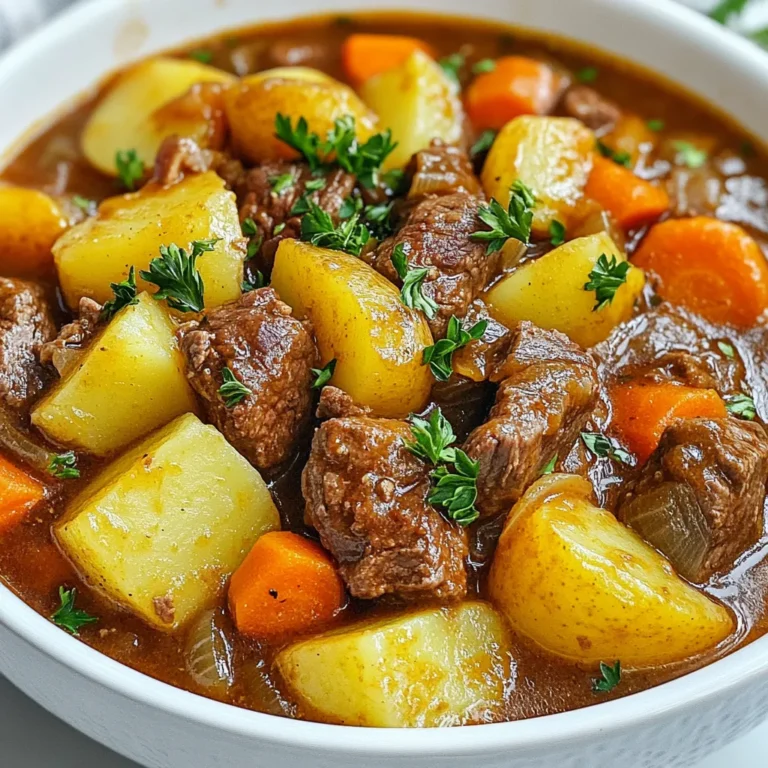 - 2 pounds beef chuck, cut into 1-inch cubes - 4 medium-sized potatoes, diced - 4 carrots, sliced - 1 large onion, chopped - 3 cloves garlic, minced - Optional: Fresh parsley for garnish Beef chuck is our star here. It has a nice fat content, making it tender. I love using potatoes for a filling base. Carrots and onion add sweetness and depth. Garlic gives that extra kick. Fresh parsley can brighten the dish if you choose to add it. - 4 cups beef broth - 2 tablespoons tomato paste - 2 teaspoons Worcestershire sauce - 1 teaspoon dried thyme - 1 teaspoon dried rosemary For the broth, I prefer beef broth for its rich flavor. Tomato paste thickens the stew while adding a lovely color. Worcestershire sauce adds umami, balancing the flavors. I use thyme and rosemary for that classic taste. These herbs bring warmth and comfort to the stew. - 2 tablespoons olive oil - Salt and pepper to taste Olive oil helps sear the beef well. This step is key to locking in juices. Salt and pepper are essential for seasoning. They enhance all the flavors in the dish. Remember, seasoning is key to a tasty stew! {{ingredient_image_1}} Searing the Beef Chunks Start by cutting 2 pounds of beef chuck into 1-inch cubes. Heat 2 tablespoons of olive oil in a large skillet over medium-high heat. Season the beef cubes with salt and pepper. Add them to the skillet and sear until they are browned on all sides, about 5 to 7 minutes. This step locks in flavor and gives the beef a nice color. Once done, remove the beef from the heat and set it aside. Seasoning Tips Use salt and pepper to season the beef. You can also try adding a sprinkle of garlic powder or onion powder for extra flavor. Make sure to coat all sides well. Good seasoning is key to a rich and tasty stew. Layering Vegetables and Beef In your crockpot, start by adding 4 diced medium-sized potatoes, 4 sliced carrots, 1 chopped large onion, and 3 minced garlic cloves. Make sure the veggies are evenly distributed. Then, place the browned beef on top of the vegetables. This layering helps the flavors blend as they cook. Whisking the Broth Mixture In a bowl, combine 4 cups of beef broth, 2 tablespoons of tomato paste, and 2 teaspoons of Worcestershire sauce. Add 1 teaspoon each of dried thyme and dried rosemary. Whisk this mixture well. Pour it over the beef and vegetables in the crockpot. This broth adds depth and richness to your stew. Low vs. High Cooking You can choose to cook the stew on low for 8 hours or on high for 4 hours. Cooking it low and slow helps the beef become very tender. If you’re short on time, the high setting works well too. Testing for Tenderness After cooking, check the beef with a fork. It should shred easily if it is tender. If it feels tough, let it cook a bit longer. You can also taste the stew and adjust the seasoning if needed. If you like a thicker stew, mix 1 tablespoon of cornstarch with 2 tablespoons of cold water. Stir this mixture into the stew and cook on high for an extra 30 minutes. To make your beef stew shine, use herbs like thyme and rosemary. These add depth and warmth to the dish. I also like to use bay leaves for a subtle taste. You can add a splash of red wine for a richer flavor, too. For marinades, I recommend a simple mix of soy sauce and garlic. This helps tenderize the beef and adds a savory note. Let the beef sit in the marinade for at least an hour. The longer, the better! If your stew is too thin, don’t worry! You can use cornstarch or flour. Just mix 1 tablespoon of cornstarch with 2 tablespoons of cold water. Stir this into the stew during the last 30 minutes of cooking. This will help thicken it nicely. If you want a richer texture, you can mash some potatoes into the stew. This will not only thicken it but also add a creamy feel. Just make sure to taste it after thickening. Adjust the seasoning as needed. For a great slow cooker, use one with a good seal. This helps keep moisture in, making your stew tender. A 6-quart model is perfect for this recipe. If you don’t have a Crockpot, you can use a Dutch oven. Just adjust cooking times. Cook on low heat on the stove or in the oven. Keep an eye on it, as it may need less time than in a Crockpot. Pro Tips Brown the Beef: Searing the beef before adding it to the crockpot enhances the flavor and adds depth to your stew. Layer Ingredients: Always layer your ingredients in the crockpot, starting with the heartier vegetables at the bottom to ensure even cooking. Thicken It Up: If you prefer a thicker stew, consider using cornstarch mixed with water as a thickening agent towards the end of cooking. Garnish for Freshness: Add fresh parsley or other herbs just before serving to brighten the dish and enhance its presentation. {{image_2}} You can swap beef for chicken or pork in this stew. Chicken thighs work well. They stay juicy and tender. Pork shoulder also adds great flavor. Just cut it into cubes like the beef. For a plant-based option, use mushrooms or jackfruit. Both add texture and soak up the flavors. You can also use lentils for a hearty and healthy choice. Lentils cook well and add protein. Seasonal veggies can really change this dish. Try butternut squash in the fall or zucchini in the summer. Both add sweetness and color. Peas or green beans can brighten up the stew, too. Adding greens like spinach or kale boosts the nutrition. Toss them in during the last hour of cooking. They will wilt nicely without losing their flavor. You can add global flavors to your stew. Try using soy sauce for an Asian twist. Or add cumin and coriander for a warm, spicy taste. Incorporating ingredients like red wine or beer can deepen the flavor. Add a cup of red wine before cooking. It makes the beef more tender. Beer can add a nice malty flavor, too. Just pick a stout or porter for the best results. How do I store leftovers? To store leftovers, let the stew cool first. Then, transfer it to an airtight container. Be sure to seal it tightly. This keeps the stew fresh and tasty for later. How long can I keep it? You can keep the beef stew in the fridge for up to three days. Make sure to eat it within that time for the best flavor. What are the best practices for freezing? Freezing beef stew is easy! Pour cooled stew into freezer-safe bags or containers. Leave some space at the top since the stew will expand when frozen. Label the bags with the date. How do I reheat it? To reheat, thaw the stew overnight in the fridge. Then, warm it on the stove or in the microwave. Stir it often to heat evenly. If it seems thick, add a splash of broth. What sides go well with beef stew? You can serve beef stew with many side dishes. Try mashed potatoes or buttery corn. A fresh salad also adds a nice crunch. What bread should I serve? For bread, consider crusty baguettes or soft dinner rolls. They soak up the stew's rich sauce perfectly. Enjoying them together makes for a cozy meal. Beef stew is great on its own, but sides can make it better. Here are some ideas: - Crusty Bread: A warm loaf is perfect for dipping. - Rice: White or brown rice adds a nice touch. - Mashed Potatoes: Creamy potatoes pair well with the stew. - Green Salad: A fresh salad lightens the meal. These sides balance the rich flavors of the stew. Yes, you can skip searing. It saves time and effort. Pros: - Easier and faster prep. - Less cleanup. Cons: - Searing adds depth to the flavor. - The meat may be less tender. If you want more flavor, sear the meat. It’s worth the extra steps. Cook it on low for 8 hours or on high for 4 hours. Low cooking gives the stew a rich flavor. High cooking is faster but can make the stew less tender. Always check the meat for tenderness before serving. Absolutely! Adding extra ingredients can enhance your stew. - Vegetables: Try mushrooms or peas for extra texture. - Herbs: Fresh herbs, like parsley, brighten the dish. - Beans: Add kidney or white beans for protein. Be careful with seasoning. Adding more ingredients may require adjusting salt and spices. Always taste as you go! This blog post covered key ingredients for beef stew, like beef chuck and vegetables. I shared steps for preparing and cooking in a crockpot, along with useful tips. You learned about variations, storage, and serving ideas. Beef stew is a versatile dish that can adapt to your taste. Experiment with flavors, ingredients, and cooking times to create your perfect bowl.
