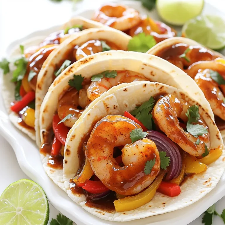 - 1 pound large shrimp, peeled and deveined - 1 tablespoon olive oil - 2 tablespoons BBQ sauce Large shrimp are perfect for this dish. They cook quickly and stay juicy. I love using fresh shrimp, but frozen shrimp work well too. Just make sure to thaw them properly. Olive oil adds richness and helps the shrimp cook evenly. Choose your favorite BBQ sauce for a unique flavor that you love. - 1 teaspoon smoked paprika - 1 teaspoon garlic powder - 1/2 teaspoon cayenne pepper (adjust for spice preference) - Salt and pepper to taste - 1 bell pepper (red or yellow), sliced - 1 red onion, sliced Seasoning is key to tasty shrimp tacos. Smoked paprika gives a nice, smoky flavor. Garlic powder adds depth without being too strong. If you like heat, cayenne pepper is great. Adjust it to your spice preference. The bell pepper and red onion add color and crunch. Slice them thin so they cook well with the shrimp. - 8 small flour or corn tortillas - Fresh cilantro, for garnish - Lime wedges, for serving Choose flour or corn tortillas based on your taste. Warm them in a skillet for the best texture. Fresh cilantro brightens the dish and adds a fresh taste. Don't forget lime wedges! They add a zesty kick that enhances the BBQ shrimp flavor. 1. First, preheat your oven to 400°F (200°C). This step ensures even cooking for the shrimp and veggies. 2. Next, in a large bowl, combine the shrimp with olive oil, BBQ sauce, smoked paprika, garlic powder, cayenne pepper, salt, and pepper. Toss the shrimp well so they are coated evenly with the seasonings. 1. On a large sheet pan, spread the sliced bell pepper and red onion evenly. Drizzle them with a little olive oil and season with salt and pepper. This will add great flavor to your veggies. 2. Now, add the seasoned shrimp on top of the vegetables. Make sure to spread them out. This helps them cook evenly. 3. Bake everything in the preheated oven for about 10 to 12 minutes. You’ll know they are done when the shrimp turn opaque and the veggies become tender. 1. While the shrimp and vegetables bake, warm your tortillas in a dry skillet over medium heat. Heat each side for about 30 seconds until they are soft. 2. Once cooked, take the sheet pan from the oven. Assemble your tacos by placing a generous spoonful of BBQ shrimp and veggies onto each tortilla. 3. Finish with fresh cilantro on top and serve with lime wedges on the side. The lime adds a bright, fresh flavor! - For tender shrimp, cook them for 10 to 12 minutes. - Avoid overcooking shrimp. They turn rubbery when cooked too long. - I recommend trying brands like Sweet Baby Ray's or Stubb's for BBQ sauce. - Add a dash of cumin or chili powder for a new twist. - Arrange tacos on a colorful platter for a fun look. - Pair with guacamole or a fresh slaw to balance flavors. {{image_2}} You can easily swap shrimp for veggies. This change makes a great vegetarian dish. Try using: - Zucchini, sliced - Mushrooms, sliced - Corn, fresh or frozen - Bell peppers, any color - Red onion, sliced These veggies soak up the BBQ sauce well. They add great texture and flavor. Just roast them like you would the shrimp. You can change the BBQ sauce for a new taste. Each sauce brings its unique flavor. Some options include: - Smoky chipotle - Sweet and tangy - Spicy honey mustard You can also add spices. A little cumin or chili powder can give your tacos a kick. For extra crunch, try toppings like: - Shredded cabbage - Diced tomatoes - Avocado slices If you want a lighter option, use lettuce wraps. They are fresh and fun. You can also try gluten-free tortillas. They work well for those with dietary needs. Whichever option you choose, get creative! Each variation can make the dish feel new and exciting. To store leftover tacos, place them in an airtight container. Keep them in the fridge. They taste best if eaten within two days. When reheating shrimp, avoid using the microwave if possible. Instead, warm them in a skillet over low heat. This keeps the shrimp juicy and prevents them from getting tough. You can freeze shrimp before cooking. Just place them in a freezer bag. Remove as much air as you can and seal tightly. For assembled tacos, it's best not to freeze them. The tortillas can get soggy when thawed. However, you can freeze just the shrimp and veggies. Reheat them on the stove when ready to eat. Stored properly, shrimp lasts about three days in the fridge. If frozen, they can last for up to three months. Always check for signs of spoilage. If the shrimp smells off or looks discolored, it’s best to throw it away. Freshness is key to enjoying your BBQ shrimp tacos! You can use both fresh and frozen shrimp. Fresh shrimp has a better flavor, but frozen shrimp is more convenient. If you choose frozen shrimp, make sure to thaw it before cooking. To thaw shrimp, place it in cold water for about 15-20 minutes. This keeps the shrimp firm and tasty. Yes, you can prepare the shrimp and veggies ahead of time. Mix the shrimp with the seasonings and store it in the fridge for up to 24 hours. You can also slice the bell pepper and onion in advance. This makes for quick cooking when you’re ready to eat. Just remember to warm the tortillas fresh for the best taste. For shrimp tacos, I recommend a BBQ sauce that has a balance of sweet and tangy flavors. Look for a sauce with a hint of smokiness to enhance the shrimp. Some great brands include Sweet Baby Ray’s or Stubbs. If you like to make your own, combine tomato sauce, brown sugar, vinegar, and a dash of smoked paprika for a tasty mix. This blog post guides you to make delicious BBQ shrimp tacos. You learned about the main ingredients like shrimp, seasoning, tortillas, and garnish. I shared easy steps to prepare and cook your meal, along with tips to enhance flavor and perfect shrimp. Plus, I offered variations for different diets and storage tips to keep leftovers fresh. Enjoy creating these tasty tacos, whether for a family dinner or meal prep! Your culinary adventure starts here, and you’ll impress everyone with your skills.