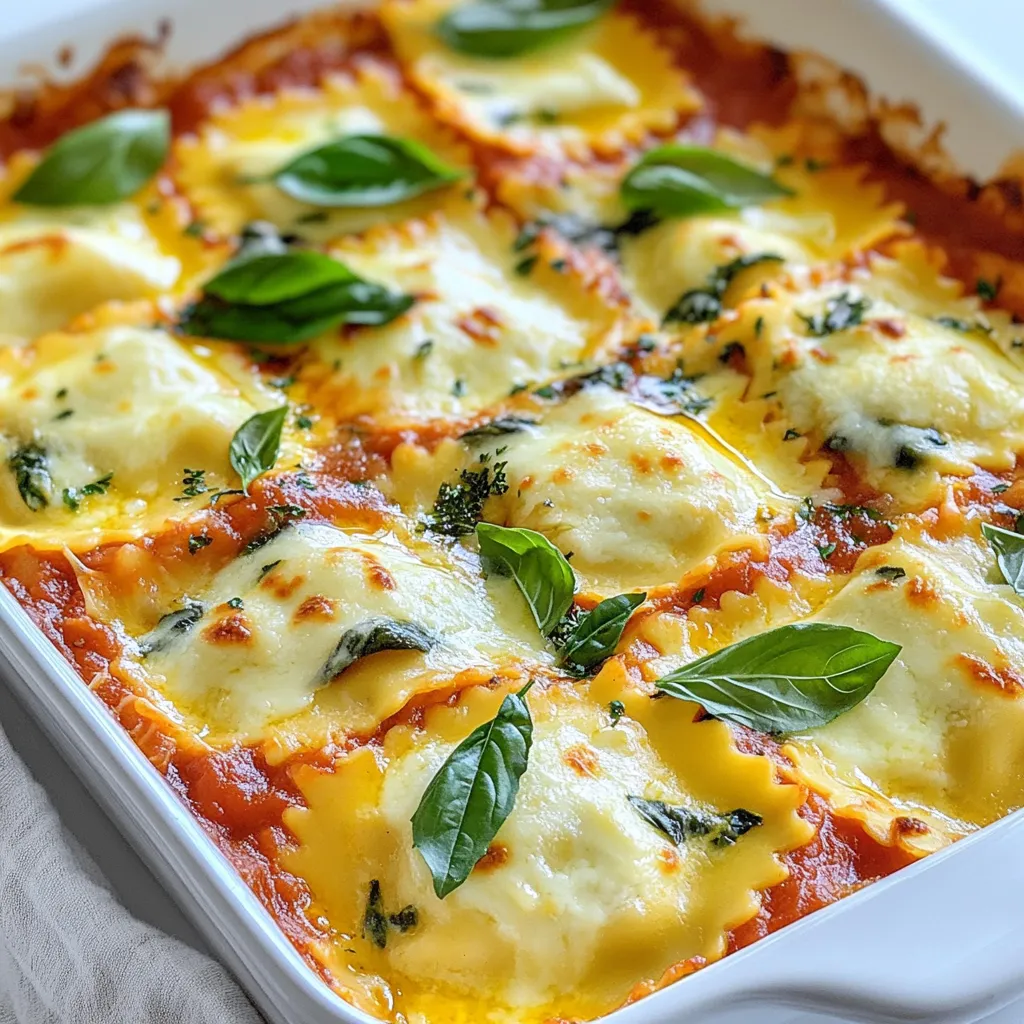 - 12 oz cheese-filled ravioli (fresh or frozen) - 2 cups fresh spinach, chopped - 1 cup ricotta cheese - 1 cup shredded mozzarella cheese - 1/2 cup grated Parmesan cheese - 1 cup marinara sauce To make this dish, start with cheese-filled ravioli, which you can find fresh or frozen. The ravioli gives the bake its tasty base. Fresh spinach adds a healthy touch and bright color. Ricotta cheese offers creaminess, while mozzarella brings that gooey melt. Don't forget the Parmesan for a salty kick. Marinara sauce ties everything together, adding a rich tomato flavor. - 1/2 tsp garlic powder - 1/2 tsp onion powder - 1/2 tsp red pepper flakes (optional) - Salt and pepper to taste - Olive oil for drizzling - Fresh basil leaves for garnish Seasonings are key to making this dish shine. Garlic powder and onion powder add depth. A pinch of red pepper flakes can spice things up, but it's optional. Always taste and adjust with salt and pepper. A drizzle of olive oil before baking adds a nice finish. Finally, fresh basil leaves on top brighten the dish and give a pop of flavor. {{ingredient_image_1}} First, set your oven to 375°F (190°C). While it heats, cook your ravioli. If you're using fresh ravioli, follow the package guide. For frozen ravioli, boil them for about 3-4 minutes. They should be soft but not mushy. Drain the ravioli and set them aside. In a large bowl, combine 2 cups of chopped spinach and 1 cup of ricotta cheese. Add 1/2 teaspoon of garlic powder, 1/2 teaspoon of onion powder, and salt and pepper to taste. If you like heat, sprinkle in some red pepper flakes. Mix everything well. You want a creamy filling that is packed with flavor. Grab a greased 9x13 inch baking dish. Start by spreading a thin layer of marinara sauce on the bottom. Place half of your cooked ravioli over the sauce. Next, spread half of the spinach filling on top. Sprinkle half of the mozzarella and Parmesan cheese over this layer. Repeat with the rest of the ravioli, spinach filling, marinara sauce, and top with the remaining cheese. If you love spice, add more red pepper flakes here. Drizzle a bit of olive oil on top of the dish. Cover it tightly with aluminum foil. Place it in the oven and bake for 20 minutes. After that, remove the foil. Bake for another 10-15 minutes. You want the cheese to be bubbly and golden brown. That’s when you know it’s ready! - Perfectly cook the ravioli: Boil fresh ravioli for about 3-4 minutes until they soften. If you use frozen, follow the package instructions. This keeps them tender and ready for baking. - Achieving a golden cheese topping: Bake covered for 20 minutes, then uncover for 10-15 more. This helps the cheese get bubbly and golden brown, making each bite more delicious. - Adding extra spices or herbs: Try adding Italian seasoning or fresh garlic. These will enhance the taste and give your dish extra depth. - Pairing with side dishes: A fresh side salad or garlic bread works great with this dish. They add crunch and balance the creamy ravioli. - Alternatives for ricotta and marinara: You can swap ricotta for cottage cheese or cream cheese. For marinara, use pesto or a white sauce if you like. - Dairy-free options for the recipe: Use vegan ricotta made from nuts. For cheese, try a dairy-free mozzarella. This way, everyone can enjoy the dish. Pro Tips Use Fresh Spinach: Fresh spinach provides a vibrant flavor and bright color to the dish. If you can find it, opt for fresh over frozen for the best results. Layer Wisely: Make sure to layer the ingredients evenly. This ensures that every bite has a perfect balance of flavors and textures. Cheese Variations: Feel free to experiment with different cheeses. Adding a blend of mozzarella and provolone or using goat cheese can elevate the dish. Let it Rest: Allow the ravioli bake to cool for a few minutes before serving. This helps the layers set and makes it easier to serve. {{image_2}} You can add more veggies to your dish. Try adding mushrooms, bell peppers, or zucchini. Sauté these vegetables before mixing them with the spinach. This gives a rich taste and adds more color. You can also toss in some chopped kale or broccoli for extra nutrition. For those who love meat, you can add chicken or sausage. Cook the chicken ahead of time and shred it. If you prefer sausage, use Italian sausage for a nice kick. Mix the meat into the spinach filling or layer it with the ravioli. This will boost the flavor and make the meal heartier. Changing the cheese can transform your dish. Use a mix of cheeses like fontina, goat cheese, or cheddar. Each cheese adds a unique twist. For a tangy flavor, try goat cheese. For a creamier texture, use fontina. Mixing cheeses can make your ravioli bake even more delightful! To store leftovers, let the dish cool down first. Cover it tightly with plastic wrap or transfer it to an airtight container. This keeps the creamy spinach ricotta ravioli bake fresh in the fridge for up to three days. When you're ready to enjoy it again, simply take it out and reheat. Freezing baked ravioli is easy! First, let the dish cool completely. Then, cut it into portions. Wrap each piece tightly in plastic wrap, and then place them in a freezer bag. You can freeze the baked ravioli for up to three months. Label the bags with the date so you know when you made it. To reheat, I recommend using the oven for the best taste. Preheat the oven to 350°F (175°C). Remove the cover from the dish and place it in the oven. Heat it for about 20-25 minutes or until it's hot and bubbly. You can also use the microwave for a quicker option. Just heat it in short bursts, checking often to make sure it heats evenly. Enjoy your dish like it was freshly baked! Yes, you can! Ravioli comes in many flavors. You can choose cheese, meat, or vegetable fillings. Each type changes the taste and feel of the dish. For a twist, try mushroom ravioli or butternut squash ravioli. These options add depth and flavor. Just make sure the ravioli is fresh or frozen, as they cook differently. Look for a bubbly top. The cheese should be golden brown. You can poke a fork in the dish to check if it's hot inside. If the cheese melts and bubbles, it’s ready. Let it sit for a few minutes after baking. This helps it set up nicely. Absolutely, making this dish ahead is easy. You can prepare it the night before. Just cover it and keep it in the fridge. When you're ready to bake, take it out and add a few extra minutes to the cook time. This way, you save time on busy days and still enjoy a great meal. This recipe for cheese-filled ravioli bake gives you a tasty dish with fresh spinach and gooey cheese. You learned how to prepare, layer, and bake this meal step by step. Always remember to mix flavors and try new ingredients to suit your taste. Storing leftovers or freezing parts allows you to enjoy this dish later. With each bite, you'll love the simple joy of homemade cooking. Dive in and make your version of this easy and delicious ravioli bake!